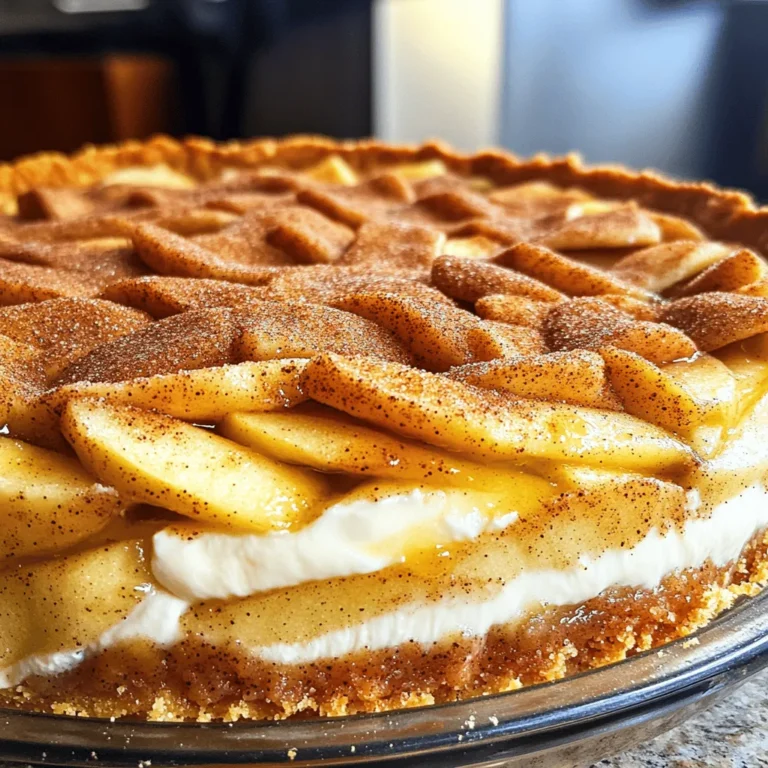 To make this delightful pie, you will need the following ingredients: - For the Crust: - 1 ½ cups all-purpose flour - ½ cup unsalted butter, softened - ¼ cup granulated sugar - 1 large egg - 1 teaspoon vanilla extract - ½ teaspoon baking powder - Pinch of salt - For the Filling: - 4 medium apples (like Granny Smith or Honeycrisp), peeled, cored, and sliced - ½ cup brown sugar - 1 teaspoon cinnamon - ¼ teaspoon nutmeg - 1 tablespoon lemon juice - For the Cream Cheese Layer: - 8 oz cream cheese, softened - ½ cup powdered sugar - 1 teaspoon vanilla extract - Snickerdoodle Topping: - ¼ cup granulated sugar - 1 teaspoon cinnamon - 1 tablespoon unsalted butter, melted You can easily swap some ingredients if you need to. For the crust, you can use gluten-free flour instead of all-purpose flour. If you want a dairy-free pie, try using vegan butter in the crust and a dairy-free cream cheese substitute. For apples, you can use any sweet or tart variety you like, such as Fuji or Braeburn. If you don’t have brown sugar, white sugar works too, but it may change the flavor a bit. When picking apples, look for firm ones. They should feel heavy for their size. Avoid any with bruises or soft spots. Granny Smith apples give a nice tart flavor. Honeycrisp apples add sweetness and crunch. Mixing different apples can give your pie a more complex taste. Always taste an apple before buying it to ensure it’s sweet enough for your pie. For the complete recipe, check the Full Recipe section! Start by mixing the softened butter and granulated sugar in a bowl. You want it creamy and smooth. Next, add the egg and vanilla extract. In another bowl, whisk the flour, baking powder, and salt. Slowly add this dry mix to the wet mix. Stir until just combined. Shape the dough into a disc and wrap it in plastic. Chill it in the fridge for about 30 minutes. This step helps your crust stay flaky. While your crust chills, prepare the filling. Take four medium apples and peel, core, and slice them. Toss those apple slices with brown sugar, cinnamon, nutmeg, and lemon juice in a large bowl. Make sure each slice is well coated. Set the filling aside and let the flavors blend together. Once your crust is ready, preheat your oven to 375°F (190°C). Roll out the chilled dough on a floured surface until it's large enough for a 9-inch pie pan. Transfer the crust to the pie pan and trim off any extra dough. Next, spread the cream cheese mixture evenly over the crust. Layer the apple filling on top of the cream cheese. For the snickerdoodle topping, mix sugar and cinnamon in a small bowl. Sprinkle this over the apples and drizzle melted butter on top. Now, it's ready for baking. For the full recipe and all the details, check the Snickerdoodle Cream Cheese Apple Pie 🥧 section. To make a flaky crust, keep your butter cold. Use unsalted butter, and cut it into small pieces. Blend it into the flour gently. You want small bits of butter to stay in the dough. This helps create layers. After mixing, chill the dough for at least 30 minutes. This step is key. It keeps the crust from shrinking when baking. You can adjust the spices to make the pie your own. If you love cinnamon, feel free to add more. Try adding a dash of ginger for a warm kick. If nutmeg isn’t your favorite, leave it out. Taste the filling before you bake it. This way, you can find the right balance of flavors that you enjoy most. Baking is both an art and a science. Make sure your oven is preheated to 375°F (190°C) before placing the pie in. This helps the crust rise and brown nicely. Use a pie shield or aluminum foil to cover the edges if they brown too quickly. Check the pie after 30 minutes. If the apples are soft and the crust is golden, it’s done. Let it cool for about 15 minutes before slicing. This helps the filling set. For the full recipe, check out the detailed instructions above. {{image_2}} If you need a gluten-free crust, use almond flour or coconut flour. Mix one cup of almond flour with 1/4 cup of melted butter. Add one egg and a pinch of salt. Blend it well. Press the dough into your pie pan. This will give you a tasty and safe option. While apples are classic, try other fruits too. Pears add a sweet twist. Cherries give a nice tartness. You can even mix fruits for more flavor. Just keep the spices, like cinnamon, to balance the sweetness. Nuts can add a great crunch! Walnuts or pecans work well. Chop them up and sprinkle them on top of the apple layer. You can also add oats to the topping for texture. This makes the pie even more delightful. For the full recipe, check out the Snickerdoodle Cream Cheese Apple Pie instructions above. To keep your leftover pie fresh, place it in the fridge. Use an airtight container or cover it with plastic wrap. This keeps the pie moist and tasty. It will last up to four days in the fridge. Make sure to slice the pie before storing. This way, it’s easy to grab a piece later. Freezing the pie works well too. First, let the pie cool completely. Wrap it tightly in plastic wrap. Then, place it in a freezer-safe bag or container. Write the date on it. This pie can last up to three months in the freezer. When you are ready to eat it, thaw it overnight in the fridge. For reheating, preheat your oven to 350°F (175°C). Place the pie in the oven for about 15-20 minutes. This warms it up without making it soggy. If you want, you can use the microwave. Heat it in 30-second bursts until warm. Enjoy the warm, creamy, and spiced goodness of your Snickerdoodle Cream Cheese Apple Pie again! Check the Full Recipe to enjoy this treat from scratch. Yes, you can make the crust ahead of time. Prepare it as directed. After rolling it out, wrap it in plastic wrap. Store it in the fridge for up to two days. If you want to freeze it, wrap it well and store it for up to three months. Just remember to let it thaw in the fridge overnight before using. The pie stays fresh in the fridge for about five days. Make sure to cover it well with plastic wrap or foil. This helps keep it moist and tasty. If you want to keep it longer, I suggest freezing it. The flavors still shine even after freezing and reheating. You can serve this pie with a dollop of whipped cream. Vanilla ice cream is another great option. It adds a nice creaminess that pairs well with the pie's flavors. Caramel sauce drizzled on top can also enhance the flavor. If you want to keep it light, serve it with a scoop of fresh fruit salad. Enjoy your delicious creations with friends and family! For the complete recipe, check out the Full Recipe. In this post, we explored how to make a Snickerdoodle Cream Cheese Apple Pie. We covered essential ingredients and substitutes, along with tips for choosing apples. You learned how to prepare the crust, fill the pie, and assemble it perfectly. We shared tricks for a flaky crust and ways to adjust spices to fit your taste. Lastly, we discussed storage, freezing, and reheating techniques. This pie is a delightful treat. By following these steps, you can impress everyone with your baking skills. Enjoy your tasty creation!