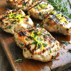 - 4 boneless, skinless chicken breasts - 1/4 cup olive oil - 2 lemons (zest and juice) - 4 cloves garlic, minced - Fresh herbs: rosemary, thyme - Seasonings: salt, pepper, dried oregano The ingredients for Zesty Lemon Herb Chicken are fresh and simple. Each one brings its own flavor. The chicken is the star, tender and juicy. Olive oil adds richness and helps the herbs stick. Lemons provide a bright, tangy taste that wakes up your palate. Garlic gives a warm, savory note to the dish. Herbs like rosemary and thyme add depth. They work well with the chicken and lemon. The salt and pepper balance the flavors. Dried oregano gives a hint of earthiness. Together, these ingredients create a delightful medley. - Zest of 1 lemon - Fresh parsley, chopped For garnish, you can use lemon zest. It adds brightness to the plate. Fresh parsley gives a pop of green. This makes the dish look beautiful and fresh. Both garnishes enhance the flavors too. They make your meal not just tasty, but also pretty. If you want the full recipe, you can check out the details to make this dish shine! To start, we need to make the marinade. In a large bowl, combine: - 1/4 cup olive oil - Zest and juice of 2 lemons - 4 minced garlic cloves - 1 tablespoon chopped rosemary - 1 tablespoon chopped thyme - 1 teaspoon dried oregano - Salt and pepper to taste Mix these well. This mix brings out fresh, bright flavors. Next, add the chicken breasts. Make sure each piece is coated well. Cover the bowl or use a resealable bag. Refrigerate for at least 30 minutes. For better taste, marinate for 2 hours. This step is key for juicy, flavorful chicken. Now, let’s get ready to cook. You can grill or bake the chicken. If grilling, preheat your grill over medium-high heat. For baking, set your oven to 400°F (200°C). These temperatures help cook the chicken evenly and lock in flavors. When your grill or oven is ready, take the chicken out. Let any extra marinade drip off. If grilling, place the chicken on the grill. Cook for about 6-7 minutes per side. Use a meat thermometer to check the internal temperature. It should reach 165°F (75°C). If baking, place the chicken on a baking sheet. Bake for 20-25 minutes. Once cooked, let the chicken rest for 5 minutes. This helps keep it juicy. Finally, slice the chicken and add lemon zest and fresh parsley for a lovely finish. Enjoy your tasty dish! To make your Zesty Lemon Herb Chicken truly shine, marination is key. A good marinade tenderizes the chicken and infuses it with flavor. Here are some tips: - Use fresh ingredients: Fresh herbs like rosemary and thyme add more flavor than dried ones. - Let it soak: Marinate the chicken for at least 30 minutes. For the best taste, aim for 2 hours. Want extra zest? Add a pinch of red pepper flakes. This small change gives your dish a fun kick. You can also experiment with different herbs. Try basil or cilantro for a fresh twist! You can cook this chicken in several ways. Grilling is popular, but pan-searing works great too. Here are some tips for both methods: - For grilling: Preheat your grill to medium-high heat. This helps get those beautiful grill marks. - For pan-searing: Use a cast-iron skillet for even cooking and nice browning. To achieve perfect grill marks, don’t flip the chicken too soon. Let it cook for about 6-7 minutes on each side. Pair your Zesty Lemon Herb Chicken with tasty side dishes. Some great options include: - Grilled vegetables: They add color and a smoky flavor. - Rice or quinoa: These grains soak up the chicken juices well. For drinks, a crisp white wine like Sauvignon Blanc pairs perfectly. Its acidity balances the chicken’s zest. Enjoy your meal with these simple yet delicious side options! {{image_2}} You can switch chicken for turkey or tofu. Turkey works well with the same marinade. It gives a different but tasty flavor. Tofu is a great plant-based option. For tofu, use firm or extra-firm varieties. Marinate it just like chicken. Let it soak for at least 30 minutes. This way, it absorbs all the delicious flavors. Feel free to adjust the herbs in this recipe. If you love basil or dill, try them too! Adding spicy elements can kick things up a notch. A pinch of red pepper flakes adds heat. You can also mix in different citrus fruits. Try lime or orange juice for a fresh twist. Each choice changes the dish's flavor and keeps it exciting. You can make this recipe gluten-free easily. Just double-check your olive oil and seasonings. For a paleo diet, skip the dried oregano. Focus on fresh herbs instead. If you're watching calories, use less oil. You can also grill the chicken without marinade for a lighter taste. These options let everyone enjoy this dish, no matter their diet. For the complete cooking guide, refer to the Full Recipe. To store leftover Zesty Lemon Herb Chicken, place it in an airtight container. This keeps the chicken fresh and prevents odors. You can keep it in the fridge for up to three days. If you want to enjoy it later, make sure it cools down first. Don't let it sit out for more than two hours. This helps keep harmful bacteria away. If you want to freeze cooked chicken, wrap it tightly in plastic wrap or foil. You can also use a freezer bag. This keeps air out and saves flavor. It can last in the freezer for up to three months. When you’re ready to enjoy your frozen chicken, thaw it in the fridge overnight. To reheat, place it in the oven at 350°F (175°C) until heated through. This ensures it stays juicy and tasty. Always check the internal temperature to be sure it's safe to eat. To ensure the chicken is fully cooked, check its internal temperature. Use a meat thermometer and look for 165°F (75°C). This temperature kills any harmful bacteria. Always check the thickest part of the chicken. If it reaches this temperature, you can safely enjoy your Zesty Lemon Herb Chicken. Yes, you can marinate the chicken overnight. In fact, extended marination makes the chicken more flavorful and tender. The longer it sits in the marinade, the more the flavors soak in. Just be sure to keep it in the fridge while marinating. This helps maintain freshness and safety. Many sides go well with Zesty Lemon Herb Chicken. Here are some great options: - Roasted vegetables: Carrots, broccoli, or asparagus add color and nutrition. - Rice: Lemon or herb rice can enhance the dish. - Salad: A fresh green salad adds crunch and balance. - Potatoes: Mashed or roasted potatoes complement the chicken nicely. Feel free to mix and match these sides for a complete meal. Enjoy! In this article, we explored how to create a tasty Zesty Lemon Herb Chicken. We discussed key ingredients, marinating techniques, and cooking methods. I shared tips for enhancing flavor and suggested variations to suit different diets. In the end, this dish is simple yet delicious. Remember, the right marinade and cooking technique can elevate any meal. Enjoy experimenting with this recipe, and don’t hesitate to make it your own!