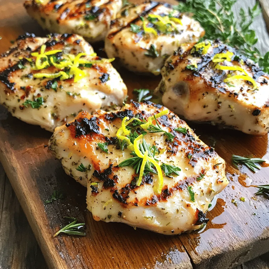 - 4 boneless, skinless chicken breasts - 1/4 cup olive oil - 2 lemons (zest and juice) - 4 cloves garlic, minced - Fresh herbs: rosemary, thyme - Seasonings: salt, pepper, dried oregano The ingredients for Zesty Lemon Herb Chicken are fresh and simple. Each one brings its own flavor. The chicken is the star, tender and juicy. Olive oil adds richness and helps the herbs stick. Lemons provide a bright, tangy taste that wakes up your palate. Garlic gives a warm, savory note to the dish. Herbs like rosemary and thyme add depth. They work well with the chicken and lemon. The salt and pepper balance the flavors. Dried oregano gives a hint of earthiness. Together, these ingredients create a delightful medley. - Zest of 1 lemon - Fresh parsley, chopped For garnish, you can use lemon zest. It adds brightness to the plate. Fresh parsley gives a pop of green. This makes the dish look beautiful and fresh. Both garnishes enhance the flavors too. They make your meal not just tasty, but also pretty. If you want the full recipe, you can check out the details to make this dish shine! To start, we need to make the marinade. In a large bowl, combine: - 1/4 cup olive oil - Zest and juice of 2 lemons - 4 minced garlic cloves - 1 tablespoon chopped rosemary - 1 tablespoon chopped thyme - 1 teaspoon dried oregano - Salt and pepper to taste Mix these well. This mix brings out fresh, bright flavors. Next, add the chicken breasts. Make sure each piece is coated well. Cover the bowl or use a resealable bag. Refrigerate for at least 30 minutes. For better taste, marinate for 2 hours. This step is key for juicy, flavorful chicken. Now, let’s get ready to cook. You can grill or bake the chicken. If grilling, preheat your grill over medium-high heat. For baking, set your oven to 400°F (200°C). These temperatures help cook the chicken evenly and lock in flavors. When your grill or oven is ready, take the chicken out. Let any extra marinade drip off. If grilling, place the chicken on the grill. Cook for about 6-7 minutes per side. Use a meat thermometer to check the internal temperature. It should reach 165°F (75°C). If baking, place the chicken on a baking sheet. Bake for 20-25 minutes. Once cooked, let the chicken rest for 5 minutes. This helps keep it juicy. Finally, slice the chicken and add lemon zest and fresh parsley for a lovely finish. Enjoy your tasty dish! To make your Zesty Lemon Herb Chicken truly shine, marination is key. A good marinade tenderizes the chicken and infuses it with flavor. Here are some tips: - Use fresh ingredients: Fresh herbs like rosemary and thyme add more flavor than dried ones. - Let it soak: Marinate the chicken for at least 30 minutes. For the best taste, aim for 2 hours. Want extra zest? Add a pinch of red pepper flakes. This small change gives your dish a fun kick. You can also experiment with different herbs. Try basil or cilantro for a fresh twist! You can cook this chicken in several ways. Grilling is popular, but pan-searing works great too. Here are some tips for both methods: - For grilling: Preheat your grill to medium-high heat. This helps get those beautiful grill marks. - For pan-searing: Use a cast-iron skillet for even cooking and nice browning. To achieve perfect grill marks, don’t flip the chicken too soon. Let it cook for about 6-7 minutes on each side. Pair your Zesty Lemon Herb Chicken with tasty side dishes. Some great options include: - Grilled vegetables: They add color and a smoky flavor. - Rice or quinoa: These grains soak up the chicken juices well. For drinks, a crisp white wine like Sauvignon Blanc pairs perfectly. Its acidity balances the chicken’s zest. Enjoy your meal with these simple yet delicious side options! {{image_2}} You can switch chicken for turkey or tofu. Turkey works well with the same marinade. It gives a different but tasty flavor. Tofu is a great plant-based option. For tofu, use firm or extra-firm varieties. Marinate it just like chicken. Let it soak for at least 30 minutes. This way, it absorbs all the delicious flavors. Feel free to adjust the herbs in this recipe. If you love basil or dill, try them too! Adding spicy elements can kick things up a notch. A pinch of red pepper flakes adds heat. You can also mix in different citrus fruits. Try lime or orange juice for a fresh twist. Each choice changes the dish's flavor and keeps it exciting. You can make this recipe gluten-free easily. Just double-check your olive oil and seasonings. For a paleo diet, skip the dried oregano. Focus on fresh herbs instead. If you're watching calories, use less oil. You can also grill the chicken without marinade for a lighter taste. These options let everyone enjoy this dish, no matter their diet. For the complete cooking guide, refer to the Full Recipe. To store leftover Zesty Lemon Herb Chicken, place it in an airtight container. This keeps the chicken fresh and prevents odors. You can keep it in the fridge for up to three days. If you want to enjoy it later, make sure it cools down first. Don't let it sit out for more than two hours. This helps keep harmful bacteria away. If you want to freeze cooked chicken, wrap it tightly in plastic wrap or foil. You can also use a freezer bag. This keeps air out and saves flavor. It can last in the freezer for up to three months. When you’re ready to enjoy your frozen chicken, thaw it in the fridge overnight. To reheat, place it in the oven at 350°F (175°C) until heated through. This ensures it stays juicy and tasty. Always check the internal temperature to be sure it's safe to eat. To ensure the chicken is fully cooked, check its internal temperature. Use a meat thermometer and look for 165°F (75°C). This temperature kills any harmful bacteria. Always check the thickest part of the chicken. If it reaches this temperature, you can safely enjoy your Zesty Lemon Herb Chicken. Yes, you can marinate the chicken overnight. In fact, extended marination makes the chicken more flavorful and tender. The longer it sits in the marinade, the more the flavors soak in. Just be sure to keep it in the fridge while marinating. This helps maintain freshness and safety. Many sides go well with Zesty Lemon Herb Chicken. Here are some great options: - Roasted vegetables: Carrots, broccoli, or asparagus add color and nutrition. - Rice: Lemon or herb rice can enhance the dish. - Salad: A fresh green salad adds crunch and balance. - Potatoes: Mashed or roasted potatoes complement the chicken nicely. Feel free to mix and match these sides for a complete meal. Enjoy! In this article, we explored how to create a tasty Zesty Lemon Herb Chicken. We discussed key ingredients, marinating techniques, and cooking methods. I shared tips for enhancing flavor and suggested variations to suit different diets. In the end, this dish is simple yet delicious. Remember, the right marinade and cooking technique can elevate any meal. Enjoy experimenting with this recipe, and don’t hesitate to make it your own!
