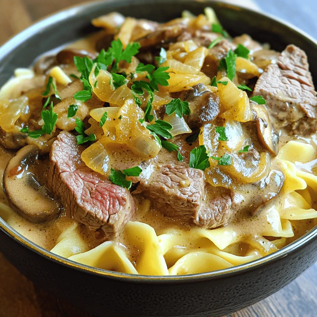 To make a great Beef Stroganoff, you need a few key ingredients: - 1 lb beef sirloin, thinly sliced - 1 medium onion, finely chopped - 2 cloves garlic, minced - 8 oz mushrooms, sliced (cremini or button) - 2 cups beef broth - 1 cup sour cream The beef sirloin gives the dish its rich flavor. The onion and garlic add depth. Mushrooms bring in a nice texture that complements the beef. The broth and sour cream create a creamy sauce that binds everything together. Next, we have the seasonings and garnishes. These ingredients make the dish shine: - 3 tablespoons Worcestershire sauce - 2 tablespoons olive oil - Salt and pepper, to taste - Fresh parsley, chopped (for garnish) Worcestershire sauce adds a savory kick. Olive oil helps to brown the meat and vegetables. Salt and pepper enhance all the flavors. A sprinkle of fresh parsley at the end makes your dish look beautiful and fresh. Now, let’s talk about how to serve your Beef Stroganoff: - Egg noodles or rice - Suggested sides for a complete meal Egg noodles are traditional in this dish. They soak up the sauce nicely. Rice is a great option too, providing a different texture. You can add sides like steamed vegetables or a crisp salad for a well-rounded meal. For the full recipe, check out the Ultimate Beef Stroganoff. First, grab a large skillet and heat it over medium-high heat. Add 2 tablespoons of olive oil. When the oil is hot, add 1 pound of thinly sliced beef sirloin. Let it cook for about 3-4 minutes. You want it to brown nicely on all sides. Once it’s browned, take the beef out of the skillet and set it aside for later. This step is key, as it locks in the flavor. In the same skillet, add 1 medium onion that you’ve finely chopped. Sauté it for 2-3 minutes until it turns translucent. Next, toss in 2 cloves of minced garlic and 8 ounces of sliced mushrooms. Cook this mixture for another 5-7 minutes. The mushrooms should be golden brown and release their moisture. This adds great depth to our dish. Now, sprinkle 2 tablespoons of all-purpose flour over the onion and mushroom mix. Stir it all together, cooking for about 1-2 minutes. This helps to remove the raw flour taste. Gradually pour in 2 cups of beef broth and 3 tablespoons of Worcestershire sauce. Whisk it all together, bringing it to a simmer. Let it thicken for about 5 minutes. Next, reduce the heat to low and stir in 1 cup of sour cream. Make sure it’s fully mixed in. Finally, return the cooked beef to the skillet, gently stirring until it’s heated through. Season with salt and pepper to taste. This is where the magic happens, bringing all the flavors together. Serve this delicious Beef Stroganoff over cooked egg noodles or rice. For the full recipe, refer back to the earlier section. Enjoy your meal! To make tender beef, choose sirloin. Slice it thinly against the grain. This helps break down the muscle fibers. Cook it quickly over high heat. Remove the beef from the pan as soon as it browns. This keeps it juicy. For sautéing vegetables, use medium heat. Start with onions. Cook them until they turn soft and clear. Then add garlic and mushrooms. Cook until the mushrooms are golden brown. This step builds great flavor. You can add spices to boost the flavor. A pinch of paprika adds warmth. Try a bit of thyme for herbal notes. If you want more zing, add a dash of hot sauce. If you wish to swap ingredients, consider different mushrooms. Shiitake or portobello can add unique taste. You can also use Greek yogurt instead of sour cream. This gives a nice tang and cuts calories. Garnish your Beef Stroganoff with fresh parsley. Chop it finely for a bright touch. You can serve the dish in wide, shallow bowls. This way, the rich sauce spreads out nicely. Pair your Beef Stroganoff with a side of steamed vegetables. Broccoli or green beans work well. This adds color and makes the plate look beautiful. For a pop of color, add some cherry tomatoes or sliced radishes. To find the full recipe, check out the Ultimate Beef Stroganoff. {{image_2}} You can switch up the beef in Beef Stroganoff. Chicken and pork work well as substitutes. If you use chicken, look for thin slices of breast or thighs. Cook them until golden, just like the beef. For pork, tenderloin or shoulder is a good choice. If you're aiming for a vegetarian version, mushrooms can take the lead. Use a mix of mushrooms for texture and flavor. You can also try tofu or tempeh, marinated and sautéed. These options still give you a great taste. To make your Beef Stroganoff pop, add some herbs or spices. Fresh thyme or rosemary can boost the taste. For a bit of heat, consider red pepper flakes. These small changes can make a big difference. You can also add different vegetables. Carrots or peas can bring color and sweetness. Sauté these veggies with the onions and garlic. This way, they soak up all the flavors. How you serve Beef Stroganoff can change the meal. You can serve it over egg noodles or rice. Egg noodles are classic, but rice adds a nice twist. Try both to see what you like best! For side dishes, think outside the box. Steamed green beans or a fresh salad pair well. Crusty bread is another great option to soak up the sauce. These creative sides can make your meal more hearty and special. For the full recipe, check out the Ultimate Beef Stroganoff. To store leftovers safely, let the Beef Stroganoff cool down first. Place it in an airtight container. This will keep out air and moisture, which can cause spoilage. Store it in the fridge for up to three days. When reheating, use a stovetop or microwave. For the stovetop, add a splash of broth to keep it moist. Heat it gently over low heat. Stir often to make sure it warms evenly. If using a microwave, heat in short bursts. Stir in between to avoid hot spots. You can freeze Beef Stroganoff for longer storage. Make sure it’s cool before freezing. Use a freezer-safe container or heavy-duty freezer bag. Label it with the date. Beef Stroganoff can last up to three months in the freezer. When it’s time to eat, defrost it in the fridge overnight. This method keeps the texture smooth. Avoid defrosting in the microwave, as it can change the sauce's quality. Beef Stroganoff stays fresh in the fridge for about three days. After that, it might spoil. Check for signs of spoilage. If you see mold or if it smells off, throw it away. Always trust your senses with food safety. For the full recipe, check the Ultimate Beef Stroganoff section. The best cut of beef for stroganoff is beef sirloin. It has great flavor and stays tender. You can also use tenderloin or flank steak. These cuts cook quickly and stay juicy. When you slice them thinly, they absorb the sauce well. Yes, you can make beef stroganoff ahead of time. Cook the beef and sauce, then cool it down. Store it in the fridge for up to three days. When you are ready to serve, just reheat it gently on the stove. Add a bit of broth to keep it moist. Beef stroganoff pairs well with egg noodles or rice. Both options soak up the sauce nicely. You can also serve it with steamed veggies or a green salad. For a heartier meal, add some crusty bread. To thicken the sauce, use flour or cornstarch. After cooking the beef and veggies, sprinkle flour and stir well. Cook for a minute before adding broth. You can also let it simmer longer to reduce the sauce. If it’s too thick, just add a little broth or water. Beef Stroganoff blends rich flavors and quick cooking steps. You learned about classic ingredients like beef, onions, and mushrooms. We explored tips for cooking tender beef and ways to enhance the flavor. You can serve it over egg noodles or rice for a complete meal. Experiment with variations like chicken or vegetarian options. Proper storage tips can help you enjoy leftovers later. Now, you’re ready to create your own delicious Beef Stroganoff, impressing family and friends with ease. Enjoy every bite!