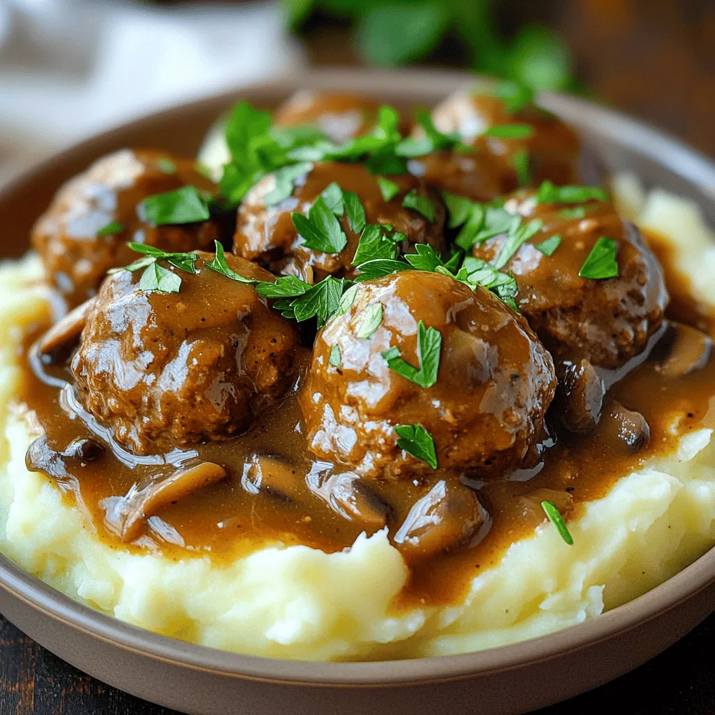 - 1 lb ground beef - ½ lb ground pork - 1 cup breadcrumbs - 1 small onion, finely chopped - 1 garlic clove, minced - 1 large egg - 2 teaspoons Worcestershire sauce - 1 teaspoon Dijon mustard - Salt and pepper to taste - 1 tablespoon olive oil - 2 cups beef broth - 1 cup mushrooms, sliced - 2 tablespoons cornstarch (optional, for thickening) - Fresh parsley, chopped (for garnish)