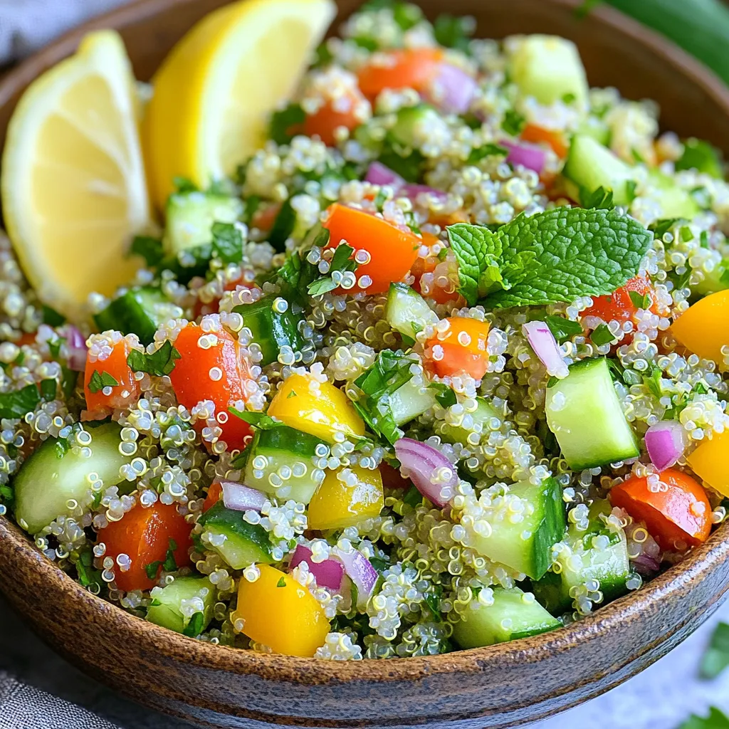 - 1 cup quinoa, rinsed - 2 cups water - 1 cup fresh parsley, finely chopped - 1/2 cup fresh mint, finely chopped - 2 medium tomatoes, diced - 1 cucumber, diced - 1/4 cup red onion, finely chopped - 1/4 cup olive oil - 1/4 cup lemon juice - Salt and pepper to taste - Feta cheese (for garnish) - Avocado (for creaminess) - Pomegranate seeds (for sweetness) Quinoa tabbouleh is fresh and packed with flavor. You need key ingredients for this salad. First, the quinoa gives it a hearty base. Rinse it well to remove any bitterness. Then, cook it with water. This makes the quinoa fluffy and light. Next, you need fresh herbs. Parsley and mint add a bright taste. Chop them finely to release their oils. They will mix well with the quinoa. You also need diced tomatoes and cucumber. These add a juicy crunch to the dish. The red onion gives a nice bite. For the dressing, olive oil and lemon juice create a zesty blend. Add salt and pepper to taste. This dressing ties all the flavors together. You can also customize your salad. Feta cheese adds creaminess. Avocado makes it smooth and rich. Pomegranate seeds give a sweet pop. You can find the full recipe [here](#). Enjoy making this healthy quinoa tabbouleh! - Combine rinsed quinoa and water in a medium saucepan. - Bring to a boil over high heat. - Reduce heat, cover, and simmer for 15 minutes. Cooking quinoa is simple. First, rinse your quinoa to remove any bitter taste. Place it in a medium saucepan with water. Heat it on high until it boils. Once boiling, turn down the heat, cover, and let it simmer for about 15 minutes. The quinoa will absorb all the water and become fluffy. - Chop parsley, mint, tomatoes, cucumber, and red onion. - Mix the chopped vegetables in a large bowl. While the quinoa cooks, chop your veggies. Use fresh parsley and mint for a bright flavor. Dice the tomatoes and cucumber into small pieces. Finely chop the red onion. Once everything is ready, mix the vegetables in a large bowl. This colorful mix will bring your salad to life! - Fluff quinoa and mix with vegetables. - Whisk dressing ingredients and combine with the salad. - Let sit in the refrigerator before serving. After 15 minutes, fluff the quinoa with a fork. Now, add it to the bowl of chopped vegetables. For the dressing, whisk olive oil, lemon juice, salt, and pepper in a small bowl. Drizzle the dressing over the quinoa and veggies. Toss gently until everything is well mixed. Let the salad chill in the refrigerator for at least 30 minutes. This helps the flavors blend beautifully. Enjoy your Healthy Quinoa Tabbouleh! For the full recipe, check the instructions above. To get the best quinoa, rinse it before cooking. This rinsing removes any bitterness. After cooking, let the quinoa cool completely. Mixing warm quinoa with the fresh veggies can make them soggy. Want more taste in your tabbouleh? Add minced garlic or sliced scallions. You can also play with spices. Cumin and paprika add nice warmth and depth. Just a pinch can change the whole dish. You can make this salad ahead of time. Store it in the fridge in a sealed container. This helps the flavors blend together. For meal prep, divide it into portions. This makes it easy to grab and go. Always add fresh herbs just before serving for the best flavor. {{image_2}} For a Mediterranean twist, you can enhance your quinoa tabbouleh with olives and roasted red peppers. These ingredients add a rich flavor and a touch of saltiness. You might also add chickpeas for added protein. This makes the salad heartier and more filling. You can swap in seasonal vegetables like bell peppers or zucchini. This keeps the salad fresh and exciting. You can also use different herbs like cilantro or basil based on what you have. Each choice will give the salad a unique taste. If you're looking for gluten-free options, try using alternative grains like millet or rice. They can replace quinoa if you prefer. To make it vegan, simply omit any dairy-based toppings. This keeps the dish light and plant-based. To keep your Healthy Quinoa Tabbouleh fresh, store it in airtight containers. This helps prevent moisture loss and keeps it crisp. Place the salad in the fridge. It will stay fresh for up to three days. Can you freeze quinoa tabbouleh? Yes, you can freeze it, but the texture may change. I recommend freezing the quinoa alone. This keeps it fluffy. For best results, thaw it in the fridge overnight. When you are ready, mix it back with the vegetables. Quinoa tabbouleh pairs well with many dishes. It complements grilled chicken or fish nicely. You can also serve it as a side with pita bread and hummus. At parties, place it in a big bowl for guests. This salad is colorful and draws attention. Quinoa tabbouleh is a twist on the classic tabbouleh salad. Traditional tabbouleh uses bulgur wheat as its base. In quinoa tabbouleh, we swap bulgur for quinoa, making it gluten-free. This change adds a nutty flavor and a unique texture. The rest of the ingredients remain the same, such as parsley, mint, tomatoes, and cucumber. This salad bursts with fresh taste and is colorful too. Yes, quinoa tabbouleh is great for making ahead. You can prepare it a day before your event. Just store it in the fridge. This salad tastes even better as it sits. The flavors meld nicely, creating a delicious dish. For weekly meal prep, you can also make it in advance. Portion it out in containers for easy lunches or snacks. Quinoa is a superfood packed with health benefits. It is high in protein, making it a great choice for meals. One cup of cooked quinoa has about 8 grams of protein. It is also rich in fiber, which is good for digestion. Quinoa provides essential amino acids that your body needs. Plus, it has vitamins and minerals like magnesium and iron. These nutrients help keep you healthy and energized. Quinoa tabbouleh can last about 3 to 5 days in the fridge. Keep it in an airtight container for the best freshness. Always check for signs of spoilage before eating. If it smells off or has an unusual texture, it’s best to discard it. Enjoy your healthy quinoa tabbouleh fresh for the best taste! For the full recipe, check the details included above. In this article, we explored how to make a fresh and tasty quinoa tabbouleh. We covered main ingredients, cooking steps, and helpful tips for the best texture and flavor. You can add different veggies or toppings to suit your taste. This dish is not only easy to prepare but also great for meal prep. Enjoy this healthy and vibrant salad anytime. It’s a perfect addition to your meals or gatherings!