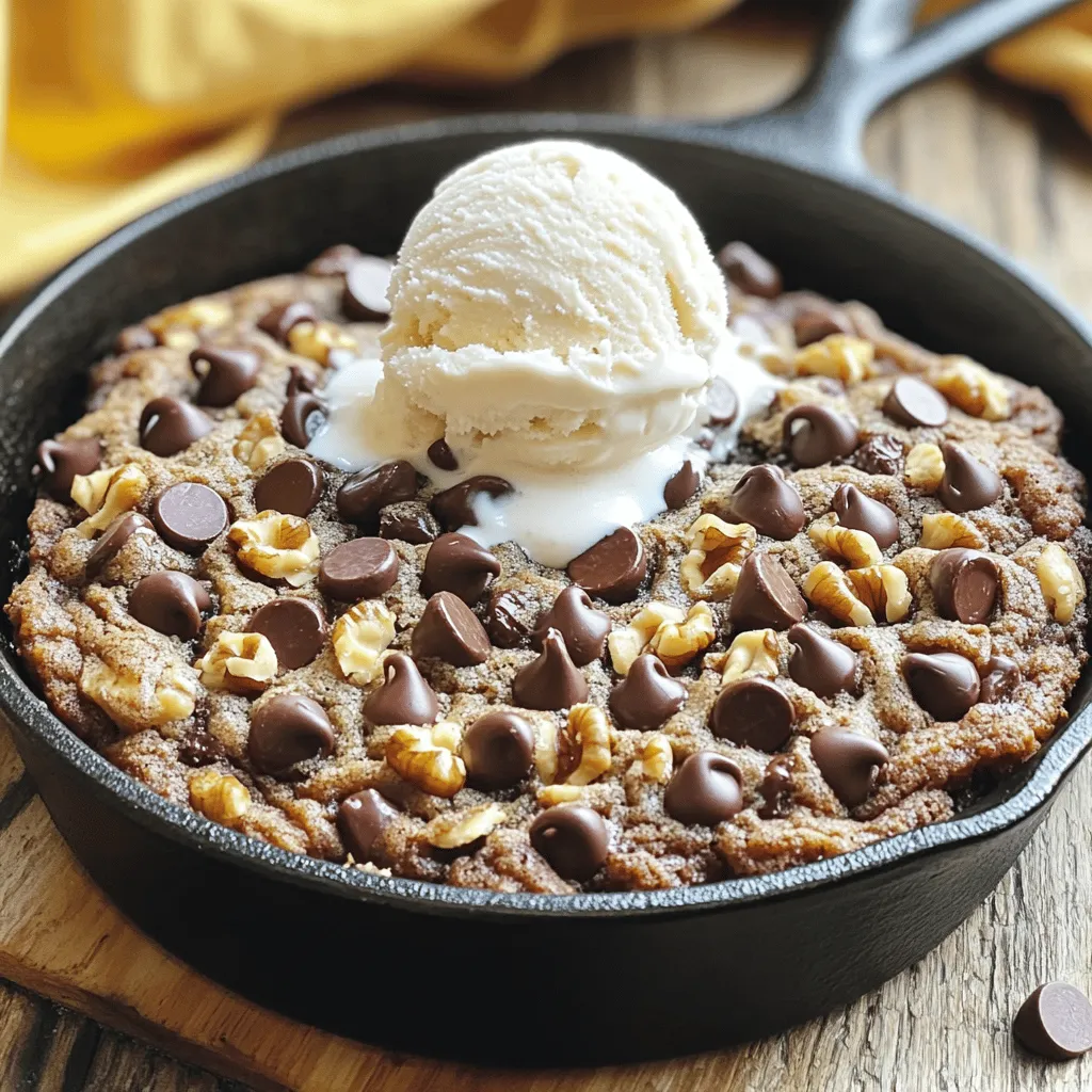 To make a perfect Chocolate Chip Cookie Skillet, you need these key items: - 1 cup unsalted butter, softened - 1 cup brown sugar, packed - 1/2 cup granulated sugar - 2 large eggs - 2 teaspoons vanilla extract - 3 cups all-purpose flour - 1 teaspoon baking soda - 1/2 teaspoon salt - 1 1/2 cups semi-sweet chocolate chips These ingredients work together to create a rich and gooey cookie. The butter adds a nice creaminess, while the sugars give sweetness and depth. You can also add some fun flavors with these optional items: - 1/2 cup chopped walnuts - Ice cream, for serving Walnuts add a nice crunch, and ice cream makes this dish extra special. The cold ice cream melts into the warm cookie, creating a delightful mix of textures. If you have dietary needs, don't worry! Here are some swaps: - Use coconut oil instead of butter for a dairy-free version. - Substitute gluten-free flour for all-purpose flour if you're gluten-sensitive. - Use flax eggs instead of regular eggs for a vegan option. These substitutions let everyone enjoy this tasty treat. You can still get that warm, gooey cookie experience with these changes. For the full recipe, check the details above! Start by preheating your oven to 350°F (175°C). While the oven heats, grease a 10-inch cast iron skillet. Use a bit of butter or non-stick spray to cover the bottom and sides. This helps the cookie slide out easily later. In a large mixing bowl, combine 1 cup of softened butter, 1 cup of brown sugar, and 1/2 cup of granulated sugar. Use a hand mixer or a whisk to cream these together. Mix until the mixture looks light and fluffy. Add in 2 large eggs, one at a time, mixing well after each. Then stir in the 2 teaspoons of vanilla extract. This will add a nice flavor to your cookie. In another bowl, whisk together 3 cups of all-purpose flour, 1 teaspoon of baking soda, and 1/2 teaspoon of salt. Slowly add this dry mix to your wet ingredients. Stir until just combined; do not overmix. Next, fold in 1 1/2 cups of semi-sweet chocolate chips and 1/2 cup of chopped walnuts if you like them. The dough should be thick and sticky. Pour the cookie dough into your prepared skillet. Spread it evenly to cover the bottom. Place the skillet in the oven and bake for 25-30 minutes. The edges should turn golden brown, and the center should feel set but soft. Once done, remove it from the oven and let it cool for about 10 minutes. This helps the cookie firm up before serving. You can enjoy it warm, maybe with a scoop of ice cream on top for a tasty treat. For the complete recipe, check the Full Recipe. To get that perfect cookie texture, focus on mixing. Cream the butter and sugars well. This step adds air, making the cookie light. Don't overmix once you add the flour. Overmixing can lead to tough cookies. Bake until the edges are golden and the center is still soft. This will give you a chewy middle with crispy edges. I love serving this cookie warm right from the skillet. Top it with a scoop of ice cream for a delicious treat. Drizzle some chocolate sauce or caramel on top for extra flavor. You can also sprinkle sea salt on top to balance the sweetness. Fresh berries make a great side too, adding a fruity touch. To keep your cookie fresh, let it cool completely. Then, cover it tightly with plastic wrap or foil. You can also store it in an airtight container. It stays good for about three days at room temperature. For longer storage, refrigerate it for up to a week. If you want to save it longer, slice it and freeze pieces. Just thaw them in the fridge when you're ready to enjoy! For the full recipe, check the earlier section. {{image_2}} You can make your Chocolate Chip Cookie Skillet even more fun! Try adding different toppings. Here are a few ideas: - Peanut butter chips for a nutty flavor. - M&Ms for color and crunch. - Toasted coconut for a tropical twist. - Dried fruit, like cranberries or cherries, gives a sweet touch. Mix these in with your chocolate chips, or sprinkle them on top before baking. Each adds a special taste! You can easily adapt this recipe for different diets. For a gluten-free option, use a gluten-free flour blend. Just make sure it has a good mix of starches and proteins. For vegan cookies, swap the butter with coconut oil and the eggs with flax eggs. Mix 1 tablespoon of ground flaxseed with 2.5 tablespoons of water. Let it sit for 5 minutes to thicken. These changes keep the cookie tasty! Change up the flavors based on the season! In fall, add pumpkin spice and some pumpkin puree. This gives a warm taste that feels cozy. In winter, try peppermint extract and crushed candy canes for a festive treat. In summer, fresh berries like blueberries or strawberries can brighten your cookie. With these ideas, your Chocolate Chip Cookie Skillet can be a year-round delight! You can find a chocolate chip cookie skillet at many fun spots. Many restaurants make this tasty treat a star on their dessert menu. Here are some places to check out: - Popular restaurants serving Chocolate Chip Cookie Skillet: Look for local diners or bistros that serve comfort food. Many have a signature skillet cookie. Some even top it with ice cream. It’s a great way to share a sweet treat! - Recommended bakeries for the best versions: Local bakeries often put their spin on this classic. Seek out bakeries that use fresh ingredients. They may use special chocolate or add unique toppings. Check for reviews to find the best options! - Info on ordering a skillet cookie for delivery: Many restaurants and bakeries offer delivery. Use food apps or websites to place your order. Look for places that serve it warm. That way, you enjoy it fresh from the oven. This makes your dessert even better! Finding the perfect chocolate chip cookie skillet can be so fun! I recommend trying out a few places to see which one you like best. You can also make it at home using the Full Recipe. Enjoy your delicious adventure! Yes, you can use a different oven-safe skillet or a baking dish. Just ensure it can handle high heat. Cast iron gives a nice crust, but other options work well too. Just remember to adjust the baking time if needed. Look for a golden-brown edge and a slightly soft center. You can also insert a toothpick into the center. If it comes out clean or with just a few crumbs, it's ready. Yes, you can freeze it! Cut the cookie into pieces and wrap each piece tightly. Place them in a freezer bag for extra protection. When you want to eat it, let it thaw, then warm it up in the oven. Vanilla is a classic choice, but chocolate or cookie dough flavors are great too. You can even try mint chocolate chip or salted caramel for a fun twist. The warm cookie pairs well with any of these flavors! In this post, we explored how to make a delicious Chocolate Chip Cookie Skillet. We covered essential ingredients and helpful tips for the best results. You learned about variations and where to enjoy this treat. Remember, the right mix of flavors can make your skillet cookie special. You can also adapt it for any diet. Now, get ready to bake your own delicious dessert! Enjoy the warm, gooey goodness with friends or family.