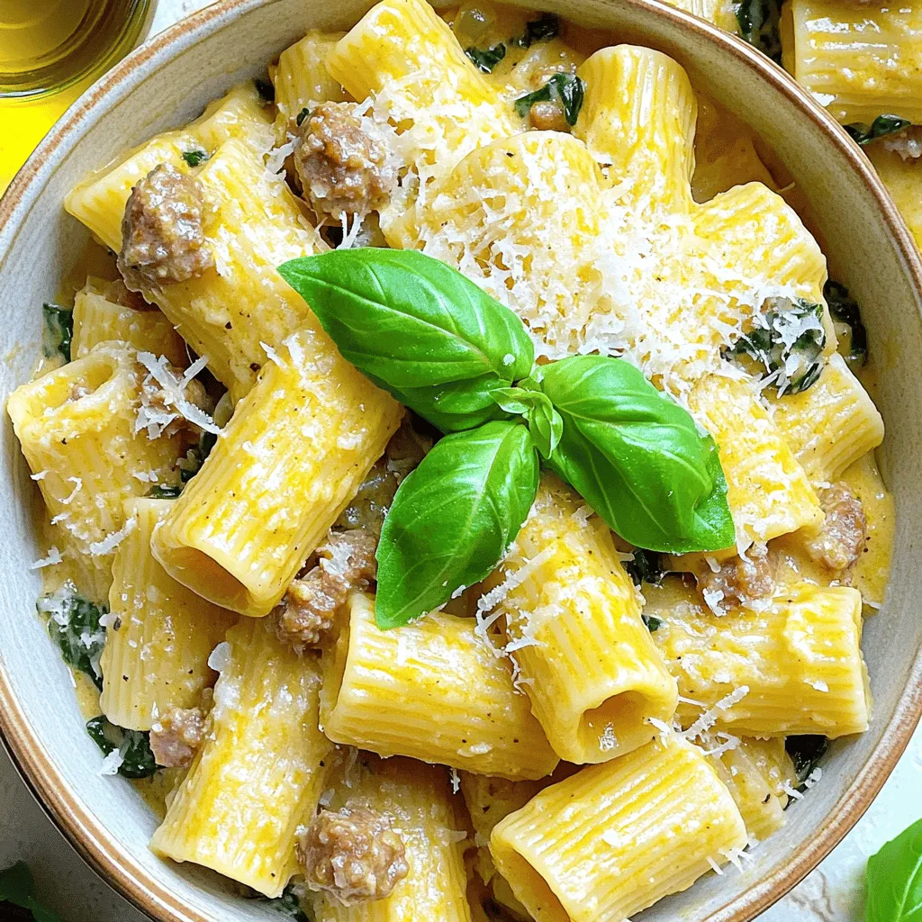 - 12 oz rigatoni pasta - 1 lb Italian sausage (mild or spicy, your choice) - 1 medium onion, diced - 3 cloves garlic, minced - 1 cup heavy cream - 1 cup chicken broth - 1 cup fresh spinach, chopped - 1 cup grated Parmesan cheese (plus extra for serving) - 1 teaspoon Italian seasoning - Salt and pepper to taste - 2 tablespoons olive oil - Fresh basil leaves for garnish