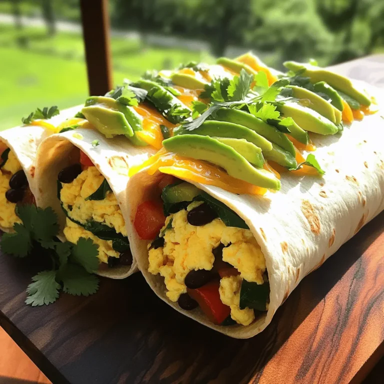 - 4 large flour tortillas - 6 large eggs - 1 cup black beans, drained and rinsed - 1 cup diced bell peppers (red, yellow, or green) - 1 small onion, finely chopped - 1 cup fresh spinach, chopped - 1 cup shredded sharp cheddar cheese - 1 teaspoon ground cumin - 1 teaspoon smoked paprika - ½ teaspoon salt - ¼ teaspoon black pepper - ¼ cup fresh cilantro, chopped (for garnish) - 1 avocado, sliced (for topping) - Salsa or hot sauce (for serving) These ingredients make a tasty breakfast burrito. The flour tortillas hold all the goodness inside. The eggs give the burrito its heartiness. Black beans add protein and fiber, while bell peppers and onion bring color and crunch. Fresh spinach boosts the nutrients. Sharp cheddar cheese adds richness and flavor. Spices like cumin and smoked paprika add warmth and depth. The cilantro and avocado on top create a fresh finish. Salsa or hot sauce gives the burrito a zesty kick. Feel free to adjust the ingredients to suit your taste. This recipe is flexible and fun! You can find the full recipe in the cooking section. Sautéing Vegetables Start by heating a large skillet over medium heat. Add the chopped onion and diced bell peppers. Sauté them for about 5 minutes. They should soften but still hold their shape. Next, add the black beans and sauté for an additional 2 minutes. This warms them up and mixes in their flavor. Whisking Egg Mixture In a bowl, crack the six large eggs. Add the ground cumin, smoked paprika, salt, and black pepper. Whisk everything together until well combined. This mixture will make your eggs flavorful and vibrant. Assembling the Burrito Place a flour tortilla on a flat surface. Scoop a generous amount of the egg mixture into the center of the tortilla. Sprinkle a handful of the shredded cheddar cheese on top. This will add a nice melty texture to your burrito. Cooking the Egg Mixture Pour the egg mixture into the skillet with the sautéed vegetables and beans. Let it cook for a minute without stirring. Then, gently stir the eggs. After a few minutes, add the fresh spinach. Cook until the eggs are just set, about 3 to 4 minutes. Remove the skillet from the heat. Folding and Rolling the Burritos To fold your burrito, take the sides of the tortilla and fold them over the filling. Then, roll it up from the bottom to the top. This keeps all the deliciousness inside. Repeat this with the remaining tortillas and filling. Crisping the Burritos If you want a crispy texture, heat a clean skillet over medium-low heat. Place the burritos seam-side down in the skillet. Grill them for about 2 minutes on each side, until they turn golden brown. This adds a nice crunch and enhances the overall flavor. - Achieving Perfect Scrambled Eggs To make great scrambled eggs, start with fresh eggs. Whisk them well until mixed. Use medium heat and a non-stick pan for even cooking. Stir gently and don’t rush. Remove them from heat just before they fully set. They will keep cooking from the heat. - Choosing the Right Tortillas Flour tortillas are soft and easy to roll. Look for large ones for more filling. If you want a bit more flavor, try whole wheat tortillas. Always warm your tortillas slightly before filling them. This makes them more pliable and less likely to tear. - Best Accompaniments Serve your burritos warm with fresh salsa or hot sauce. You might like avocado slices or a dollop of sour cream. A side of fresh fruit adds a nice touch, too. - How to Customize with Toppings Get creative with toppings! Try chopped cilantro, diced tomatoes, or shredded lettuce. You can even add jalapeños for some heat. Mix and match to find your favorite combo. - Low-Calorie Options Consider using egg whites instead of whole eggs to cut calories. You can also use low-fat cheese or skip cheese altogether. Load up on veggies to keep it filling and tasty. - Vegetarian/Vegan Substitutes For a vegetarian burrito, keep the eggs but use plant-based cheese. For a vegan option, swap eggs for tofu or chickpea scramble. Black beans add protein and keep it hearty. {{image_2}} You can change your burrito fillings to fit your taste. - Meat Lovers’ Burrito: Add cooked bacon, sausage, or chorizo. These meats give a hearty bite. Mix in the eggs and veggies for a filling meal. - Veggie-Only Burrito: Skip the meat and load up on extra veggies. Try mushrooms, zucchini, or corn. The flavor stays strong with spices and cheese. Boost the taste of your burrito with simple changes. - Adding Spicy Elements: If you like heat, add jalapeños or hot sauce. This brings a kick to your breakfast. - Incorporating Different Cheeses: Switch up your cheese. Use pepper jack for spice, or feta for a tangy twist. Each cheese will change the taste. Make your breakfast more fun with themed burritos. - Tex-Mex Style: Add salsa and avocado for a Tex-Mex flair. You can even add cilantro and lime for freshness. - Southwestern Style: Use black beans, corn, and a hint of lime juice. This gives a bright flavor that’s perfect for early mornings. Feel free to explore these variations. They can make your savory breakfast burritos even more exciting! For the full recipe, check out the recipe section. - Refrigeration Tips: Store leftover burritos in an airtight container. They will stay fresh for up to three days in the fridge. Make sure to let them cool to room temperature before sealing. - Reheating Instructions: To reheat, you can use a microwave or a skillet. In the microwave, heat for about 1-2 minutes. If using a skillet, warm them over medium heat for about 3-4 minutes on each side until heated through. - Freezing Burritos: You can freeze your burritos for up to three months. Wrap each burrito tightly in plastic wrap and then place them in a freezer bag. This keeps them fresh and prevents freezer burn. - Best Practices for Thawing: To thaw, move the burritos from the freezer to the fridge overnight. If you're in a hurry, you can microwave them straight from the freezer. Just add an extra minute or two to the microwave time. - Preparing in Batches: Make a big batch of burritos on the weekend. You can freeze some and enjoy the rest during the week. This saves time and makes breakfast easy. - Quick Grab-and-Go Options: Wrap burritos in foil or parchment paper. This makes them easy to grab when you're in a rush. You can take them to work or school for a tasty meal on the go. For the full recipe, check out the Savory Breakfast Burritos section. You can prepare breakfast burritos in advance easily. First, cook the filling as directed in the Full Recipe. Then, let it cool completely. After that, fill the tortillas and wrap them tightly. Place them in an airtight container in the fridge. They will last for up to two days. When ready to eat, just heat them in the microwave or skillet. This method saves time on busy mornings. Yes, breakfast burritos freeze very well. After wrapping them tightly, place them in a freezer bag or container. They can last up to three months in the freezer. To reheat, take them out and let them thaw in the fridge overnight. You can then warm them in the microwave or oven. This method keeps them tasty and fresh. If you want an egg-free option, try using tofu or chickpea flour. Silken tofu can mimic the texture of scrambled eggs. Just crumble it and cook it like eggs. For chickpea flour, mix it with water and spices to create a batter. Cook it in a skillet until set. Both options are packed with protein and flavor. Breakfast burritos taste great with various sides. Here are a few ideas: - Fresh fruit salad - Hash browns or home fries - A simple green salad - Greek yogurt with honey - Sliced avocado or guacamole These sides add color and balance to your meal. To avoid soggy burritos, use dry fillings. Drain black beans well and pat vegetables dry before cooking. Also, let the filling cool before wrapping it. Another tip is to layer ingredients wisely. Place wet toppings, like salsa, on the side rather than inside the burrito. This keeps your burrito firm and enjoyable to eat. This blog shared all you need to make great breakfast burritos. You learned about the tasty ingredients, step-by-step cooking, and helpful tips to make them shine. We also looked at variations and storage tips for meal prep. Breakfast burritos can be fun and flexible meals. Whether you love spicy or want something simple, you can customize them or make them healthy. Now, it’s your turn to try these ideas in your kitchen! Enjoy making your breakfast burritos delicious and unique.