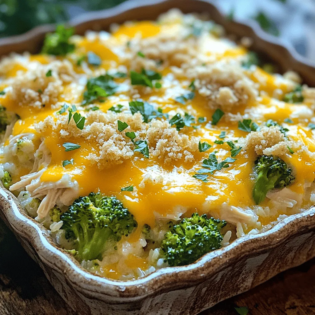 - 2 cups cooked chicken, shredded - 2 cups broccoli florets (fresh or frozen) - 1 cup cooked rice (white or brown) - 1 cup cheddar cheese, shredded - 1/2 cup cream of chicken soup - 1/2 cup milk - 1 teaspoon garlic powder - 1/2 teaspoon onion powder - 1/2 teaspoon paprika - Salt and pepper to taste - 1/2 cup breadcrumbs (optional for topping) - 2 tablespoons olive oil When making Cheesy Broccoli Chicken Casserole, it’s key to gather fresh and quality ingredients. Start with cooked chicken, which adds protein and flavor. You can use leftover chicken or rotisserie chicken for ease. Broccoli gives a nice crunch and pairs perfectly with cheese. Rice rounds out the dish, making it filling. The cream of chicken soup and milk create a creamy base. Garlic powder, onion powder, and paprika add depth to the flavor. Don't forget to season with salt and pepper to enhance taste. If you want a crispy topping, use breadcrumbs mixed with olive oil. - Alternative cheeses - Different vegetables (e.g., carrots, bell peppers) - Seasoning variations Feel free to customize your casserole! Swap cheddar for mozzarella or pepper jack for a kick. You can also mix in other veggies like carrots or bell peppers for added color and nutrition. Adjust the spices based on your taste for a fun twist. For the full recipe, check out the [Full Recipe]. - Preheat the oven to 375°F (190°C). - Prepare a greased 9x13 inch baking dish. - In a large bowl, combine cooked chicken, broccoli, and rice. - In another bowl, mix cream of chicken soup, milk, garlic powder, onion powder, paprika, salt, and pepper. - Pour the soup mixture over the chicken and rice mix. Stir until everything is well coated. - Fold in 3/4 cup of the shredded cheddar cheese. - Transfer the mixture into the greased baking dish and spread evenly. - If you want a crunchy topping, mix breadcrumbs with olive oil and sprinkle on top. - Finish by topping the dish with the remaining 1/4 cup of cheddar cheese. - Bake in the preheated oven for 25-30 minutes until bubbly. - Let it cool for a few minutes before serving. This recipe is simple and full of flavor. You can find the Full Recipe to follow along easily. Enjoy the cooking! To get the best creaminess in your casserole, use a mix of cream of chicken soup and milk. This blend gives a rich and smooth base. Make sure to mix it well to avoid lumps. You want every bite to be creamy and delicious. For a crispy breadcrumb topping, mix breadcrumbs with olive oil. This will help them brown nicely in the oven. Sprinkle them evenly over the top before baking. Adding herbs or spices can boost the flavor. Try adding thyme or basil for a fresh taste. A dash of cayenne pepper can add heat if you like spice. For side dishes, a light salad pairs well. You can also serve it with some crusty bread. These sides will balance your meal and add more texture. For the best results, choose a glass or ceramic baking dish. These materials hold heat well and cook evenly. Make sure it is at least 9x13 inches for the perfect fit. Key kitchen tools include a mixing bowl, measuring cups, and a whisk. These items help you combine all your ingredients easily and quickly. {{image_2}} You can easily make this casserole gluten-free. Use gluten-free breadcrumbs for the topping. Swap the cream of chicken soup with a gluten-free version. This keeps the dish tasty without the gluten. For a low-fat option, use low-fat cheese and milk. You can also use Greek yogurt instead of cream of chicken soup. This keeps it creamy while cutting some fat. Choose lean chicken breast for a healthier protein source. Want to spice things up? Try adding some diced jalapeños for a kick. You could mix in some hot sauce for a bold flavor. Adding a bit of cayenne pepper can also bring the heat. To give your casserole a global twist, add spices like cumin or curry powder. These spices add warmth and depth. You can even mix in some soy sauce for an Asian flair. Each addition gives a new taste to this classic dish. Feel free to use seasonal veggies for a fresh twist. In spring, add peas or asparagus. In fall, consider using butternut squash or pumpkin. Seasonal veggies not only taste great but also add color. During the holidays, think about adding cranberries for a festive touch. You can also top it with roasted nuts for crunch. These small changes can make your dish feel special for any occasion. For the full recipe, check the earlier notes. To keep your cheesy broccoli chicken casserole fresh, use airtight containers. Glass or plastic containers work well. Make sure to let the casserole cool first. Place it in the fridge within two hours after cooking. Store it for up to four days. When reheating, aim to keep your casserole moist. Cover it with foil to prevent drying out. You can reheat it in the oven at 350°F (175°C) for about 20 minutes. For a quick option, use the microwave. Heat in short bursts of one minute, stirring in between, until hot. If you want to save it for later, freezing works great. Allow the casserole to cool completely before freezing. Use freezer-safe containers or wrap it tightly in plastic wrap. It can last up to three months in the freezer. To thaw, place it in the fridge overnight before reheating. Can I use rotisserie chicken? Yes, you can use rotisserie chicken. It saves time and adds great flavor. Just shred it before mixing. How long can the casserole be stored in the fridge? You can store the casserole in the fridge for up to three days. Make sure to cover it well. Can I make this dish ahead of time? Yes, you can prepare the casserole ahead. Assemble it and keep it in the fridge. Bake it when ready to eat. What to do if the casserole is too dry? If the casserole is too dry, add more milk or soup. Stir it in before baking. Fixing over-seasoned dishes If the dish is too salty, add more rice or broccoli. This helps balance the flavors. Best sides to complement the casserole Serve this casserole with a fresh salad or garlic bread. These sides add freshness and taste. Presentation ideas for guests For a nice look, serve in individual bowls. Sprinkle fresh herbs on top for color. This blog gave you a full guide to make a delicious chicken casserole. You learned about the essential and optional ingredients, along with easy steps to bake it. I shared tips to enhance flavor and texture while offering variations to fit different diets. Proper storage and reheating tips were covered too. Now you're ready to make this dish your own. Enjoy customizing it and sharing it with friends and family!