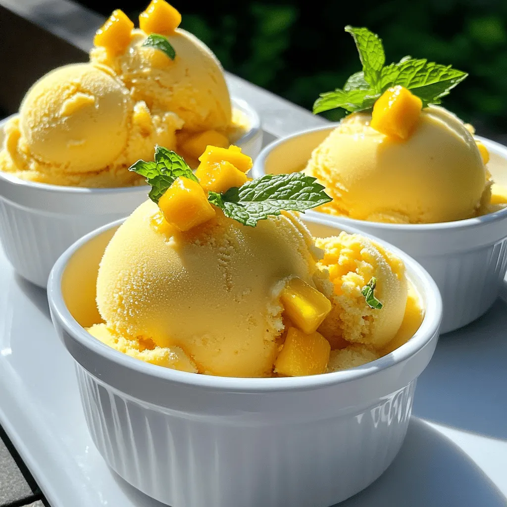 - 4 ripe mangoes, peeled and diced - 1/2 cup coconut milk - 1/4 cup honey or agave syrup - 2 tablespoons lime juice - 1 teaspoon vanilla extract - Pinch of sea salt The key to a great mango sorbet is using ripe mangoes. Choose mangoes that feel slightly soft to the touch. They should smell sweet, too. The coconut milk adds creaminess, while lime juice brightens the flavor. Honey or agave syrup sweetens the mix. A pinch of sea salt enhances all the flavors. - Mint leaves for garnish - Additional fruit chunks for texture If you want extra flair, add fresh mint leaves on top. They look nice and taste great. You can also toss in some extra fruit chunks for texture. Try diced strawberries or pineapple for a fun twist. For the full recipe, follow the steps closely for a delicious summer treat. - Step 1: Prep the Mangoes Start by peeling the mangoes. Cut them into small chunks. This makes it easy to blend. - Step 2: Add all ingredients to the blender Place the mango chunks in a blender. Next, add the coconut milk, honey or agave syrup, lime juice, vanilla extract, and a pinch of sea salt. This mix will create a perfect balance of flavors. - Step 3: Blend until smooth Blend all the ingredients together. Keep blending until the mixture is smooth and creamy. Check for any mango chunks. You want it silky and even. - Step 4: Chill and fluff the mixture Pour the blended mix into a shallow container. Cover it and place it in the freezer for about 2 hours. After that, take it out and use a fork to fluff it. This breaks up ice crystals, making it light. Then, return it to the freezer for about 3-4 hours until it's firm. - Step 5: How to serve and garnish When ready to serve, scoop the mango sorbet into bowls or cones. For a fun touch, add fresh mint leaves or more diced mango on top. This adds color and a fresh taste. Enjoy your delicious treat! To make the best mango sorbet, start with ripe mangoes. Look for mangoes that yield slightly to pressure. Their skin should be vibrant and fragrant. A ripe mango has smooth, soft flesh that is sweet. If they are too firm, let them sit at room temperature for a few days. You can adjust the sweetness of your sorbet. If your mangoes are not sweet enough, add honey or agave syrup. Start with a small amount and taste as you mix. Adjust until it is just right for you. Store your mango sorbet in an airtight container. This keeps it fresh and maintains the right texture. A shallow container helps it freeze evenly. To prevent ice crystals, fluff the mixture with a fork before fully freezing. This breaks up ice chunks and keeps it smooth. For best results, store it for a few hours after fluffing to let it set properly. For the full recipe, check out the Tropical Bliss Mango Sorbet. {{image_2}} You can make your mango sorbet even more fun by adding flavors. Here are a couple of ideas: - Adding other tropical fruits: You can mix in fruits like pineapple or passion fruit. This gives your sorbet a new twist and adds unique tastes. Just use one cup of other fruit and blend it with the mangoes. - Infusing with herbs like basil or mint: Fresh herbs can change the flavor profile. Try adding a few mint leaves or basil. Blend them in with the other ingredients. This adds a refreshing note that really lifts the sorbet. Want to keep your sorbet plant-based? You have options! - Using different types of plant-based milk: Instead of coconut milk, use almond or cashew milk. This gives a different creaminess and flavor. Just choose the one you like best. The result will still be delicious and refreshing. Feel free to explore these variations in the Full Recipe for Tropical Bliss Mango Sorbet. The possibilities are endless, so get creative! You can keep mango sorbet in the freezer for up to two weeks. To keep it fresh, store it in an airtight container. This prevents ice crystals from forming, which can ruin the smooth texture. If you want to enjoy it longer, consider vacuum sealing your sorbet. This method can help maintain quality for about a month. To maintain the texture, make sure your container is not too big. A shallow container works best, as it helps the sorbet freeze evenly. Also, fluff the sorbet with a fork every couple of hours. This breaks up ice crystals and keeps it creamy. When you're ready to serve, you need to thaw the sorbet. The best method is to move it from the freezer to the fridge for about 30 minutes. This softens it perfectly without melting too much. If you’re in a hurry, you can leave it out on the counter for about 10 minutes. Just keep an eye on it so it doesn’t turn to soup. Enjoy your creamy treat at its best texture! How long does it take to make mango sorbet? It takes about 5 hours to make mango sorbet. You need 10 minutes for prep. Then, it takes about 2 hours to chill and 3 to 4 hours to freeze fully. Can I make mango sorbet without an ice cream maker? Yes, you can make mango sorbet without an ice cream maker. Just blend the ingredients, freeze them, and fluff them with a fork. This method works well to achieve a smooth texture. What are the health benefits of mango sorbet? Mango sorbet is low in fat and rich in vitamins. Mangoes are full of vitamin C, which boosts your immune system. The coconut milk adds healthy fats and creaminess. Overall, it's a tasty treat that can fit into a balanced diet. Why is my sorbet too icy? If your sorbet is too icy, it might not have enough sugar. Sugar helps prevent ice crystals. You can fix this by adding more honey or agave syrup. Also, ensure you fluff the sorbet well during freezing. How to fix overly sweet or bland sorbet? To fix overly sweet sorbet, add a little lime juice. The acidity will balance the sweetness. If your sorbet is bland, try adding more mango or a splash of vanilla. This will enhance the flavor and make it more vibrant. Making mango sorbet at home is simple and fun. You need fresh mangoes, coconut milk, honey, lime, vanilla, and a pinch of salt. Blend these, freeze, and chill. You can add mint or other fruits for extra flavor. Remember to store it well to keep it smooth. Try different fruits and plant-based milks for new tastes. Now, you can enjoy this cool treat anytime. It's satisfying, healthy, and perfect for any hot day. Go ahead and create your delicious mango sorbet!