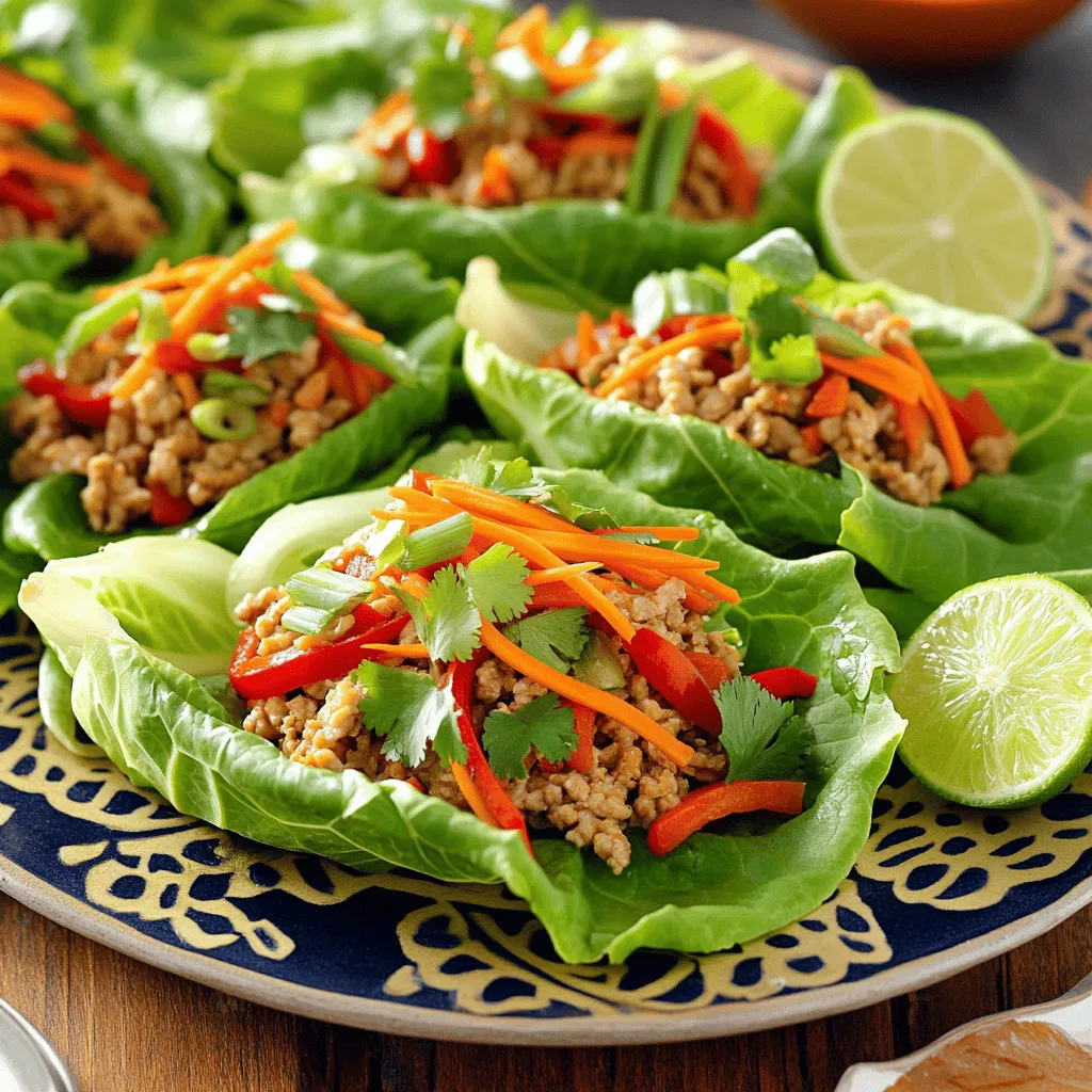 - Ground chicken and aromatics - 1 pound ground chicken - 3 cloves garlic, minced - 1 tablespoon fresh ginger, minced - Sauces and seasonings - 2 tablespoons soy sauce - 1 tablespoon fish sauce - 1 tablespoon lime juice - 1 tablespoon brown sugar - 1 teaspoon red chili flakes (adjust to taste) - Vegetables and garnishes - 1 tablespoon vegetable oil - 1 red bell pepper, finely chopped - 1 cup water chestnuts, diced - 1 cup shredded carrots - 1/2 cup fresh cilantro, chopped - 1 head of butter lettuce or iceberg lettuce (for wraps) - Sliced green onions for garnish The ingredients create a bold and fresh flavor. The ground chicken pairs perfectly with garlic and ginger. The sauces add depth and a touch of sweetness. The crunch from water chestnuts and carrots keeps the wraps lively. Fresh cilantro and green onions bring brightness. Use butter lettuce for easy wraps. You can find the Full Recipe above for more details. 1. Cooking the aromatics in a skillet Start by heating 1 tablespoon of vegetable oil in a large skillet over medium heat. Once the oil is hot, add 3 cloves of minced garlic and 1 tablespoon of minced ginger. Sauté these for about 1 minute. You want to smell the great aroma. 2. Browning the ground chicken Now, add 1 pound of ground chicken to the skillet. Cook it for about 5 to 7 minutes. Use a spatula to break apart the chicken. You want it to turn brown all over. This step adds flavor. 3. Adding vegetables and sauce mixture Next, stir in 1 finely chopped red bell pepper and 1 cup of diced water chestnuts. Cook for another 3 minutes until the veggies soften. In a small bowl, whisk together 2 tablespoons of soy sauce, 1 tablespoon of fish sauce, 1 tablespoon of lime juice, 1 tablespoon of brown sugar, and 1 teaspoon of red chili flakes. Pour this sauce over the chicken mixture. Stir well and cook for another 2 to 3 minutes. 4. Finishing touches before serving Remove the skillet from the heat. Fold in 1 cup of shredded carrots and 1/2 cup of chopped cilantro. Mix until everything is well combined. Now, carefully separate the leaves of your lettuce. Wash and dry them. To serve, scoop a generous spoonful of the spicy chicken mixture into each lettuce leaf. Garnish with sliced green onions. For the full recipe, check out the details above! - Optimal cooking temperature and timing: Start by heating your skillet over medium heat. This helps the chicken cook evenly. Keep an eye on it for about 5 to 7 minutes. You want a nice golden color on the chicken. - Ensuring the chicken is browned perfectly: Break the chicken apart with a spatula as it cooks. This helps it brown better. Don’t rush this step! A good brown color adds flavor to the dish. - Balancing flavors for the sauce: Mix sauces in a bowl before adding them to the chicken. The soy sauce and fish sauce give a salty kick. The lime juice adds brightness, while brown sugar adds sweetness. Adjust the red chili flakes for your spice level. - Best ways to present lettuce wraps: Arrange the filled lettuce wraps on a nice platter. This makes them look appealing. You can add lime wedges beside them for a fresh touch. - Complementary side dishes or dips: Serve these wraps with a side of jasmine rice for a full meal. You can also offer extra sauce for dipping. This adds flavor and a fun element to the meal. - Garnishing options for added flavor: Top your wraps with sliced green onions and extra cilantro. These toppings add freshness and color. They make each bite even more delightful. For more details, check the Full Recipe. {{image_2}} You can easily change this recipe to suit your needs. Here are some ideas: - Alternative proteins: If you want a different taste, try using ground turkey or tofu instead of chicken. Both options work great. - Gluten-free options: For a gluten-free version, use coconut aminos in place of soy sauce. It adds a nice sweetness without gluten. - Vegetable variations: Feel free to add more greens, like spinach or kale. These veggies boost the nutrition and flavor. You can adjust the dish for special diets: - Low-carb or keto-friendly: Skip the brown sugar and use a keto-friendly sweetener. You can also serve the filling on a salad instead of lettuce wraps. - Adjusting spice level: If you have kids or sensitive eaters, reduce the red chili flakes. This makes the dish milder while still tasty. These variations make the Spicy Thai Chicken Lettuce Wraps fit for everyone. You can enjoy them no matter your dietary needs. For the complete recipe, check out the Full Recipe section. To keep your spicy Thai chicken lettuce wraps fresh, follow these steps. First, allow the filling to cool down. This prevents condensation in your storage container. Then, store the chicken filling in an airtight container. Place it in the fridge. It will stay good for up to three days. For the lettuce, keep the leaves in a separate container. This way, they remain crisp and fresh. If you want to store the filling for longer, consider freezing it. Portion the filling into freezer-safe bags. Remove as much air as possible before sealing. This helps prevent freezer burn. You can freeze the filling for up to three months. Just thaw it in the fridge before reheating. When you’re ready to eat your leftovers, here’s how to reheat them. For the best flavor and texture, use a skillet. Heat the filling over medium heat. Stir it often until warmed through. This takes about 5 minutes. You can also use a microwave if you’re in a hurry. Place the filling in a microwave-safe bowl. Cover it with a damp paper towel. Heat in 30-second intervals, stirring in between. Leftovers typically last about three days in the fridge. If frozen, they can last up to three months. Enjoy your spicy Thai chicken lettuce wraps again without losing any taste! For the full recipe, check out the section above. Can I prepare the filling ahead of time? Yes, you can make the filling in advance. Cook it, let it cool, and store it in the fridge. It stays fresh for a few days. This makes meal prep easy. Just reheat it when you're ready to eat. What lettuce is best for wraps? Butter lettuce and iceberg lettuce work well. They have a nice shape and crunch. Butter lettuce is soft and holds the filling well. Iceberg is crisp and refreshing. Choose what you like best for your wraps. Can I make this recipe vegetarian? Absolutely! You can swap the ground chicken for tofu or tempeh. Use the same spices and sauces. This keeps the dish flavorful and fun. You can enjoy tasty wraps without meat. Check out the Full Recipe for more details! We covered the key ingredients and steps for Spicy Thai Chicken Lettuce Wraps. The cooking tips help perfect your dish, while variations allow for creativity. You can easily adjust this recipe for different diets. Proper storage and reheating ensure your leftovers stay tasty. Try this recipe next time you want a fun meal. You'll impress everyone and enjoy great flavors. Keep exploring new ingredients and flavors to make it your own!
