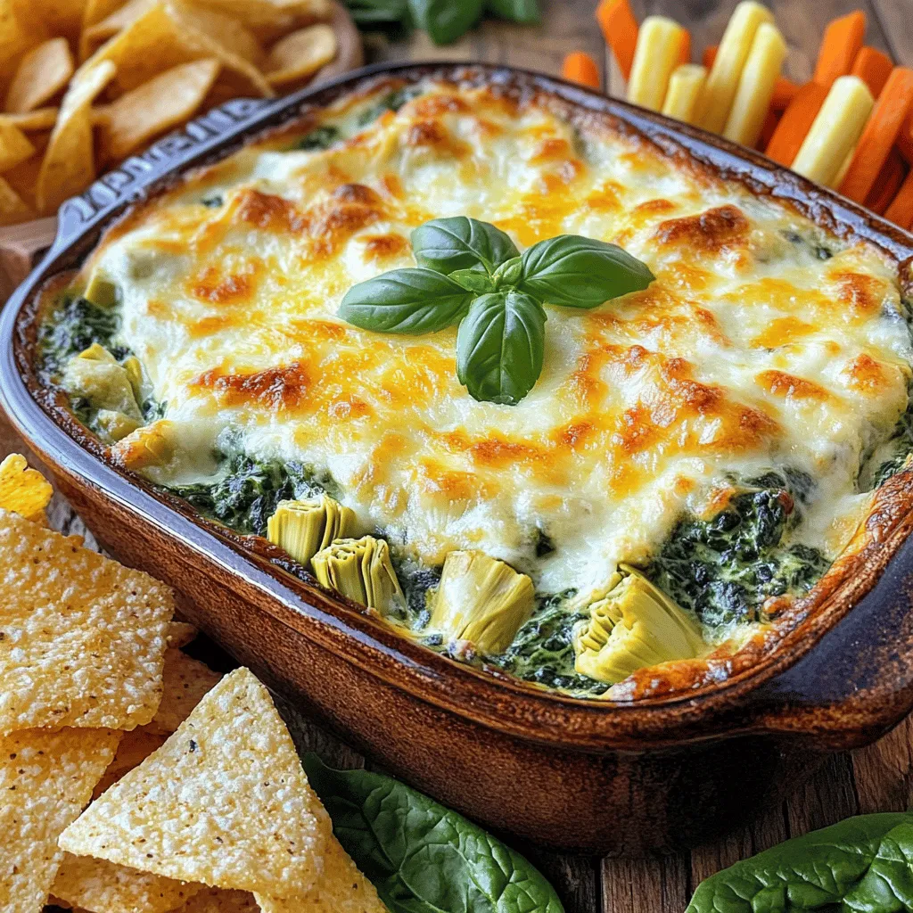 To make creamy spinach artichoke dip, gather these key ingredients: - 2 cups fresh spinach, chopped - 1 cup canned artichoke hearts, drained and roughly chopped - 1 cup cream cheese, softened - 1 cup Greek yogurt - 1/2 cup sour cream - 1 cup shredded mozzarella cheese - 1/4 cup grated Parmesan cheese - 2 cloves garlic, minced - 1 teaspoon onion powder - 1 teaspoon garlic powder - Salt and pepper to taste - Optional: Fresh herbs (like basil or parsley) for garnish These ingredients blend to create a rich and creamy dip that everyone loves. Using the right amounts matters. Here’s a quick chart for your reference: | Ingredient | Quantity | |--------------------------|-----------------| | Fresh spinach | 2 cups | | Canned artichoke hearts | 1 cup | | Cream cheese | 1 cup | | Greek yogurt | 1 cup | | Sour cream | 1/2 cup | | Shredded mozzarella | 1 cup | | Grated Parmesan | 1/4 cup | | Minced garlic | 2 cloves | | Onion powder | 1 teaspoon | | Garlic powder | 1 teaspoon | | Salt and pepper | To taste | This chart ensures you get the perfect balance of flavors. Fresh ingredients can boost the taste. For spinach, fresh leaves bring a nice crunch and color. They also pack more vitamins. However, canned artichoke hearts save time. They are tender and ready to use. When using canned products, check for quality. Look for artichokes packed in water, not oil. This choice keeps the dip lighter. In summary, use fresh spinach for health and flavor. Choose canned artichokes for convenience. This mix creates the best creamy spinach artichoke dip. For the full recipe, check out the steps above. Start by preheating your oven to 375°F (190°C). This step ensures your dip cooks evenly. In a big bowl, mix together the softened cream cheese, Greek yogurt, and sour cream. Use a spatula or whisk to blend until smooth. Next, add the chopped spinach and artichoke hearts. You want these to be well distributed for great flavor. Then, sprinkle in the shredded mozzarella and grated Parmesan. Don’t forget the minced garlic, onion powder, garlic powder, salt, and pepper. Mix everything until it's all combined. This will be the heart of your creamy spinach artichoke dip. Once your mixture is ready, transfer it to a medium-sized baking dish. Spread the mixture out evenly. This helps it bake properly. Place it in the preheated oven and let it bake for about 25-30 minutes. Look for a bubbly, golden-brown top. This shows it is ready. When the time is up, remove it from the oven. Let it cool for a few minutes before serving. This cooling time helps the dip set slightly. Serving your creamy spinach artichoke dip is easy and fun. I like to serve it warm, as this brings out the flavors best. Arrange a variety of dippers around the dish. You can use toasted baguette slices, tortilla chips, or fresh veggie sticks. Each dipper adds a nice crunch and taste. If you want to impress, sprinkle some fresh herbs on top as a garnish. This adds color and freshness. For the full recipe, check the earlier section. Enjoy this dip with friends and family! When you mix the ingredients, start with the cream cheese. Soften it well for easy blending. Add the Greek yogurt and sour cream next. This combo gives a creamy base. Mix until smooth before adding other items. Then, fold in the spinach and artichokes gently. You want to keep some texture. Lastly, stir in the cheeses and spices. This method ensures every bite is full of flavor. Yes, you can make this dip ahead of time! Prepare it the day before, and store it in the fridge. Cover it well to keep it fresh. When you’re ready, just bake it. This saves time on busy days. Plus, the flavors meld together overnight. It makes the dip even tastier! To boost flavor, try adding a bit of lemon juice. It brightens the dip nicely. You can also add crushed red pepper for heat. For a smoky touch, use smoked paprika. Fresh herbs like basil or parsley add freshness. Don't forget about texture! Top the dip with extra cheese before baking. This gives a great crust on top. Enjoy the crunchy and creamy mix in every bite! {{image_2}} To make a lighter dip, swap cream cheese with cottage cheese. Use low-fat Greek yogurt instead of regular yogurt. You can also reduce the amount of cheese. This keeps the flavors but cuts some calories. Fresh spinach is great, but you can use frozen spinach too. Just thaw it and drain the extra water. Want a kick? Add some diced jalapeños or crushed red pepper flakes. For a cheesy twist, mix in some cheddar or pepper jack cheese. You can even add a splash of hot sauce to boost the flavor. If you love herbs, try adding some fresh dill or chives. Each tweak can bring a new taste to your creamy spinach artichoke dip. When it comes to serving, you have fun choices. Serve with toasted baguette slices or crispy tortilla chips. Fresh veggies like carrots and celery sticks are great too. You can even use pita chips for a crunchy bite. Arrange these around your dip for a beautiful spread. This not only looks good but also makes it easy for guests to enjoy. For the full recipe, check out the Spinach Artichoke Dream Dip. After enjoying your creamy spinach artichoke dip, let it cool. Transfer leftovers to an airtight container. This keeps the dip fresh and tasty. You can store it in the fridge for about three to four days. Make sure to seal the container well to prevent drying out. When you're ready to enjoy your dip again, preheat your oven to 350°F (175°C). Place the dip in an oven-safe dish. Cover it with foil to keep moisture in. Heat for about 15-20 minutes. Stir halfway through to ensure even warming. You can also use a microwave. Heat in short bursts, stirring in between. This keeps it creamy and delicious. If you want to keep your dip longer, consider freezing it. Place the dip in a freezer-safe container. It can last up to three months in the freezer. When ready to eat, thaw it in the fridge overnight. Reheat as mentioned above. Note that freezing may change the texture a bit, but the flavor stays great. For best results, enjoy the dip fresh using the Full Recipe. To make creamy spinach artichoke dip from scratch, you need a few key steps. Start by mixing cream cheese, Greek yogurt, and sour cream in a bowl. Stir until smooth. Then, add chopped spinach, artichoke hearts, mozzarella cheese, Parmesan cheese, garlic, onion powder, garlic powder, salt, and pepper. Mix well. Transfer this mixture to a baking dish and bake at 375°F for about 25-30 minutes. The dip should bubble and turn golden brown on top. This simple method gives you a warm, creamy dip that is simply delicious. For full details, refer to the Full Recipe. Yes, you can use frozen spinach instead of fresh. Just make sure to thaw and drain it well. Frozen spinach is often easier to work with, and it saves time. When using frozen spinach, try to squeeze out as much water as possible. This will help keep your dip creamy and thick. Fresh spinach brings a bright flavor, but frozen spinach can still give you great results. The best dippers for creamy spinach artichoke dip are varied and fun. Here are some great options: - Toasted baguette slices - Tortilla chips - Fresh vegetable sticks (like carrots, celery, or bell peppers) - Pita chips - Crackers These dippers enhance the overall experience. They add crunch and freshness to the creamy dip. Enjoy exploring different dippers to find your favorite! In this article, we covered how to make a creamy spinach artichoke dip. We explored essential ingredients and measurements for success. The step-by-step instructions ensure you achieve the perfect texture. I shared tips for prepping ahead and ways to enhance flavor. Variations allow for healthier options and fun flavors. Lastly, we talked about storage and reheating for leftovers. Enjoy sharing your dip at gatherings or snack time. You'll impress your guests with ease.