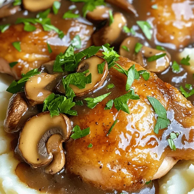 To make this delicious Mushroom Chicken, gather these ingredients: - 4 boneless, skinless chicken thighs - 2 cups mixed mushrooms (shiitake, cremini, and button), sliced - 1 medium onion, finely chopped - 3 cloves garlic, minced - 1 cup chicken broth - 1 tablespoon soy sauce - 1 tablespoon balsamic vinegar - 1 teaspoon fresh thyme leaves (or ½ teaspoon dried thyme) - 2 tablespoons olive oil - Salt and pepper to taste - Fresh parsley, chopped (for garnish)