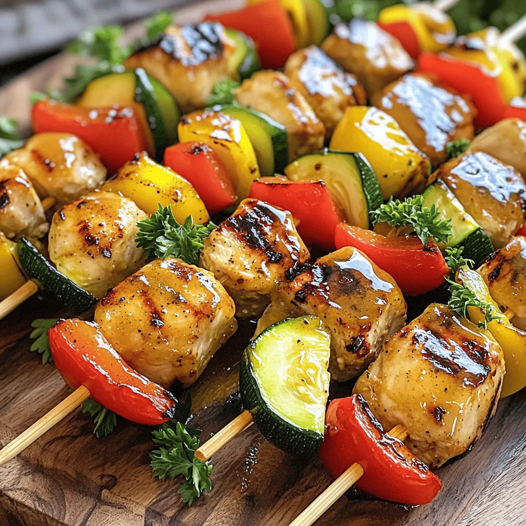 - 1 lb (450g) chicken breast, cut into 1-inch cubes - 1/4 cup honey - 1/4 cup Dijon mustard - 2 tablespoons low-sodium soy sauce - 1 tablespoon apple cider vinegar - 1 teaspoon garlic powder - 1 teaspoon onion powder - Salt and pepper to taste - 1 red bell pepper, cut into chunks - 1 zucchini, sliced into thick round pieces - Skewers (wooden or metal) To make these honey mustard chicken skewers, you need simple ingredients. The chicken is the star. It’s juicy, tender, and goes well with a sweet and tangy sauce. You can use honey, Dijon mustard, soy sauce, and apple cider vinegar for flavor. Each ingredient plays a big role. Honey adds sweetness, while mustard brings a little kick. I like to add garlic and onion powder for depth. Salt and pepper help to bring out the taste. You can also mix in some veggies. Red bell peppers add crunch and color. Zucchini is great for that fresh taste. When using wooden skewers, remember to soak them in water first. This step helps prevent burning. You can find the full recipe at the end of this article. Enjoy making these delicious skewers! First, grab a medium bowl. Whisk together the honey, Dijon mustard, soy sauce, apple cider vinegar, garlic powder, onion powder, salt, and pepper. This mix will be your marinade. Next, cut the chicken into 1-inch cubes. Place these cubes in the marinade. Make sure each piece gets coated well. Cover the bowl and put it in the fridge. Let it sit for at least 30 minutes. For the best taste, try to marinate for 1-2 hours. If you use wooden skewers, soak them in water for about 30 minutes. This keeps them from burning on the grill. While they soak, preheat your grill or grill pan. Set it to medium-high heat. This step is key for getting that perfect sear. Now it’s time to assemble. Take the marinated chicken and thread it onto the skewers. If you want, add chunks of red bell pepper and zucchini between the chicken pieces. This adds color and flavor. Place the skewers on the grill. Cook them for about 5-7 minutes per side. You want the chicken to reach an internal temperature of 165°F (75°C). For extra flavor, baste the skewers with leftover marinade during the last few minutes. Once done, let them rest for a minute before you serve. Enjoy your Honey Mustard Chicken Skewers! Check the [Full Recipe] for more details. To get the best flavor, marinate your chicken for at least 30 minutes. If you have more time, one to two hours works wonders. The longer it sits, the better it tastes! You can add extra flavors, too. Try herbs like rosemary or thyme. A pinch of cayenne can give it a nice kick. For great grill marks, make sure your grill is hot. Place the skewers on one side and let them cook without moving them for a few minutes. This helps create those lovely lines. To check if the chicken is done, use a meat thermometer. It should read 165°F (75°C) in the thickest part. If you don’t have one, cut a piece open. The meat should be white, not pink. Serving your skewers on a wooden platter looks nice. You can add fresh herbs like parsley or cilantro for color. A side of grilled corn or a fresh green salad pairs well, too. These simple touches make your meal pop and look more inviting. Want to impress? Drizzle a bit of extra honey mustard sauce over the top before serving. {{image_2}} You can switch up the flavors in your honey mustard chicken skewers. Instead of honey, try maple syrup or agave. Both add sweetness with a unique twist. For mustard, you can use whole grain or spicy brown mustard. They will change the taste and texture. Herbs and spices can also enhance the marinade. Try adding fresh thyme or rosemary for an earthy flavor. You could even include a pinch of cayenne for a little heat. Experimenting with your marinade keeps every meal exciting. Not a fan of chicken? No problem! You can use tofu for a tasty plant-based option. Just press and cube the tofu before marinating. This helps it absorb all the flavors. You can also try shrimp or beef for a different taste. Shrimp cooks faster, so watch them closely on the grill. If using beef, choose lean cuts like sirloin. Cut them into bite-sized pieces for even cooking. Seasonal veggies can add color and flavor to your skewers. In summer, use zucchini, bell peppers, or cherry tomatoes. In fall, butternut squash or mushrooms work well. Fruits can also add a sweet touch. Try pineapple or peaches in summer. They caramelize beautifully on the grill. In the winter, you might add apples or pears for a cozy flavor. These seasonal swaps keep your dish fresh and fun. To keep your honey mustard chicken skewers fresh, refrigerate them right away. Place the cooled skewers in an airtight container. This helps maintain flavor and prevents spoilage. Store them in the fridge for up to three days. You can freeze the skewers for later use. Wrap each skewer in plastic wrap tightly. Then, place them in a freezer-safe bag or container. When ready to enjoy, thaw them in the fridge overnight. Reheat on a grill or in an oven until hot. These cooked skewers are safe for up to three days in the fridge. If they smell off or look discolored, throw them away. Always check for signs of spoilage before eating. Enjoy your honey mustard chicken skewers without worry! The best way to grill chicken skewers is to preheat your grill to medium-high heat. This helps cook the chicken evenly and gives it nice grill marks. I recommend soaking wooden skewers in water for 30 minutes to stop them from burning. Always keep an eye on your skewers while grilling. Turn them every few minutes for even cooking. Yes, you can use a marinade overnight! Marinating chicken overnight allows flavors to soak in deeply. Just remember to keep the chicken in the fridge while it marinates. For the best taste, aim for at least 1-2 hours, but overnight works wonders too. You can tell chicken skewers are fully cooked when they reach an internal temperature of 165°F (75°C). Use a meat thermometer for accuracy. The chicken should be white and no longer pink inside. Juices should run clear. Honey Mustard Chicken Skewers pair well with a variety of sides. Here are some great options: - Grilled corn on the cob - A fresh green salad - Roasted vegetables - Rice or quinoa - Garlic bread Yes, you can make vegetarian skewers using tofu or veggies. Firm tofu works best. Just cube it and marinate like chicken. You can also use a mix of vegetables like mushrooms, bell peppers, and zucchini for a colorful option. The nutritional values for Honey Mustard Chicken Skewers depend on the ingredients used. On average, one serving (about 1/4 of the recipe) has: - Calories: 220 - Protein: 30g - Carbohydrates: 10g - Fat: 7g - Fiber: 1g For precise numbers, check the specific brands of ingredients you use. Enjoy your cooking! - Prep Time: 35 minutes - Total Time: 45 minutes - Servings: 4 Making Honey Mustard Chicken Skewers is easy and fun. You will enjoy every step. First, the prep time is just 35 minutes. This includes making the marinade and cutting the chicken. The total cooking time is 45 minutes, so your meal is ready fast. You can serve four people with this recipe. To make your skewers pop, serve them on a wooden platter. Adding fresh herbs like parsley or cilantro can brighten the dish. I love pairing these skewers with grilled corn or a fresh green salad. They add color and crunch to your meal. You can also serve them with rice or a light dip like tzatziki for extra flavor. Enjoy your delicious creation! You now have everything you need to make delicious Honey Mustard Chicken Skewers. From the easy-to-follow ingredients list to helpful grilling tips, the process is simple. Remember to experiment with different marinades and vegetables for your skewers. Don’t shy away from personalizing your dish. Store leftovers properly to enjoy later. Your family and friends will love these skewers. Go ahead and make your grilling adventure fun and tasty!