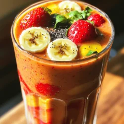 When making a healthy strawberry banana smoothie, fresh and quality ingredients are key. Here’s what you need: - Strawberries - Banana - Spinach Strawberries bring a sweet and tangy flavor. They are rich in vitamin C and antioxidants. Bananas add creaminess and natural sweetness. Plus, they provide potassium and energy. Spinach is a great way to sneak in some greens. It adds vitamins without changing the taste much. - Almond milk (or alternative) - Sweetener options (honey or maple syrup) Almond milk makes the smoothie creamy and light. You can also use oat milk or coconut milk if you prefer. For sweetness, you can add honey or maple syrup. You can skip this if your fruits are sweet enough. - Chia seeds - Ice cubes Chia seeds boost fiber and omega-3s. They help keep you full longer. Ice cubes make the smoothie thicker and colder. This is great for a hot day. For the full recipe, check out the link provided. 1. Start by rinsing the strawberries under cold water. This removes dirt and bacteria. 2. Hull the strawberries by cutting off the green tops. This step is easy and quick. 3. Take the ripe banana and slice it into small pieces. This helps it blend well. 1. In a blender, add the hulled strawberries, sliced banana, and fresh spinach. 2. Pour in the almond milk. This gives the smoothie a nice base. 3. If you like it sweeter, add honey or maple syrup now. Adjust it to your taste. 4. For extra nutrition, toss in chia seeds. If you want it thicker, add ice cubes. 5. Blend all ingredients on high speed for about 30-60 seconds. It should be smooth. 6. Taste the smoothie. If it needs more sweetness, add more honey or syrup. Blend again briefly. 1. Pour the smoothie into glasses or bowls. It’s great for breakfast or a snack! 2. For a nice touch, top with sliced strawberries or banana. You can also sprinkle chia seeds on top. This makes it look pretty and tasty! - Blend for about 30 to 60 seconds. This time gives a smooth texture. - For a creamier feel, add more banana or a dollop of yogurt. - Swap in mango or pineapple for a tropical twist. - Try coconut milk or oat milk if you want a dairy-free option. - Taste your smoothie before serving. Adjust sweetness as needed. - Use honey, maple syrup, or even dates for natural sweetness. By making these small changes, you can create a strawberry banana smoothie that fits your taste! For the full recipe, check out the Berrylicious Strawberry Banana Smoothie . {{image_2}} You can make your smoothie creamier by adding yogurt. Plain Greek yogurt works great. It adds protein and thickens the mix. You can also use flavored yogurt for extra taste. Another fun idea is to incorporate other berries. Blueberries, raspberries, or blackberries add new flavors. You can mix and match to find your favorite blend. For extra nutrition, add seeds and nuts. Flaxseeds or hemp seeds give healthy fats and fiber. Almonds or walnuts can add crunch and protein. You can also include protein powders. Whey or plant-based protein can make your smoothie a meal. This is great if you need energy for your day. To save time, prep ingredients ahead of time. Wash and slice your fruits and store them in the fridge. This way, your smoothie is ready to blend in minutes. You can also freeze smoothie packs. Put your fruits, spinach, and seeds in bags and freeze them. When you want a smoothie, just grab a pack and blend it with milk. This keeps the smoothie fresh and tasty. Try these variations to keep your strawberry banana smoothie exciting! You can find the full recipe above. After making your healthy strawberry banana smoothie, you may have some leftovers. To store them, pour the smoothie into an airtight container. This helps keep it fresh. Place it in the fridge right away. The smoothie stays good for about 1 to 2 days. After that, it may lose its taste and texture. If you want to keep the smoothie longer, freezing is a great option. Pour the smoothie into freezer-safe bags or containers. Leave some space at the top for expansion. When it's time to enjoy, take it out and thaw it. You can thaw it in the fridge overnight or place it in warm water for a quick thaw. You can get creative with leftover smoothie! Try using it in yogurt parfaits or oatmeal. You can also blend it into popsicles for a fun treat. Another idea is to mix it into pancakes or waffles for a fruity flavor. These options make the most of your healthy smoothie and reduce waste. A strawberry banana smoothie is packed with nutrients. Strawberries are high in vitamin C, which boosts your immune system. They also have antioxidants that help fight free radicals. Bananas provide potassium, which is good for heart health. Plus, they add natural sweetness and creaminess. The spinach adds iron and fiber, promoting healthy digestion. Together, these ingredients create a tasty drink that fuels your body and keeps you feeling great. Yes, you can make this smoothie without spinach. If you skip the spinach, you will lose some iron and fiber. However, the smoothie will still taste great. You can also add other greens like kale or Swiss chard if you prefer. This way, you can stick to your taste while still getting some green goodness. Fresh strawberries are great, but frozen strawberries work well too. Fresh berries give a brighter flavor. They also hold more nutrients. Frozen strawberries are convenient and make the smoothie cold and thick. If you use frozen, you might not need ice cubes. Both options are healthy; it just depends on what you have available. To make your smoothie thicker, add ice cubes or use frozen fruits. Chia seeds also help thicken the mix as they absorb liquid. If you want a creamier texture, use yogurt or a banana. Blend until it reaches the desired thickness. Adjust the liquid as needed to get the perfect consistency. Yes, you can add protein powder to boost your smoothie. It’s a great way to add extra nutrition, especially if you’re active. Choose a flavor that pairs well with strawberries and bananas, like vanilla or chocolate. Just be sure to mix well so the powder blends in smoothly. Enjoy your tasty and energizing drink! This blog post covered how to make a delicious strawberry banana smoothie. We explored fresh ingredients, liquid options, and fun add-ins. I shared step-by-step instructions for blending and serving. Tips for perfecting texture and controlling sweetness can make your smoothie shine. Remember, you can customize your smoothie with different fruits or extras. Enjoy experimenting with flavors and ingredients. Smoothies are tasty, easy, and healthy—perfect for any time of day!