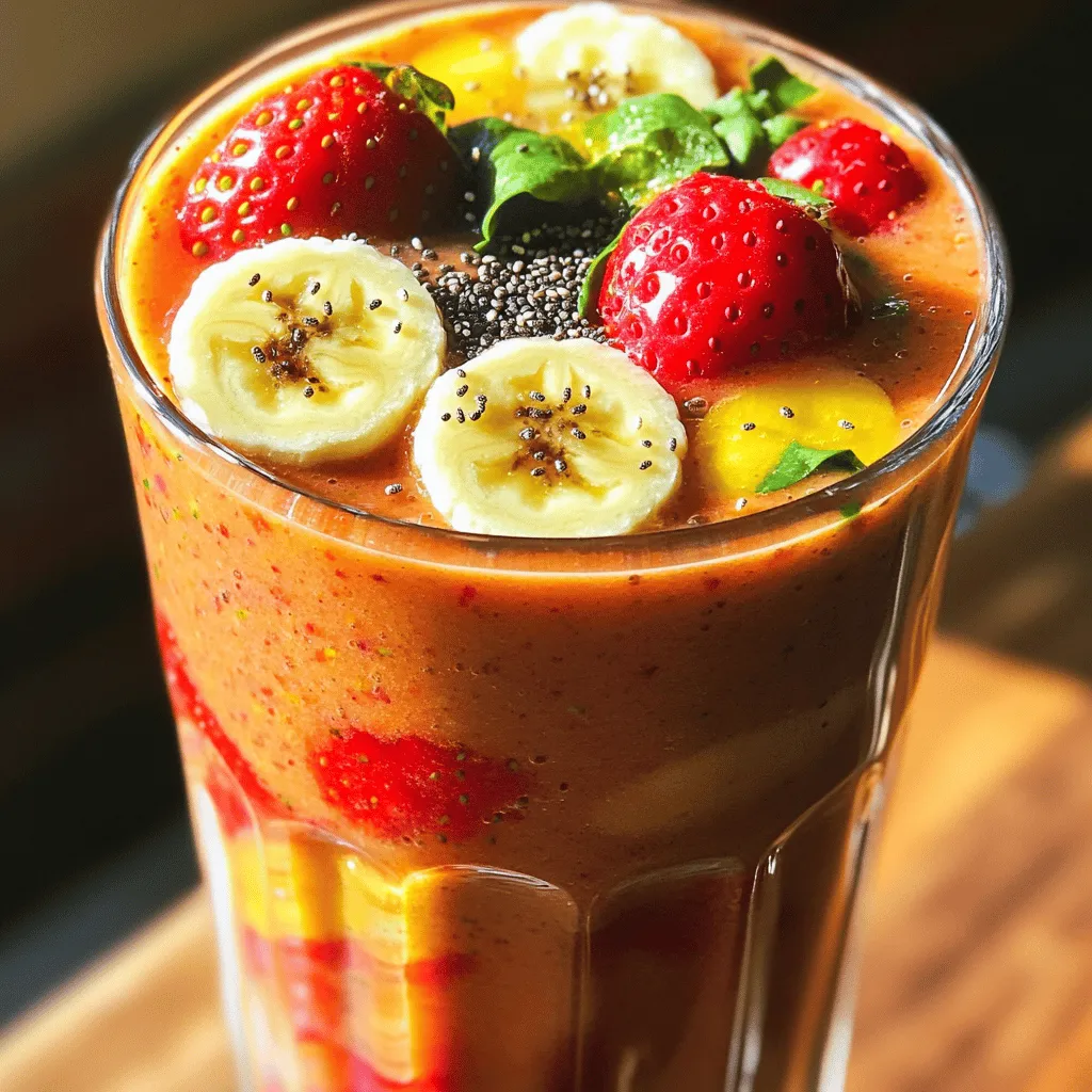 When making a healthy strawberry banana smoothie, fresh and quality ingredients are key. Here’s what you need: - Strawberries - Banana - Spinach Strawberries bring a sweet and tangy flavor. They are rich in vitamin C and antioxidants. Bananas add creaminess and natural sweetness. Plus, they provide potassium and energy. Spinach is a great way to sneak in some greens. It adds vitamins without changing the taste much. - Almond milk (or alternative) - Sweetener options (honey or maple syrup) Almond milk makes the smoothie creamy and light. You can also use oat milk or coconut milk if you prefer. For sweetness, you can add honey or maple syrup. You can skip this if your fruits are sweet enough. - Chia seeds - Ice cubes Chia seeds boost fiber and omega-3s. They help keep you full longer. Ice cubes make the smoothie thicker and colder. This is great for a hot day. For the full recipe, check out the link provided. 1. Start by rinsing the strawberries under cold water. This removes dirt and bacteria. 2. Hull the strawberries by cutting off the green tops. This step is easy and quick. 3. Take the ripe banana and slice it into small pieces. This helps it blend well. 1. In a blender, add the hulled strawberries, sliced banana, and fresh spinach. 2. Pour in the almond milk. This gives the smoothie a nice base. 3. If you like it sweeter, add honey or maple syrup now. Adjust it to your taste. 4. For extra nutrition, toss in chia seeds. If you want it thicker, add ice cubes. 5. Blend all ingredients on high speed for about 30-60 seconds. It should be smooth. 6. Taste the smoothie. If it needs more sweetness, add more honey or syrup. Blend again briefly. 1. Pour the smoothie into glasses or bowls. It’s great for breakfast or a snack! 2. For a nice touch, top with sliced strawberries or banana. You can also sprinkle chia seeds on top. This makes it look pretty and tasty! - Blend for about 30 to 60 seconds. This time gives a smooth texture. - For a creamier feel, add more banana or a dollop of yogurt. - Swap in mango or pineapple for a tropical twist. - Try coconut milk or oat milk if you want a dairy-free option. - Taste your smoothie before serving. Adjust sweetness as needed. - Use honey, maple syrup, or even dates for natural sweetness. By making these small changes, you can create a strawberry banana smoothie that fits your taste! For the full recipe, check out the Berrylicious Strawberry Banana Smoothie . {{image_2}} You can make your smoothie creamier by adding yogurt. Plain Greek yogurt works great. It adds protein and thickens the mix. You can also use flavored yogurt for extra taste. Another fun idea is to incorporate other berries. Blueberries, raspberries, or blackberries add new flavors. You can mix and match to find your favorite blend. For extra nutrition, add seeds and nuts. Flaxseeds or hemp seeds give healthy fats and fiber. Almonds or walnuts can add crunch and protein. You can also include protein powders. Whey or plant-based protein can make your smoothie a meal. This is great if you need energy for your day. To save time, prep ingredients ahead of time. Wash and slice your fruits and store them in the fridge. This way, your smoothie is ready to blend in minutes. You can also freeze smoothie packs. Put your fruits, spinach, and seeds in bags and freeze them. When you want a smoothie, just grab a pack and blend it with milk. This keeps the smoothie fresh and tasty. Try these variations to keep your strawberry banana smoothie exciting! You can find the full recipe above. After making your healthy strawberry banana smoothie, you may have some leftovers. To store them, pour the smoothie into an airtight container. This helps keep it fresh. Place it in the fridge right away. The smoothie stays good for about 1 to 2 days. After that, it may lose its taste and texture. If you want to keep the smoothie longer, freezing is a great option. Pour the smoothie into freezer-safe bags or containers. Leave some space at the top for expansion. When it's time to enjoy, take it out and thaw it. You can thaw it in the fridge overnight or place it in warm water for a quick thaw. You can get creative with leftover smoothie! Try using it in yogurt parfaits or oatmeal. You can also blend it into popsicles for a fun treat. Another idea is to mix it into pancakes or waffles for a fruity flavor. These options make the most of your healthy smoothie and reduce waste. A strawberry banana smoothie is packed with nutrients. Strawberries are high in vitamin C, which boosts your immune system. They also have antioxidants that help fight free radicals. Bananas provide potassium, which is good for heart health. Plus, they add natural sweetness and creaminess. The spinach adds iron and fiber, promoting healthy digestion. Together, these ingredients create a tasty drink that fuels your body and keeps you feeling great. Yes, you can make this smoothie without spinach. If you skip the spinach, you will lose some iron and fiber. However, the smoothie will still taste great. You can also add other greens like kale or Swiss chard if you prefer. This way, you can stick to your taste while still getting some green goodness. Fresh strawberries are great, but frozen strawberries work well too. Fresh berries give a brighter flavor. They also hold more nutrients. Frozen strawberries are convenient and make the smoothie cold and thick. If you use frozen, you might not need ice cubes. Both options are healthy; it just depends on what you have available. To make your smoothie thicker, add ice cubes or use frozen fruits. Chia seeds also help thicken the mix as they absorb liquid. If you want a creamier texture, use yogurt or a banana. Blend until it reaches the desired thickness. Adjust the liquid as needed to get the perfect consistency. Yes, you can add protein powder to boost your smoothie. It’s a great way to add extra nutrition, especially if you’re active. Choose a flavor that pairs well with strawberries and bananas, like vanilla or chocolate. Just be sure to mix well so the powder blends in smoothly. Enjoy your tasty and energizing drink! This blog post covered how to make a delicious strawberry banana smoothie. We explored fresh ingredients, liquid options, and fun add-ins. I shared step-by-step instructions for blending and serving. Tips for perfecting texture and controlling sweetness can make your smoothie shine. Remember, you can customize your smoothie with different fruits or extras. Enjoy experimenting with flavors and ingredients. Smoothies are tasty, easy, and healthy—perfect for any time of day!
