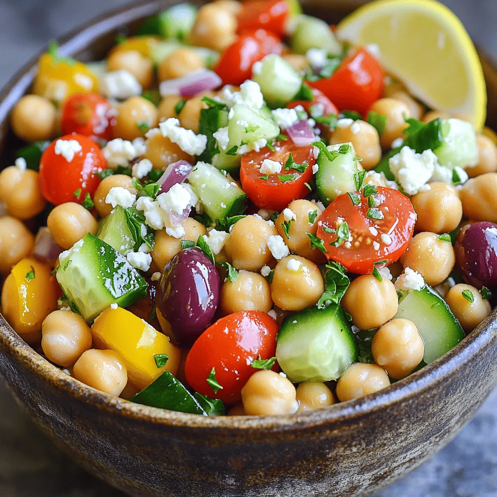 - 1 can (15 oz) chickpeas, drained and rinsed - 1 cucumber, diced - 1 cup cherry tomatoes, halved - 1/2 red onion, finely chopped - 1 bell pepper (any color), diced - 1/4 cup Kalamata olives, pitted and sliced - 1/4 cup feta cheese, crumbled - 3 tablespoons fresh parsley, chopped - 2 tablespoons olive oil - 1 tablespoon red wine vinegar (or apple cider vinegar for a non-wine option) - 1 teaspoon dried oregano - Salt and pepper to taste Chickpeas form the base of this salad. They add protein and fiber. Using canned chickpeas makes prep easy. Just drain and rinse them. Fresh veggies bring crunch and vibrant color. Cucumbers add a cool bite, while cherry tomatoes burst with sweetness. Red onion gives a sharp taste, balancing the salad. Bell peppers add more color and crunch. Kalamata olives add a touch of brininess. Feta cheese provides creamy richness, making every bite delightful. Fresh parsley brightens the dish with color and flavor. Olive oil and vinegar create a simple dressing that ties everything together. Dried oregano enhances the Mediterranean flavor. This list of ingredients is key to a fresh and flavorful dish. Each ingredient plays a role in making this salad bright, tasty, and healthy. Check out the Full Recipe for all the details on how to prepare this dish! In a large mixing bowl, combine the drained chickpeas, diced cucumber, halved cherry tomatoes, chopped red onion, and diced bell pepper. This mix gives your salad a bright and colorful base. Next, add the sliced Kalamata olives and crumbled feta cheese to the bowl. The olives add a nice salty taste, while the feta brings creaminess to the salad. In a small bowl, whisk together the olive oil, vinegar, dried oregano, salt, and pepper. This dressing ties all the flavors together. Make sure to mix it well so the flavors blend. Pour the dressing over the salad mixture and gently toss everything together until well combined. Use a large spoon or spatula to ensure even coating. Sprinkle chopped parsley on top for added flavor and color. This step not only enhances the taste but also gives a fresh look to your dish. Let the salad sit for about 10-15 minutes to allow the flavors to meld before serving. This waiting time helps the ingredients soak up the dressing, making each bite delicious. For the full recipe, check the section above. Enjoy making this fresh and flavorful dish! To make your Mediterranean Chickpea Salad shine, let it sit for a bit before serving. This time allows the flavors to blend nicely. I often find that 10-15 minutes is perfect. Fresh herbs are a game changer, too. They add a crisp taste that dried herbs can’t match. I love using parsley or mint for a fresh kick. Always taste your salad before serving. Adjust the salt and pepper to fit your liking. This way, you ensure each bite is just right. Presentation matters when serving this salad. I recommend using a large bowl or individual plates. Drizzle a little olive oil on top for a glossy finish. A wedge of lemon on the side adds brightness and color. For a full meal, pair this salad with grilled chicken or fish. It works well with shrimp, too. You can also serve it with pita bread for a hearty touch. These simple steps will wow your guests and make your meal memorable. Want to dive deeper? Check out the Full Recipe for more ideas! {{image_2}} You can easily change up the chickpeas in this Mediterranean chickpea salad. Try using black beans or kidney beans instead. These swaps bring new tastes and textures. You can also switch the cheese. Go for creamy goat cheese or fresh mozzarella. Both will add a unique flavor twist. Want to add more crunch and creaminess? Toss in some diced avocado or thinly sliced radishes. These veggies brighten up the salad. You can also mix in grains like quinoa or couscous. They add a hearty feel and make the dish more filling. Enjoy the Full Recipe for more ideas! To keep your Mediterranean Chickpea Salad fresh, store it in a sealed container. This helps prevent any flavors from mixing and keeps it crisp. Place it in your fridge right after serving. This salad is best enjoyed within three days. After that, the veggies may lose their crunch. You can freeze some salad components, but not the whole salad. Freeze the chickpeas, diced cucumber, and bell pepper separately. Avoid freezing tomatoes and feta, as they change in texture when thawed. When you're ready to use them, thaw in the fridge overnight. Mix thawed ingredients fresh with some new veggies for a tasty salad. Can I make Mediterranean Chickpea Salad ahead of time? Yes, you can make this salad ahead of time. It tastes better after sitting for a while. Just keep it in the fridge. Is this salad vegan-friendly? Yes, Mediterranean Chickpea Salad is vegan if you skip the feta cheese. You can add vegan cheese if you like. What are some good side dishes to serve with Mediterranean Chickpea Salad? Great side dishes include pita bread, hummus, or grilled veggies. They complement the salad well. How can I increase the protein content of the salad? To boost protein, add more chickpeas or toss in some quinoa. You can also add nuts or seeds. What dressing alternatives can I use? You can use lemon juice or tahini for a different flavor. A yogurt-based dressing works well too. What are the nutritional benefits of chickpeas? Chickpeas are high in protein and fiber. They help keep you full and support digestion. Is Mediterranean Chickpea Salad low in calories? Yes, this salad is low in calories. It is packed with fresh ingredients that are healthy. How can I make this salad gluten-free? The salad is naturally gluten-free. Just ensure all ingredients, like vinegar, are gluten-free. This Mediterranean Chickpea Salad is easy and full of flavor. You saw how to mix fresh veggies, olives, and chickpeas. I shared tips on making it taste even better and how to store or freeze it. Remember, this salad is versatile. You can swap ingredients based on what you have. Enjoy making it your own. This dish is not just healthy; it’s fun to prepare and share. Dive into this delicious salad and savor every bite!