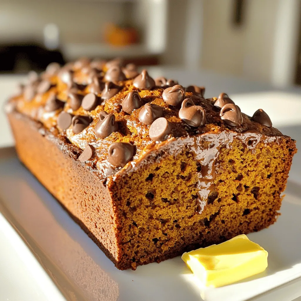 To make this delightful chocolate chip pumpkin bread, gather these ingredients: - 1 ¾ cups all-purpose flour - 1 teaspoon baking soda - ½ teaspoon baking powder - ½ teaspoon salt - 1 teaspoon ground cinnamon - ½ teaspoon ground nutmeg - ¼ teaspoon ground ginger - ½ cup granulated sugar - ½ cup brown sugar, packed - ½ cup vegetable oil or melted coconut oil - 2 large eggs - 1 cup pumpkin puree (canned or fresh) - 1 teaspoon vanilla extract - 1 cup semi-sweet chocolate chips - ½ cup chopped walnuts or pecans (optional) You can swap out some ingredients if needed: - Use whole wheat flour for a healthier option. - Swap granulated sugar with coconut sugar for a lower glycemic index. - Replace oil with applesauce for a lighter version. - Use flax eggs in place of regular eggs for a vegan option. - Almond extract can replace vanilla extract for a different flavor twist. Fresh ingredients make a big difference in your baking. They enhance flavor and texture. For instance, fresh pumpkin puree gives a rich taste. Old spices lose their aroma, so check their freshness. Using fresh eggs helps the bread rise better. Always choose high-quality chocolate chips for the best gooeyness. When you use fresh ingredients, your chocolate chip pumpkin bread will taste amazing! Start by preheating your oven to 350°F (175°C). This step warms the oven to the right heat. It helps the bread cook evenly. Grease a 9x5-inch loaf pan or line it with parchment paper. This makes it easier to remove the bread later. Next, gather your dry ingredients. In a medium bowl, whisk together: - 1 ¾ cups all-purpose flour - 1 teaspoon baking soda - ½ teaspoon baking powder - ½ teaspoon salt - 1 teaspoon ground cinnamon - ½ teaspoon ground nutmeg - ¼ teaspoon ground ginger Set this bowl aside. In a large mixing bowl, combine the sugars and oil. Add: - ½ cup granulated sugar - ½ cup brown sugar, packed - ½ cup vegetable oil or melted coconut oil Whisk in 2 large eggs, 1 cup pumpkin puree, and 1 teaspoon vanilla extract. Mix until smooth. Now, it's time to bring it all together. Gradually add the dry mix to the wet mix. Stir gently until just combined. Be careful not to overmix! Overmixing can make the bread tough. Finally, fold in 1 cup of semi-sweet chocolate chips. If you like, add ½ cup of chopped walnuts or pecans. This adds nice texture and flavor. Now, pour the batter into your prepared loaf pan. Smooth the top with a spatula. For the full recipe, check out the details above! For the best results, set your oven to 350°F (175°C). This temperature helps the bread rise well. Bake it for about 55 to 65 minutes. Check for doneness by inserting a toothpick into the center. If it comes out clean, your bread is ready. If not, give it a few more minutes. Each oven can be a bit different, so keep an eye on it. Overmixing can make your bread tough. To prevent this, mix your dry and wet ingredients gently. Use a rubber spatula or a wooden spoon. Stir just until you no longer see dry flour. It’s okay if the batter has a few lumps. The more you mix, the less fluffy your bread will be. Serve your chocolate chip pumpkin bread warm or at room temperature. Slice it nice and thick for a hearty treat. You can spread butter or cream cheese on top for extra flavor. For a fun touch, sprinkle some chocolate chips or nuts on top before baking. This makes it look special and inviting. Pair it with a hot drink for a cozy snack. Enjoy it with friends or family for a delightful time! {{image_2}} You can add nuts or dried fruits to your chocolate chip pumpkin bread. I love using walnuts or pecans. They add a nice crunch. You can also try dried cranberries or raisins for sweetness. Just fold in about half a cup of your choice into the batter. This makes each bite interesting and delightful. Spices can change the flavor of your bread. Besides cinnamon, you might try adding cloves or allspice. They bring warmth and depth. You can also use different extracts. Almond or orange extracts can add a unique twist. Just use one teaspoon of any extract you choose. This way, you can make your bread stand out. If you need gluten-free bread, swap all-purpose flour for a gluten-free blend. Make sure it works for baking. For a vegan version, use flax eggs. Mix one tablespoon of flaxseed meal with three tablespoons of water. Let it sit for five minutes. You can replace eggs with this mixture. This keeps your bread tasty and kind to all diets. Check the Full Recipe for more tips and ideas on making your chocolate chip pumpkin bread your own! To keep your chocolate chip pumpkin bread fresh, wrap it tightly in plastic wrap. You can also use foil for extra protection. Store it at room temperature for up to three days. If you want to keep it longer, consider freezing it. Freezing your leftover bread is easy. First, let the bread cool completely. Then, wrap it in plastic wrap and place it in a freezer bag. This will keep out air and moisture. You can freeze it for up to three months. When ready to eat, just thaw it at room temperature. To maintain the best flavor and texture, slice only what you need. Keep the rest wrapped. This helps prevent it from drying out. Avoid storing your bread in the fridge, as this can make it stale faster. Enjoy your delicious pumpkin bread for days to come! For the full recipe, check out the instructions above. To make your chocolate chip pumpkin bread moist, use enough pumpkin puree. This ingredient keeps the bread soft and fluffy. Also, don't overbake it. Check for doneness by inserting a toothpick. If it comes out clean, your bread is ready. Adding a bit of oil helps too. You can use vegetable oil or melted coconut oil for extra moisture. Yes, you can use fresh pumpkin. Just make sure to cook it first. Cut the pumpkin into chunks, steam or bake until soft, and then puree it. Fresh pumpkin can add a nice flavor. It may also change the texture a little, but that’s okay. You will still get a great loaf of bread. If you want to skip the eggs, you have options. You can use unsweetened applesauce instead. A quarter cup of applesauce equals one egg. You can also use mashed banana or a flaxseed mixture. For the flaxseed, mix one tablespoon of ground flaxseed with three tablespoons of water. Let it sit for a few minutes until it thickens. These substitutes work well and keep the bread tasty! You learned about making chocolate chip pumpkin bread, from fresh ingredients to tasty variations. Remember, fresh ingredients make a big difference in flavor. Follow our tips to bake perfectly and store leftovers well. Try different nuts, spices, or even gluten-free options to make it your own. I hope you feel ready to bake with confidence! Enjoy every bite of your delicious creation.