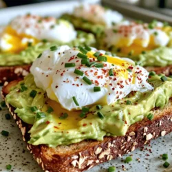 For a delicious avocado toast with poached egg, you will need: - 2 ripe avocados - 4 slices of whole-grain bread - 4 large eggs - 1 tablespoon white vinegar - 1 teaspoon lemon juice - Salt and pepper to taste - 1/4 teaspoon red pepper flakes - Fresh chives or cilantro, chopped (for garnish) - Olive oil for drizzling These ingredients make a simple yet tasty dish. The ripe avocados give a creamy texture. Whole-grain bread adds a nice crunch. The poached eggs provide protein and richness. Using lemon juice brightens the flavor. The addition of red pepper flakes gives a hint of heat. Fresh herbs like chives or cilantro enhance the dish's taste and look. Drizzling olive oil adds a touch of luxury. For the full recipe, check the steps to create this amazing meal. Enjoy your cooking! Toasting bread is simple. You can use either a toaster or a grill pan. - Toaster: Just place the slices in and set it to your desired level. - Grill Pan: Heat the pan over medium heat. Add the bread and toast for a few minutes on each side. Aim for a golden brown color. This gives a nice crunch to your avocado toast. Next, let’s get your avocado ready. First, cut each avocado in half. Remove the pit carefully. - Scoop the avocado flesh into a bowl. - Mash it with a fork until smooth. Add a squeeze of lemon juice, salt, and pepper for flavor. Mix it well and set it aside. Poaching eggs adds a tasty touch to your toast. Use vinegar in the water when poaching. - Fill a saucepan with about 3 inches of water. - Bring it to a gentle simmer, then add a tablespoon of white vinegar. Crack each egg into a small bowl. Slide the egg into the water gently. - Poach for about 3-4 minutes for a runny yolk. - Cook longer if you want a firmer yolk. Use a slotted spoon to remove the eggs when done. This simple method gives you a perfect poached egg every time. For the full recipe, check the detailed instructions above. Enjoy your cooking! To get a creamy avocado, choose ripe avocados. They should yield slightly when you press them. Cut them in half and remove the pit. Use a fork to mash the flesh in a bowl. Mix in lemon juice, salt, and pepper. This adds flavor and helps keep the color. For poached eggs, the vinegar is key. It helps the egg whites stay together. Use a small pot filled with water. Bring it to a gentle simmer, not a boil. Crack each egg into a small bowl first. Then, gently slide it into the simmering water. Poach the eggs for 3 to 4 minutes for runny yolks. If you want firmer yolks, leave them in longer. Pair your avocado toast with sides like fresh fruit, yogurt, or a light salad. These add color and taste. You can also serve it with a sprinkle of nuts for crunch. For presentation, arrange the toasts on a big plate. Add lemon or lime slices for a pop of color. A sprig of chives on each egg looks nice too. This makes the dish feel special and inviting. One common mistake is over-mashing the avocado. You want it creamy but still have some chunks. This adds texture to the toast. Another mistake is poaching eggs poorly. If the water is too hot, the eggs will break apart. Keep the heat low and the water at a gentle simmer. This ensures your eggs come out perfectly every time. {{image_2}} To take your avocado toast to a new level, try adding spices and herbs. A pinch of cumin or garlic powder can give your dish a warm kick. Fresh herbs like basil or cilantro also add brightness. You can even sprinkle some feta or goat cheese for a creamy finish. Cheese options like sharp cheddar or pepper jack can add a fun flavor twist. If you prefer gluten-free options, look for gluten-free bread made from almond or coconut flour. These choices taste great and work well with avocado. For a low-carb meal, try using cloud bread or lettuce wraps. Both options keep your toast light and fresh while still being filling. While poached eggs are classic, feel free to switch it up. A fried egg can add a nice crispy edge. Just cook the egg sunny-side up or over-easy for runny yolks. If you want something different, consider scrambled eggs on top. They add a soft texture and are quick to make, making breakfast even easier. For the full recipe, check out the [Full Recipe]. To keep your avocado toast fresh, store each part separately. For avocados, wrap them tightly in plastic wrap. This keeps air out and slows browning. You can also store them in an airtight container with lemon juice, which helps too. For any leftover poached eggs, store them in the fridge in a bowl of cold water. This keeps them moist and prevents them from drying out. Use these eggs within a day for the best taste. To reheat toast, place it in a toaster for a quick crisp. You can also use an oven at a low heat. Avoid the microwave, as it makes the toast soggy. For eggs, gently warm them in a pot of hot water for a few minutes. This keeps the eggs tender without cooking them further. Enjoy your meal again with these simple tips! For the full recipe, check the earlier section. Yes, you can prep for avocado toast ahead of time. Here are some tips: - Avocados: Keep them whole until you are ready to use them. Cut avocados brown fast. - Toast: You can toast the bread early. Just warm it up before serving. - Eggs: Poach the eggs and store them in cold water. This keeps them fresh until ready to eat. If you want to skip white vinegar, try these alternatives: - Apple cider vinegar: A mild flavor that works well. - Lemon juice: Adds a nice zest and helps the egg hold its shape. - Salt water: Just add a bit of salt to the water for a different taste. Look for these signs to know your egg is ready: - Timing: Poach for about 3-4 minutes for runny yolks. - Visual cues: The egg white should be set, and the yolk should still jiggle slightly. Avocado toast is not just tasty; it packs some great nutrients: - Healthy fats: Avocados have monounsaturated fats that are good for your heart. - Fiber: Whole-grain bread and avocados provide fiber, aiding digestion. - Vitamins: Avocados are rich in vitamins C, E, and K, boosting your health. Avocado toast can be vegan-friendly. Here are some ideas: - Egg alternatives: Use tofu scramble or chickpea salad instead of eggs. - Toppings: Add sliced tomatoes, radishes, or sprouts for extra flavor and nutrition. For the full recipe, check out the detailed instructions above. Avocado toast is a simple dish made from fresh ingredients. You now know how to toast bread, prepare ripe avocados, and poach eggs to perfection. You also learned ways to enhance flavor and avoid common mistakes. Experiment with variations and storage tips to keep your meals fresh. Avocado toast is healthy and can fit many diets. With these skills, you can make a delicious meal that everyone will love. Enjoy creating your unique versions and impress your friends!