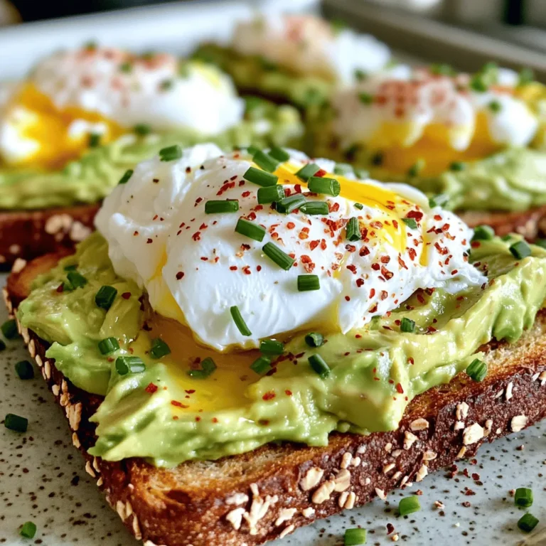 For a delicious avocado toast with poached egg, you will need: - 2 ripe avocados - 4 slices of whole-grain bread - 4 large eggs - 1 tablespoon white vinegar - 1 teaspoon lemon juice - Salt and pepper to taste - 1/4 teaspoon red pepper flakes - Fresh chives or cilantro, chopped (for garnish) - Olive oil for drizzling These ingredients make a simple yet tasty dish. The ripe avocados give a creamy texture. Whole-grain bread adds a nice crunch. The poached eggs provide protein and richness. Using lemon juice brightens the flavor. The addition of red pepper flakes gives a hint of heat. Fresh herbs like chives or cilantro enhance the dish's taste and look. Drizzling olive oil adds a touch of luxury. For the full recipe, check the steps to create this amazing meal. Enjoy your cooking! Toasting bread is simple. You can use either a toaster or a grill pan. - Toaster: Just place the slices in and set it to your desired level. - Grill Pan: Heat the pan over medium heat. Add the bread and toast for a few minutes on each side. Aim for a golden brown color. This gives a nice crunch to your avocado toast. Next, let’s get your avocado ready. First, cut each avocado in half. Remove the pit carefully. - Scoop the avocado flesh into a bowl. - Mash it with a fork until smooth. Add a squeeze of lemon juice, salt, and pepper for flavor. Mix it well and set it aside. Poaching eggs adds a tasty touch to your toast. Use vinegar in the water when poaching. - Fill a saucepan with about 3 inches of water. - Bring it to a gentle simmer, then add a tablespoon of white vinegar. Crack each egg into a small bowl. Slide the egg into the water gently. - Poach for about 3-4 minutes for a runny yolk. - Cook longer if you want a firmer yolk. Use a slotted spoon to remove the eggs when done. This simple method gives you a perfect poached egg every time. For the full recipe, check the detailed instructions above. Enjoy your cooking! To get a creamy avocado, choose ripe avocados. They should yield slightly when you press them. Cut them in half and remove the pit. Use a fork to mash the flesh in a bowl. Mix in lemon juice, salt, and pepper. This adds flavor and helps keep the color. For poached eggs, the vinegar is key. It helps the egg whites stay together. Use a small pot filled with water. Bring it to a gentle simmer, not a boil. Crack each egg into a small bowl first. Then, gently slide it into the simmering water. Poach the eggs for 3 to 4 minutes for runny yolks. If you want firmer yolks, leave them in longer. Pair your avocado toast with sides like fresh fruit, yogurt, or a light salad. These add color and taste. You can also serve it with a sprinkle of nuts for crunch. For presentation, arrange the toasts on a big plate. Add lemon or lime slices for a pop of color. A sprig of chives on each egg looks nice too. This makes the dish feel special and inviting. One common mistake is over-mashing the avocado. You want it creamy but still have some chunks. This adds texture to the toast. Another mistake is poaching eggs poorly. If the water is too hot, the eggs will break apart. Keep the heat low and the water at a gentle simmer. This ensures your eggs come out perfectly every time. {{image_2}} To take your avocado toast to a new level, try adding spices and herbs. A pinch of cumin or garlic powder can give your dish a warm kick. Fresh herbs like basil or cilantro also add brightness. You can even sprinkle some feta or goat cheese for a creamy finish. Cheese options like sharp cheddar or pepper jack can add a fun flavor twist. If you prefer gluten-free options, look for gluten-free bread made from almond or coconut flour. These choices taste great and work well with avocado. For a low-carb meal, try using cloud bread or lettuce wraps. Both options keep your toast light and fresh while still being filling. While poached eggs are classic, feel free to switch it up. A fried egg can add a nice crispy edge. Just cook the egg sunny-side up or over-easy for runny yolks. If you want something different, consider scrambled eggs on top. They add a soft texture and are quick to make, making breakfast even easier. For the full recipe, check out the [Full Recipe]. To keep your avocado toast fresh, store each part separately. For avocados, wrap them tightly in plastic wrap. This keeps air out and slows browning. You can also store them in an airtight container with lemon juice, which helps too. For any leftover poached eggs, store them in the fridge in a bowl of cold water. This keeps them moist and prevents them from drying out. Use these eggs within a day for the best taste. To reheat toast, place it in a toaster for a quick crisp. You can also use an oven at a low heat. Avoid the microwave, as it makes the toast soggy. For eggs, gently warm them in a pot of hot water for a few minutes. This keeps the eggs tender without cooking them further. Enjoy your meal again with these simple tips! For the full recipe, check the earlier section. Yes, you can prep for avocado toast ahead of time. Here are some tips: - Avocados: Keep them whole until you are ready to use them. Cut avocados brown fast. - Toast: You can toast the bread early. Just warm it up before serving. - Eggs: Poach the eggs and store them in cold water. This keeps them fresh until ready to eat. If you want to skip white vinegar, try these alternatives: - Apple cider vinegar: A mild flavor that works well. - Lemon juice: Adds a nice zest and helps the egg hold its shape. - Salt water: Just add a bit of salt to the water for a different taste. Look for these signs to know your egg is ready: - Timing: Poach for about 3-4 minutes for runny yolks. - Visual cues: The egg white should be set, and the yolk should still jiggle slightly. Avocado toast is not just tasty; it packs some great nutrients: - Healthy fats: Avocados have monounsaturated fats that are good for your heart. - Fiber: Whole-grain bread and avocados provide fiber, aiding digestion. - Vitamins: Avocados are rich in vitamins C, E, and K, boosting your health. Avocado toast can be vegan-friendly. Here are some ideas: - Egg alternatives: Use tofu scramble or chickpea salad instead of eggs. - Toppings: Add sliced tomatoes, radishes, or sprouts for extra flavor and nutrition. For the full recipe, check out the detailed instructions above. Avocado toast is a simple dish made from fresh ingredients. You now know how to toast bread, prepare ripe avocados, and poach eggs to perfection. You also learned ways to enhance flavor and avoid common mistakes. Experiment with variations and storage tips to keep your meals fresh. Avocado toast is healthy and can fit many diets. With these skills, you can make a delicious meal that everyone will love. Enjoy creating your unique versions and impress your friends!