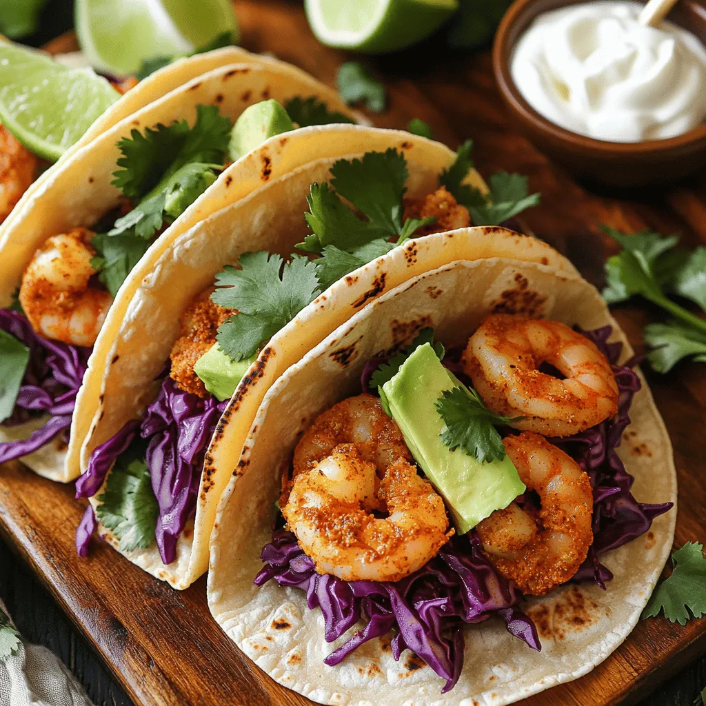 To make delicious spicy shrimp tacos, you will need the following ingredients: - 1 pound large shrimp, peeled and deveined - 1 tablespoon olive oil - 2 teaspoons smoked paprika - 1 teaspoon cumin - 1 teaspoon chili powder - 1/2 teaspoon cayenne pepper (adjust to taste) - 1 teaspoon garlic powder - Salt and pepper to taste - 8 small corn tortillas - 1 cup red cabbage, shredded - 1 avocado, sliced - 1/2 cup fresh cilantro, chopped - 1 lime, cut into wedges - Optional: 1/2 cup sour cream or Greek yogurt for topping Gather these items before you start cooking. Each ingredient plays a key role in building flavor. The shrimp give the dish its main protein, while spices like smoked paprika and cayenne add heat. Avocado and cabbage balance the spice with creaminess and crunch. This recipe is easy to follow, and you can find the full recipe in the link provided. Start by taking one pound of large shrimp. Toss the shrimp in a bowl with one tablespoon of olive oil. Add two teaspoons of smoked paprika, one teaspoon of cumin, one teaspoon of chili powder, and half a teaspoon of cayenne pepper. You can adjust the cayenne to your heat level. Also, sprinkle in one teaspoon of garlic powder, along with salt and pepper to taste. Mix everything well, ensuring the shrimp is well coated in the spices. This step is key to getting that bold flavor. Next, heat a large skillet over medium-high heat. Once the skillet is hot, add the shrimp in a single layer. Cook for about 2-3 minutes on each side. You’ll know they're ready when they turn pink and opaque. This quick cooking keeps the shrimp juicy and tender. Remove the skillet from heat when done. In a separate skillet, warm eight small corn tortillas. Heat them for about 30 seconds on each side. This step makes them pliable and easy to fold. Warm tortillas add a nice touch to your tacos and bring out the flavors. Now comes the fun part: assembling your tacos! Take a warm tortilla and layer it with a handful of shredded red cabbage. Next, add a few pieces of shrimp. Top it off with slices of avocado and a sprinkle of fresh cilantro. Serve each taco with lime wedges on the side. For an extra treat, you can drizzle sour cream or Greek yogurt on top if you like. Enjoy your tasty creation! To make your tacos milder, reduce the cayenne pepper. Start with just a pinch. You can always add more spice later. Taste the shrimp after cooking. If you want more heat, sprinkle in a bit more cayenne. This way, you control the spice level based on your taste. Make your tacos stand out! Use a large platter to arrange the tacos. Place lime wedges between them for color. Add extra cilantro on top for a fresh touch. You can also serve a small bowl of sour cream on the side. This adds a creamy dip that pairs well with the spice. A good skillet is key for cooking shrimp. I recommend using a heavy-bottomed skillet for even heat. This helps cook the shrimp quickly and evenly. Also, have a spatula ready for flipping. If you have a pair of tongs, they work great to handle the shrimp too. These tools will help you achieve the best results. {{image_2}} You can swap shrimp for many other proteins. Fish like tilapia or cod works well. Chicken is another great option. Simply grill or sauté it with the same spices. If you prefer plant-based meals, try tofu. Press and cube the tofu, then sauté it with spices until golden. Each option brings its unique flavor, making your tacos diverse and fun. Toppings can change the taco game. Mango salsa adds a sweet touch. Just mix diced mango, onion, lime juice, and cilantro. Jalapeños give a nice kick. Slice them thin for an extra spicy bite. Guacamole is creamy and delicious. Mash ripe avocados with lime and salt for a quick dip. These toppings add layers of flavor and texture to your dish. For gluten-free tacos, use corn tortillas. They are naturally gluten-free and taste great. If you need a dairy-free option, skip the sour cream. You can use a dairy-free yogurt instead. These simple swaps make the dish fit many diets while keeping it tasty. Enjoy your tacos without worry! To keep your leftover shrimp tacos fresh, store the shrimp and toppings separately. Place the shrimp in an airtight container. Use wax paper between layers to avoid sticking. For toppings, keep the cabbage, avocado, and cilantro in their own containers. This helps keep them crisp. Aim to eat leftovers within two days for best taste. To reheat the shrimp, use a skillet over medium heat. Add a splash of water to help steam them. Cook for about two to three minutes until hot. For tortillas, warm them in a dry skillet for about 30 seconds on each side. This keeps them soft and tasty. You can freeze the shrimp if you want to save time. Place cooked shrimp in a freezer-safe bag. Remove as much air as you can. Lay the bag flat in the freezer. For tacos, it's best to freeze the shrimp only. Assemble the tacos fresh for best flavor. Thaw shrimp overnight in the fridge before cooking again. To tone down the heat, I suggest cutting back on the cayenne pepper. Start with just a pinch or skip it altogether. You can also add more non-spicy ingredients. For example, mix in extra avocado or sour cream. These will balance the spice and keep the tacos tasty. Yes, you can use frozen shrimp! Just make sure to thaw them first. Place the shrimp in the fridge overnight or run them under cold water for quick thawing. When cooking, you might need to add an extra minute or two to ensure they cook fully. Frozen shrimp work well and can save time. These tacos pair well with many sides. Here are some great options: - Mexican rice - Black beans - Grilled corn on the cob - Fresh salsa - A light salad with lime dressing Beverages like iced tea or a light beer also complement the meal nicely. For the complete recipe, check out the [Full Recipe](#). You learned how to make spicy shrimp tacos using simple ingredients and steps. I shared tips on adjusting spiciness, presentation, and variations for dietary needs. These tacos are easy to customize and store for later. Remember, cooking should be fun. Try different proteins and toppings to find your favorites. Enjoy the process, and your shrimp tacos will shine at any meal!