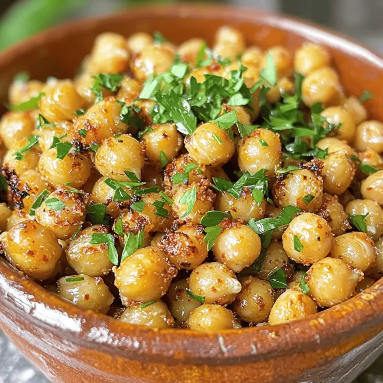 To make Spicy Garlic Roasted Chickpeas, you need these simple items: - 1 can (15 oz) chickpeas, drained and rinsed - 2 tablespoons olive oil - 4 cloves garlic, minced - 1 teaspoon smoked paprika - 1/2 teaspoon cayenne pepper (adjust for heat preference) - 1 teaspoon ground cumin - 1 teaspoon sea salt - 1 tablespoon fresh parsley, chopped (for garnish) You can change some ingredients based on your needs. Here are a few ideas: - Chickpeas: You can use dried chickpeas if you soak and cook them first. - Olive oil: Use avocado oil or coconut oil for different flavors. - Garlic: Garlic powder works if you don’t have fresh garlic. - Spices: Try using chili powder or curry powder instead of smoked paprika. - Salt: Low-sodium salt is a good choice for less sodium. Freshness matters, especially for chickpeas. Here are tips to find the best: - Canned chickpeas: Check the expiration date. Choose cans without dents. - Dried chickpeas: Look for whole, unbroken beans. They should be firm and dry. - Organic options: If you can, choose organic chickpeas. They often have better flavor. - Local markets: Visit local farmers' markets for fresh, high-quality options. For the full recipe, check out the Spicy Garlic Roasted Chickpeas section. Start by preheating your oven to 400°F (200°C). This heat is key for crispy chickpeas. Next, take one can of chickpeas, drain, and rinse them well. Spread the chickpeas on a clean kitchen towel. Pat them dry to get rid of excess moisture. The drier they are, the crispier they will become. In a large bowl, mix the dry chickpeas with 2 tablespoons of olive oil, 4 minced garlic cloves, 1 teaspoon of smoked paprika, 1/2 teaspoon of cayenne pepper, 1 teaspoon of ground cumin, and 1 teaspoon of sea salt. Toss everything until the chickpeas are nicely coated. Once your chickpeas are seasoned, line a baking sheet with parchment paper. This step makes for easy cleanup. Spread the seasoned chickpeas in a single layer on the sheet. Roast them in the preheated oven for 25-30 minutes. Remember to stir halfway through. This ensures even cooking. The chickpeas should turn golden brown and crispy. After roasting, take the baking sheet out of the oven. Let the chickpeas cool for a few minutes. They will continue to crisp up as they cool. This step is important for getting that perfect crunch. For a pop of color and flavor, garnish with 1 tablespoon of fresh parsley before serving. Enjoy your spicy garlic roasted chickpeas as a tasty snack or topping! For a complete guide and all the details, refer to the Full Recipe. Roasting chickpeas is simple, but small mistakes can ruin them. Here are some pitfalls to watch out for: - Not drying the chickpeas: Wet chickpeas will turn soft, not crispy. Always pat them dry after rinsing. - Overcrowding the pan: If chickpeas are too close, they steam instead of roast. Spread them in a single layer. - Skipping the stirring: Stir halfway through roasting. This helps them cook evenly and get crispy all over. To make your spicy garlic roasted chickpeas even better, try these ideas: - Add more heat: If you love spice, increase the cayenne pepper or add chili powder. - Try new herbs: Fresh herbs like rosemary or thyme can add a unique taste. - Mix in zest: A bit of lemon or lime zest can brighten the flavor of the chickpeas. Getting that perfect crunch is key. Here’s how to ensure even roasting: - Use a preheated oven: Starting with a hot oven helps the chickpeas crisp up quickly. - Choose the right baking sheet: A rimmed sheet will keep the chickpeas from rolling around. - Avoid using foil: Parchment paper works best. It allows for air circulation while keeping cleanup easy. For the full recipe, check the ingredients and instructions listed above. Enjoy your cooking! {{image_2}} You can spice up your roasted chickpeas in many ways. Try adding lemon zest for a bright touch. For a sweet twist, mix in maple syrup or honey before roasting. You can also use different spices, like curry powder or chili lime seasoning, to change the taste. Each mix gives you a new flavor to enjoy. This recipe is already vegan and gluten-free, which is great! If you want to make it even healthier, use less oil. You can also add nutritional yeast for a cheesy flavor without dairy. Just sprinkle it on before serving. Feel free to get creative and swap spices to match your taste. Spicy garlic roasted chickpeas are great as a snack on their own. You can also toss them in salads for a tasty crunch. Use them as a topping for soups or grain bowls to add texture. They make a fun addition to party platters. Try serving them with a dip, like hummus or yogurt sauce, for extra flavor. You can find the full recipe above to guide you in making these delicious treats! After enjoying your spicy garlic roasted chickpeas, store leftovers in an airtight container. This keeps them fresh longer. Make sure the chickpeas are completely cool before sealing the container. If you have extra, you can also use zip-top bags for better space-saving. To reheat and maintain crispiness, use the oven. Preheat it to 350°F (175°C). Spread the chickpeas on a baking sheet in a single layer. Heat them for about 10 minutes, checking often. This helps restore their crunch while warming them up. Avoid the microwave, as it can make them soft. Properly stored, your chickpeas can last up to one week. Check for signs of spoilage before eating. Look for any off smells, unusual colors, or a soggy texture. If you notice any of these signs, it's best to discard them. Freshness is key for enjoying this flavorful snack. Yes, you can use dried chickpeas. First, soak them overnight in water. Then, cook them until tender. This process takes more time but gives you great flavor. Once cooked, you can follow the same steps from the Full Recipe. Just remember to dry them well before roasting. To change the spice level, you can add or reduce cayenne pepper. If you like it milder, use less. For more heat, add more cayenne. You can also try different spices, like chili powder or black pepper, for a unique twist. Taste the mixture before roasting to find your perfect balance. Yes, spicy garlic roasted chickpeas are very healthy. They are high in protein and fiber, which keeps you full. Chickpeas also have good vitamins and minerals. Using olive oil adds healthy fats. Just watch the portion size, as they are easy to snack on! In this blog post, we explored how to make spicy garlic roasted chickpeas. We covered all the ingredients, including substitutions for different diets. You learned step-by-step cooking instructions to achieve crispy texture. We also shared tips to avoid common mistakes and enhance flavors. Finally, we discussed storage methods and answered your burning questions. These chickpeas make a healthy and tasty snack. With practice, you can create your perfect version. Enjoy experimenting with flavors and make this recipe your own. Happy cooking!
