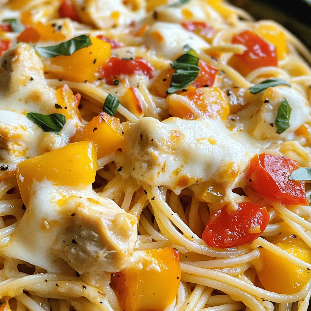 - 8 oz spaghetti - 2 boneless, skinless chicken breasts, diced - 2 tablespoons olive oil - 1 small onion, finely chopped - 3 cloves garlic, minced - 1 bell pepper (red or yellow), diced - 1 can (14.5 oz) diced tomatoes - 1 cup chicken broth - 1 cup heavy cream - 1 cup shredded mozzarella cheese - 1 teaspoon Italian seasoning - ½ teaspoon red pepper flakes (optional) - Salt and pepper to taste - Fresh basil, for garnish (optional)