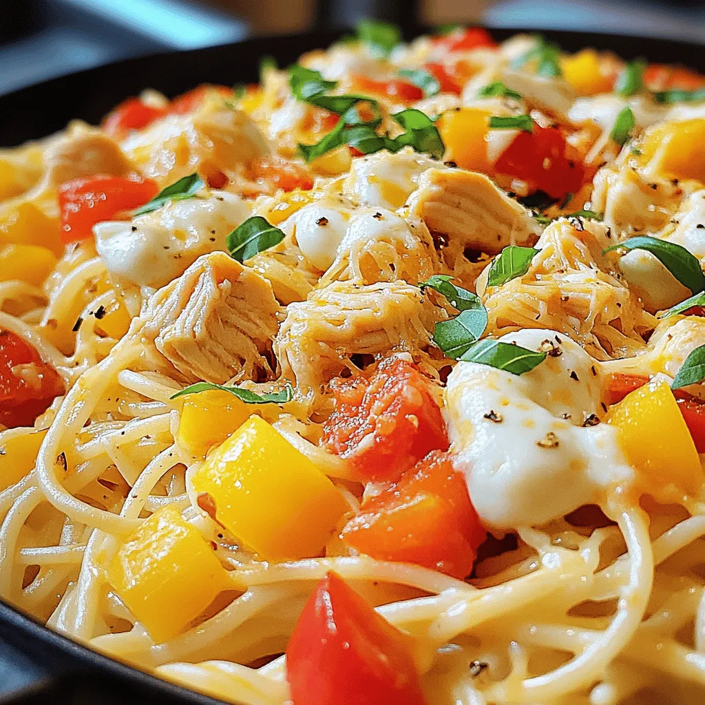 - 8 oz spaghetti - 2 boneless, skinless chicken breasts, diced - 2 tablespoons olive oil - 1 small onion, finely chopped - 3 cloves garlic, minced - 1 bell pepper (red or yellow), diced - 1 can (14.5 oz) diced tomatoes - 1 cup chicken broth - 1 cup heavy cream - 1 cup shredded mozzarella cheese - 1 teaspoon Italian seasoning - ½ teaspoon red pepper flakes (optional) - Salt and pepper to taste - Fresh basil, for garnish (optional)