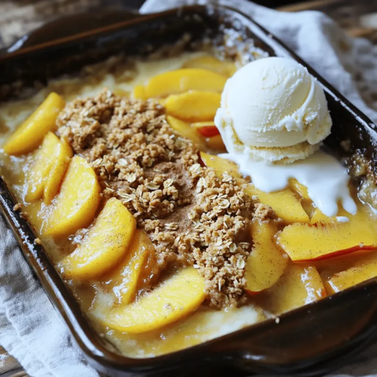 For this recipe, use 6 ripe peaches. Look for peaches that smell sweet and feel slightly soft. Slice the peaches and remove the pits. Fresh peaches give the best flavor and texture. You can also mix in some nectarines for a twist. You will need a few sweeteners and flavorings. Use 1/4 cup granulated sugar to sweeten the peaches. Add 1 tablespoon of lemon juice to brighten the flavors. A teaspoon of vanilla extract brings warmth to the dish. Lastly, sprinkle in 1 teaspoon of ground cinnamon for that cozy taste. The topping is what makes this dish special. Gather 1 cup of rolled oats and 1/2 cup of all-purpose flour. Use 1/3 cup of packed brown sugar for rich sweetness. Melt 1/4 cup of unsalted butter to bind it all together. Don’t forget a pinch of salt (1/4 teaspoon) to balance the flavors. For a fun treat, serve it with vanilla ice cream or whipped cream. For the complete recipe, check out the Full Recipe section. Start by washing the peaches well. Next, slice them in half and remove the pit. You want to cut the peaches into thin slices. This helps them cook evenly. In a large bowl, mix the sliced peaches with granulated sugar, lemon juice, vanilla extract, and ground cinnamon. Toss gently until the peaches are well coated. This adds flavor and sweetness. After that, pour the peach mixture into a greased 9x9 inch baking dish. Make sure to spread it evenly. Grab another bowl to make the oat topping. In this bowl, combine rolled oats, all-purpose flour, brown sugar, melted butter, and salt. Stir until it becomes crumbly and mixed well. You want a nice texture that will bake into a crisp. This topping adds a great crunch to the soft peaches. Once ready, evenly sprinkle the oat mixture over the peaches in the baking dish. Cover them fully for the best flavor. Preheat your oven to 350°F (175°C). Once the oven is hot, place your baking dish inside. Bake for about 30-35 minutes. You want the topping to turn golden brown and the fruit to bubble. This shows that everything is cooked well. After baking, remove the dish and let it cool slightly. Serve warm, and don’t forget the optional vanilla ice cream or whipped cream. It makes the dish even better! For more details, check out the Full Recipe. When picking peaches, look for ones that feel slightly soft. They should have a sweet scent, too. The skin should be free of dark spots or wrinkles. If they are too firm, let them sit at room temperature for a day or two. This allows them to ripen. Ripe peaches will add sweetness and juiciness to your crisp. To get the best oat topping, use rolled oats. They create a nice, chewy texture. Mixing them with flour helps bind the topping. Melted butter adds richness and crunch. Don’t overmix! You want clumps for an even bake. Sprinkle the topping generously over the peaches. This ensures every bite is filled with flavor. Adding spices can take your peach crisp to the next level. Ground cinnamon adds warmth and depth. You can also try nutmeg for a unique twist. A dash of ginger can bring a slight zing. Adjust the spices to your taste. You want the flavors to complement the sweet peaches, not overpower them. For more ideas, check the Full Recipe for hints on extra flavors. {{image_2}} You can easily add nuts or seeds to your peach crisp. This extra crunch makes it even more fun. Try adding chopped walnuts or pecans. They blend well with the sweet peaches. You can also use sunflower or pumpkin seeds. This adds a nice bite and boosts nutrition. Just mix them into the oat topping. About half a cup works well. This change can make your dessert more exciting and hearty. Peach crisp is super versatile. You can swap peaches for other fruits. Try using ripe berries like blueberries or raspberries. Apples and pears also work great. Each fruit gives a different flavor. You can even mix fruits for a unique taste. Just keep the same amount of sugar and spices. This way, your crisp stays sweet and tasty. Experimenting with fruits can lead to new favorites. If you need a gluten-free version, it’s easy to adapt. Replace all-purpose flour with almond or coconut flour. You can also use gluten-free oats. They work just as well in this recipe. Make sure to check labels on all products. This ensures they are truly gluten-free. With these swaps, everyone can enjoy your peach crisp without worry. It’s still delicious and satisfying! After you make the peach crisp, you might have some left. Store it in an airtight container. It will stay fresh for about three days in the fridge. Make sure to let it cool first. This way, the topping stays crispy. When you want to enjoy your leftovers, reheat them in the oven. Preheat your oven to 350°F (175°C). Place the peach crisp in a baking dish. Heat it for about 15 minutes. This warms it up and keeps the topping crunchy. You can also use the microwave if you're short on time. Heat it in short bursts, checking often. If you want to save some for later, freezing is a great option. First, let the peach crisp cool completely. Then, wrap it tightly in plastic wrap. Place it in a freezer-safe container or bag. It can last up to three months in the freezer. When you're ready to eat, thaw it in the fridge overnight. Reheat it as mentioned above. Enjoy your peach crisp whenever you want! You can find the full recipe in the earlier section. Yes, you can use frozen peaches. Just let them thaw first. Drain any excess juice. This will help keep your crisp from getting soggy. Frozen peaches work well, but fresh ones taste best. They offer a bright flavor and nice texture. To make the topping crunchier, add more oats. You can also mix in some chopped nuts. Almonds or walnuts add great flavor and crunch. Bake the crisp a little longer, too. Just watch it closely to avoid burning. You can use coconut oil or applesauce instead of butter. Coconut oil gives a nice flavor. Applesauce makes the topping moist but still tasty. Both options keep it dairy-free and healthy. This post covered how to make a tasty peach dish. We looked at choosing fresh peaches, sweeteners, and toppings. Next, I shared steps for prepping peaches and baking them perfectly. Tips on selecting ripe fruit and making a crunchy topping followed. You can try different fruits or add nuts for fun variations. Lastly, I provided storage and reheating advice. Enjoy your peach creation! It’s simple, fun, and so delicious. Let your creativity shine with every bite.