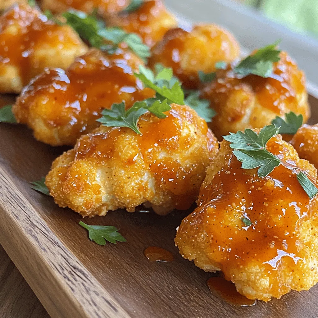 To make my spicy and flavorful cauliflower buffalo wings, you'll need a few simple ingredients. Here’s what you’ll need: - 1 large head of cauliflower, cut into bite-sized florets - 1 cup all-purpose flour (or gluten-free flour) - 1 cup water - 1 teaspoon garlic powder - 1 teaspoon onion powder - 1 teaspoon smoked paprika - ½ teaspoon cayenne pepper (adjust for spice preference) - Salt and pepper to taste - ½ cup buffalo sauce (store-bought or homemade) - 2 tablespoons melted coconut oil (or butter) - Fresh parsley for garnish (optional) These ingredients work together to create a tasty snack that packs a punch. The cauliflower acts as the perfect base, soaking up the flavors of the spices and buffalo sauce. The batter gives it that crispy crunch we love in traditional buffalo wings. You can always adjust the spices to suit your taste. If you love heat, add more cayenne pepper! For the full recipe with step-by-step instructions, check out the Full Recipe link. Start by preheating your oven to 450°F (230°C). This step helps the cauliflower get crispy. While the oven heats, line a baking sheet with parchment paper. This makes for easy cleanup later. In a large bowl, whisk together: - 1 cup all-purpose flour (or gluten-free flour) - 1 teaspoon garlic powder - 1 teaspoon onion powder - 1 teaspoon smoked paprika - ½ teaspoon cayenne pepper - Salt and pepper to taste Slowly add 1 cup of water while mixing. Keep stirring until the batter is smooth. The batter should not be too thick. Take each cauliflower floret and dip it into the batter. Make sure each piece is fully coated. Shake off any extra batter. Place the coated florets in a single layer on the baking sheet. Put the baking sheet in the oven. Bake the cauliflower for about 20 minutes. Flip the pieces halfway through. They should be golden and crispy by the end of this time. While the cauliflower is baking, it's time to make the buffalo sauce. In a small bowl, mix: - ½ cup buffalo sauce - 2 tablespoons melted coconut oil Stir well until combined. This will add a rich flavor to your wings. Once the cauliflower is done baking, remove it from the oven. Drizzle the buffalo sauce mixture over the florets. Toss them gently to coat each piece evenly. Return the sauced cauliflower to the oven. Bake for an additional 10 minutes. This step ensures the buffalo flavor sticks and adds extra crispiness. After the final bake, take the cauliflower out of the oven. Let it cool slightly. Transfer the wings to a serving platter. If you want, garnish with fresh chopped parsley for a pop of color. Enjoy your tasty snack! For the full recipe, check out the details above. When picking cauliflower, look for a large, firm head. The florets should be tightly packed and bright white. Avoid any with brown spots or soft parts. Freshness matters, as it ensures better taste and crispness. To get that perfect crunch, coat each floret well in the batter. The thicker the batter, the better. Preheating your oven to 450°F (230°C) is key. Bake them in a single layer to allow air to flow around. Flip them halfway through for even cooking. I love spicy food, but you can control the heat. Start with less cayenne pepper if you prefer mild. Taste as you go! You can always add more buffalo sauce later for extra kick. Serve these cauliflower wings with a side of ranch or blue cheese dressing for dipping. You can also pair them with fresh veggies like carrots and celery. For a fun twist, use them as a topping on salads or grain bowls. The flavors mix well with many dishes! For the full recipe, check out the ingredients and instructions above. {{image_2}} You can change the flavor of your cauliflower wings easily. Try using different sauces like barbecue, ranch, or teriyaki. Each sauce brings a new taste. For a twist, mix buffalo sauce with honey or maple syrup for a sweet kick. This keeps your snacks fun and fresh! If you need a gluten-free option, use gluten-free flour instead of regular flour. This small swap keeps the coating crispy. You can find gluten-free flour at most stores. Just follow the same steps in the recipe. You won't miss the gluten at all! Feel free to get creative with seasonings. Try adding cumin for a warm flavor or chili powder for extra heat. You can even mix in some Italian herbs for a new twist. Each spice adds its own unique touch. Experiment to find your favorite blend! If you own an air fryer, use it for a faster, healthier option. Coat the cauliflower the same way, but place it in the air fryer basket. Cook at 400°F (200°C) for about 15 minutes. Shake the basket halfway through for even cooking. The result? Extra crispy bites without all the oil! To keep your Cauliflower Buffalo Wings fresh, let them cool completely. Place them in an airtight container. You can store them in the fridge for up to three days. This way, they stay tasty and safe to eat. When you want to enjoy your leftovers, preheat your oven to 350°F (175°C). Spread the wings on a baking sheet. Bake for about 10-15 minutes until they’re hot and crispy again. You can also use an air fryer for a quicker option. Just heat them at 350°F (175°C) for about 5-7 minutes. If you want to freeze your wings, make sure they are totally cool first. Place them in a freezer-safe bag or container. They can last for up to three months in the freezer. To reheat frozen wings, you can bake them straight from the freezer. Just add a few extra minutes to your baking time. This method helps keep their crunch, so you still enjoy that perfect bite. For the full recipe, refer back to the Cauliflower Buffalo Wings section. Yes, you can make these wings ahead of time. Bake them as directed. Let them cool, then store in the fridge. When you're ready to eat, just reheat them in the oven. This keeps them crispy. To add more heat, increase the cayenne pepper. You can also add more buffalo sauce after baking. If you like it really spicy, try a hot sauce mix in the batter. Experiment with flavors to find your perfect spice level. These wings pair well with celery sticks and carrot sticks. A cool ranch or blue cheese dip makes a great side. You can also serve them with a fresh salad or some cheesy nachos for a fun meal. Yes, this recipe is vegan! It uses no animal products, making it a great choice for plant-based diets. The batter and sauce are full of flavor without any dairy or meat. Store leftovers in an airtight container in the fridge. They last about 3 to 5 days. For best results, reheat them in the oven to keep them crispy. Avoid microwaving, as it can make them soggy. Yes, you can use frozen cauliflower. Just thaw and drain it well before cooking. This ensures the batter sticks better. Keep in mind that frozen cauliflower may not get as crispy as fresh. You now have a simple and tasty recipe for Buffalo Cauliflower Wings. We covered all the steps, from choosing fresh cauliflower to creating the perfect batter. You learned tips for crispiness and spice levels too. Plus, I shared storage tips and variations for extra fun. These cauliflower wings are not just easy to make; they're also a great way to enjoy healthy snacks. So gather your ingredients, get cooking, and treat yourself to a delicious dish!