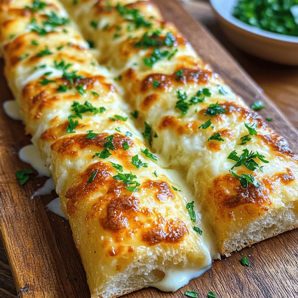 - 2 cups all-purpose flour - 1 packet (2 ¼ teaspoons) instant yeast - 1 teaspoon sugar - ½ teaspoon salt - ¾ cup warm water (110°F or 43°C) These main ingredients form the base of our cheesy garlic breadsticks. The flour gives structure, while yeast helps the dough rise. Sugar adds a hint of sweetness, and salt boosts flavor. Warm water helps activate the yeast, making the dough soft and fluffy. - 2 tablespoons olive oil - 1 teaspoon garlic powder - ½ teaspoon dried oregano Olive oil adds richness to the dough. Garlic powder gives that classic garlic taste, while oregano adds a nice herb flavor. These enhancers make each bite savory and fragrant, elevating your breadsticks. - 1 cup shredded mozzarella cheese - ¼ cup grated Parmesan cheese - 2 tablespoons unsalted butter, melted - Fresh parsley, chopped (for garnish) Mozzarella cheese brings gooeyness, while Parmesan adds a sharp kick. The melted butter brushed on top gives a golden finish and extra flavor. Chopped parsley is a colorful garnish that brightens the dish. You can find the full recipe [here](#). To start making cheesy garlic breadsticks, you need to prepare the dough. First, take a large bowl and combine the dry ingredients. Add: - 2 cups all-purpose flour - 1 packet (2 ¼ teaspoons) instant yeast - 1 teaspoon sugar - ½ teaspoon salt Mix these well. Next, slowly add warm water and olive oil. Use ¾ cup warm water at about 110°F (43°C) and 2 tablespoons of olive oil. Stir this mixture gently until it forms a dough. Now it's time to knead. Place the dough on a lightly floured surface. Knead the dough for about 5-7 minutes. You want it to feel smooth and elastic. This step is key to getting the right texture. After kneading, place the dough in a greased bowl. Cover it with a damp cloth. Let it rise in a warm area for about 30 minutes. This helps the dough grow and become fluffy. When it doubles in size, you know it's ready. Once the dough has risen, preheat your oven to 400°F (200°C). Line a baking sheet with parchment paper to prevent sticking. Now, punch down the risen dough to release air. Roll it out into a rectangular shape, about ½ inch thick. Then, sprinkle the garlic powder and dried oregano evenly over the dough. Top it with: - 1 cup shredded mozzarella cheese - ¼ cup grated Parmesan cheese Use a sharp knife or pizza cutter to slice the dough into strips. Make sure to cut through the cheese. Next, brush melted butter over the top of the strips. This adds flavor and helps them turn golden brown. Finally, bake the breadsticks in the preheated oven for about 15-20 minutes. Keep an eye on them. You want them golden brown and the cheese bubbling. Once baked, let them cool for a minute. Then, sprinkle with chopped fresh parsley and serve warm. Enjoy the cheesy, garlicky goodness from the Full Recipe! To knead the dough well, use your palms. Push down and fold the dough over. Repeat this for about 5 to 7 minutes. This helps develop gluten, making your breadsticks chewy. Keep the dough in a warm spot to rise. A good spot is near a warm oven or in a sunny window. Cover the bowl with a damp cloth. This keeps it moist and helps the dough double in size. For the best flavor, use mozzarella cheese. It melts well and gives a nice stretch. You can also add Parmesan cheese for a salty kick. Another great option is cheddar for a sharper taste. To add more flavor, mix in seasonings. Try Italian herbs like basil or thyme. You can also sprinkle some chili flakes for heat. This can make your breadsticks even more exciting! Dip your cheesy garlic breadsticks in marinara sauce. The tangy sauce pairs well with the cheesy flavor. Ranch dressing is another great option if you like creamy dips. These breadsticks work well as a side for pasta or salad. They can also be a fun snack on movie night. Enjoy them hot for the best taste! For the full recipe, refer to the previous sections. {{image_2}} You can easily change the flavor of your cheesy garlic breadsticks. Try adding herbs like rosemary or thyme. These fresh herbs add a nice touch and will make your breadsticks smell amazing. You can also mix in cooked spinach or other veggies. This way, you make the dish healthier while keeping it tasty. If you need a gluten-free version, use flour alternatives like almond flour or gluten-free all-purpose flour. Just make sure the flour has a good binding agent. You might need to adjust the water in your recipe. Always check the dough's texture. It should still be smooth and easy to work with. For a vegan option, you can use dairy-free cheese. Many brands offer great substitutes that melt well. You can also swap regular butter for a vegan butter substitute. This keeps the flavor rich and helps in getting that golden finish without any animal products. For the full recipe, make sure to check the main section of the article. To store leftovers properly, wrap your cheesy garlic breadsticks in plastic wrap or foil. This keeps them fresh. You can also place them in an airtight container. In the fridge, they last about 3 to 4 days. Just make sure they cool down before storing. Freezing cheesy garlic breadsticks is easy. First, let them cool completely. Then, wrap each breadstick in plastic wrap and place them in a freezer bag. This helps prevent freezer burn. They can last for up to 3 months in the freezer. To reheat frozen breadsticks, take them out and let them thaw in the fridge overnight. This prepares them for reheating. When it comes to reheating, you have options. The microwave is quick but can make them soft. For a crispy finish, use the oven. Preheat the oven to 350°F (175°C) and bake for 10 minutes. This keeps the breadsticks crispy. Whichever method you choose, you’ll enjoy warm and tasty cheesy garlic breadsticks again! Homemade cheesy garlic breadsticks stay fresh for about 3 to 5 days in the fridge. Store them in an airtight container to keep them soft. If you want to save them longer, freeze them. In the freezer, they can last for up to 2 months. Be sure to wrap them well in plastic wrap or foil before freezing. Yes, you can make the dough ahead of time! Prepare the dough and let it rise. After it rises, punch it down and wrap it tightly. Keep it in the fridge for up to 24 hours. When you are ready, roll it out and continue with the recipe. This saves time on a busy day. Cheesy garlic breadsticks taste great with many dips. Here are a few ideas: - Marinara sauce - Ranch dressing - Garlic butter dip - Spinach-artichoke dip These dips add extra flavor and make your breadsticks even more fun to eat. This blog post covered how to make delicious cheesy garlic breadsticks from scratch. You learned about the main ingredients, the step-by-step process, and helpful tips. We discussed tasty variations, storage methods, and common questions. Making these breadsticks is fun and rewarding. Enjoy experimenting with flavors and serving them warm. With practice, you'll master this dish and impress your friends and family. Happy baking!