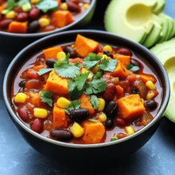 Let’s dive into what you need to make this Vegan Sweet Potato Chili. The ingredients are simple and fresh, making this dish healthy and delicious. - Sweet potatoes and legumes - 2 medium sweet potatoes, peeled and diced - 1 can (15 oz) black beans, rinsed and drained - 1 can (15 oz) kidney beans, rinsed and drained - 1 can (14 oz) diced tomatoes with green chilies - Vegetables and spices - 1 large onion, chopped - 3 cloves garlic, minced - 1 bell pepper (red or green), chopped - 1 cup corn kernels (fresh or frozen) - 2 cups vegetable broth - 2 tablespoons chili powder - 1 teaspoon ground cumin - 1 teaspoon smoked paprika - 1/2 teaspoon cayenne pepper (adjust to taste) - Salt and pepper to taste - 2 tablespoons olive oil - Optional toppings - Fresh cilantro, for garnish - Avocado slices, for serving (optional) These ingredients work together to create a cozy meal that warms you up from the inside. Sweet potatoes add a natural sweetness, while beans pack protein and fiber. The spices give it a kick, making each bite a delight. If you want to customize it, feel free to add your favorite toppings. You can find the Full Recipe for more details on preparation. Start by heating the olive oil in a large pot over medium heat. Add the chopped onion and bell pepper. Sauté them for about 5 minutes until they soften. This step builds a great base flavor. Next, stir in the minced garlic. Cook for another 1-2 minutes until it smells amazing. Now, it's time to add the diced sweet potatoes to the pot. Mix everything well and let it cook for about 5-7 minutes. Stir occasionally to keep them from sticking. After that, sprinkle in the chili powder, ground cumin, smoked paprika, cayenne pepper, salt, and pepper. This is where the magic happens—mix well to coat the sweet potatoes with the spices. Pour in the diced tomatoes, black beans, kidney beans, corn, and vegetable broth. Stir everything together so all the flavors combine. Bring the chili to a boil, then reduce the heat to low. Cover the pot and let it simmer for 25-30 minutes. This allows the sweet potatoes to become tender. Be sure to stir occasionally to prevent sticking. After cooking, taste your chili and adjust the seasoning if needed. You can add more salt, pepper, or cayenne if you like it spicier. Once it’s cooked, take it off the heat. Let it cool just a bit before serving. Serve the chili in bowls, garnished with fresh cilantro and avocado slices if you want. For the full recipe, check out the details above! To make your chili stand out, focus on seasoning. Start with the spices early. Cook them with the onions and peppers. This helps release their flavors. Use fresh herbs when possible. They add brightness and depth. For the right consistency, balance is key. You want a thick, hearty chili. If it feels too runny, let it simmer longer. The sweet potatoes also break down, helping to thicken the mix. If it’s too thick, add a splash of vegetable broth. Feel free to swap out beans and veggies. You can use pinto beans or chickpeas instead of black and kidney beans. For veggies, try adding zucchini or carrots. They will add texture and flavor. Adjust spice levels based on your taste. If you prefer milder chili, skip the cayenne pepper. You can also use mild diced tomatoes instead of spiced ones. For heat lovers, add jalapeños or more cayenne. Check out the Full Recipe for more details on making delicious vegan sweet potato chili! {{image_2}} You can make your chili spicier by adding fresh peppers. Try jalapeños or serranos for extra heat. Chop them finely and cook them with the onions. This way, the spice blends in well. Another option is to use spicy diced tomatoes. Look for varieties with added chili or jalapeño. This gives your chili a nice kick without much extra work. You can also switch up how you cook your chili. A slow cooker is great for a hands-off approach. Just add all your ingredients to the pot and let it cook on low for 6-8 hours. This method helps the flavors meld together well. If you’re short on time, try using an Instant Pot. Cook on high pressure for about 10 minutes, then let it naturally release for 10 minutes. This method saves time while still giving rich flavor. For the full recipe, check out the Spicy Vegan Sweet Potato Chili. Enjoy experimenting with these variations! To keep your Vegan Sweet Potato Chili fresh, store it in an airtight container. Place it in the fridge if you plan to eat it within a few days. For longer storage, freeze it in portions. Make sure to leave some space in the container for expansion. When reheating, you have a few options. You can microwave it in a bowl, stirring halfway through. If you prefer, you can warm it on the stove over medium heat. Just add a splash of water or broth if it looks too thick. Your chili will last about 4 to 5 days in the fridge. Make sure to eat it within this time frame for the best taste. Look for signs of spoilage. If it smells off or has a strange color, it’s best to toss it. Always trust your senses! Can I use fresh sweet potatoes instead of canned? Yes, you can use fresh sweet potatoes. Just peel and dice them. Fresh sweet potatoes give a wonderful texture and flavor. They will cook well in the chili and blend nicely with the spices. What can I serve with this chili? You can serve this chili with rice or quinoa for a filling meal. Cornbread or tortilla chips also pair well. Add a dollop of vegan sour cream or avocado for creaminess. Is this dish gluten-free? Yes, this chili is gluten-free. All the ingredients, like beans and sweet potatoes, do not contain gluten. Always check labels for any added ingredients if you buy canned products. Can I make this recipe ahead of time? Absolutely! This chili tastes even better the next day. Make it ahead and store it in the fridge. Just heat it when you're ready to eat. You can also freeze it for later. Check the Full Recipe for the steps! In this blog post, we explored how to make a delicious vegan sweet potato chili. We covered the key ingredients, step-by-step instructions, tips for perfecting your dish, and various cooking methods. I shared storage tips and answered common questions to help you along the way. Remember, this chili is flexible. You can easily adapt it to fit your tastes. Use this recipe as a base to create something special and enjoy. Happy cooking!