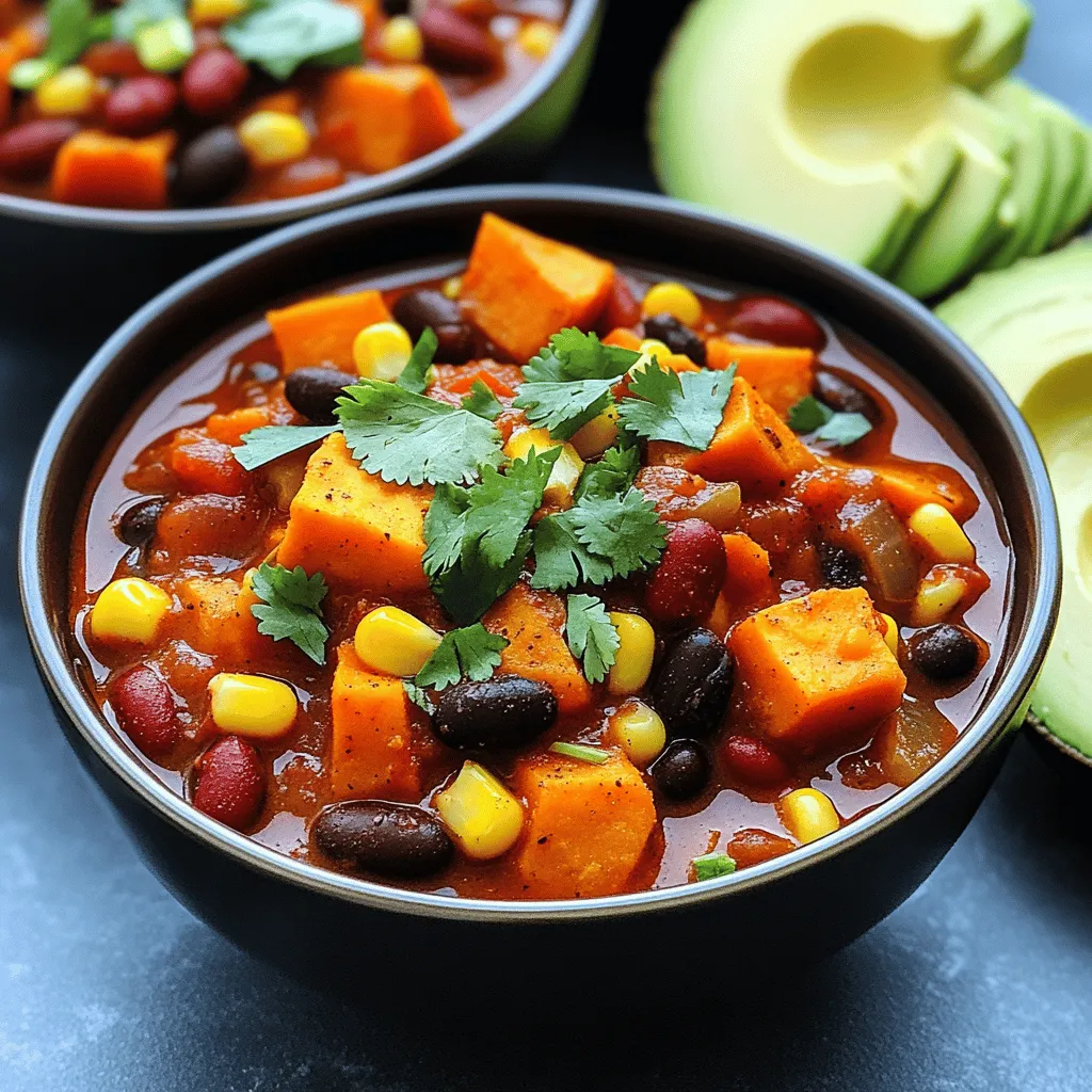Let’s dive into what you need to make this Vegan Sweet Potato Chili. The ingredients are simple and fresh, making this dish healthy and delicious. - Sweet potatoes and legumes - 2 medium sweet potatoes, peeled and diced - 1 can (15 oz) black beans, rinsed and drained - 1 can (15 oz) kidney beans, rinsed and drained - 1 can (14 oz) diced tomatoes with green chilies - Vegetables and spices - 1 large onion, chopped - 3 cloves garlic, minced - 1 bell pepper (red or green), chopped - 1 cup corn kernels (fresh or frozen) - 2 cups vegetable broth - 2 tablespoons chili powder - 1 teaspoon ground cumin - 1 teaspoon smoked paprika - 1/2 teaspoon cayenne pepper (adjust to taste) - Salt and pepper to taste - 2 tablespoons olive oil - Optional toppings - Fresh cilantro, for garnish - Avocado slices, for serving (optional) These ingredients work together to create a cozy meal that warms you up from the inside. Sweet potatoes add a natural sweetness, while beans pack protein and fiber. The spices give it a kick, making each bite a delight. If you want to customize it, feel free to add your favorite toppings. You can find the Full Recipe for more details on preparation. Start by heating the olive oil in a large pot over medium heat. Add the chopped onion and bell pepper. Sauté them for about 5 minutes until they soften. This step builds a great base flavor. Next, stir in the minced garlic. Cook for another 1-2 minutes until it smells amazing. Now, it's time to add the diced sweet potatoes to the pot. Mix everything well and let it cook for about 5-7 minutes. Stir occasionally to keep them from sticking. After that, sprinkle in the chili powder, ground cumin, smoked paprika, cayenne pepper, salt, and pepper. This is where the magic happens—mix well to coat the sweet potatoes with the spices. Pour in the diced tomatoes, black beans, kidney beans, corn, and vegetable broth. Stir everything together so all the flavors combine. Bring the chili to a boil, then reduce the heat to low. Cover the pot and let it simmer for 25-30 minutes. This allows the sweet potatoes to become tender. Be sure to stir occasionally to prevent sticking. After cooking, taste your chili and adjust the seasoning if needed. You can add more salt, pepper, or cayenne if you like it spicier. Once it’s cooked, take it off the heat. Let it cool just a bit before serving. Serve the chili in bowls, garnished with fresh cilantro and avocado slices if you want. For the full recipe, check out the details above! To make your chili stand out, focus on seasoning. Start with the spices early. Cook them with the onions and peppers. This helps release their flavors. Use fresh herbs when possible. They add brightness and depth. For the right consistency, balance is key. You want a thick, hearty chili. If it feels too runny, let it simmer longer. The sweet potatoes also break down, helping to thicken the mix. If it’s too thick, add a splash of vegetable broth. Feel free to swap out beans and veggies. You can use pinto beans or chickpeas instead of black and kidney beans. For veggies, try adding zucchini or carrots. They will add texture and flavor. Adjust spice levels based on your taste. If you prefer milder chili, skip the cayenne pepper. You can also use mild diced tomatoes instead of spiced ones. For heat lovers, add jalapeños or more cayenne. Check out the Full Recipe for more details on making delicious vegan sweet potato chili! {{image_2}} You can make your chili spicier by adding fresh peppers. Try jalapeños or serranos for extra heat. Chop them finely and cook them with the onions. This way, the spice blends in well. Another option is to use spicy diced tomatoes. Look for varieties with added chili or jalapeño. This gives your chili a nice kick without much extra work. You can also switch up how you cook your chili. A slow cooker is great for a hands-off approach. Just add all your ingredients to the pot and let it cook on low for 6-8 hours. This method helps the flavors meld together well. If you’re short on time, try using an Instant Pot. Cook on high pressure for about 10 minutes, then let it naturally release for 10 minutes. This method saves time while still giving rich flavor. For the full recipe, check out the Spicy Vegan Sweet Potato Chili. Enjoy experimenting with these variations! To keep your Vegan Sweet Potato Chili fresh, store it in an airtight container. Place it in the fridge if you plan to eat it within a few days. For longer storage, freeze it in portions. Make sure to leave some space in the container for expansion. When reheating, you have a few options. You can microwave it in a bowl, stirring halfway through. If you prefer, you can warm it on the stove over medium heat. Just add a splash of water or broth if it looks too thick. Your chili will last about 4 to 5 days in the fridge. Make sure to eat it within this time frame for the best taste. Look for signs of spoilage. If it smells off or has a strange color, it’s best to toss it. Always trust your senses! Can I use fresh sweet potatoes instead of canned? Yes, you can use fresh sweet potatoes. Just peel and dice them. Fresh sweet potatoes give a wonderful texture and flavor. They will cook well in the chili and blend nicely with the spices. What can I serve with this chili? You can serve this chili with rice or quinoa for a filling meal. Cornbread or tortilla chips also pair well. Add a dollop of vegan sour cream or avocado for creaminess. Is this dish gluten-free? Yes, this chili is gluten-free. All the ingredients, like beans and sweet potatoes, do not contain gluten. Always check labels for any added ingredients if you buy canned products. Can I make this recipe ahead of time? Absolutely! This chili tastes even better the next day. Make it ahead and store it in the fridge. Just heat it when you're ready to eat. You can also freeze it for later. Check the Full Recipe for the steps! In this blog post, we explored how to make a delicious vegan sweet potato chili. We covered the key ingredients, step-by-step instructions, tips for perfecting your dish, and various cooking methods. I shared storage tips and answered common questions to help you along the way. Remember, this chili is flexible. You can easily adapt it to fit your tastes. Use this recipe as a base to create something special and enjoy. Happy cooking!