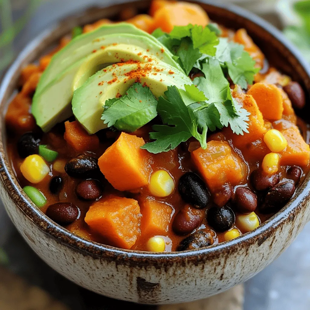 To make a delicious Vegan Sweet Potato Chili, gather these key ingredients: - 2 medium sweet potatoes, peeled and diced - 1 can (15 oz) black beans, rinsed and drained - 1 can (15 oz) kidney beans, rinsed and drained - 1 can (14 oz) diced tomatoes, with juices - 1 cup corn kernels, fresh or frozen - 1 medium onion, diced - 3 cloves garlic, minced - 2 tablespoons chili powder - 1 tablespoon ground cumin - 1 teaspoon smoked paprika - 1/2 teaspoon cayenne pepper (adjust based on spice preference) - 2 cups vegetable broth - 2 tablespoons olive oil - Salt and pepper to taste - Fresh cilantro, for garnish - Avocado slices, for topping (optional) Each ingredient plays a role in making this chili rich and tasty. Sweet potatoes add natural sweetness and creaminess. Beans provide protein and fiber, while tomatoes add acidity and depth. If you want to switch things up, consider these substitutions: - Use pinto beans or chickpeas instead of black or kidney beans. - Swap in bell peppers or zucchini for extra veggies. - Try quinoa or lentils for added texture. - Use coconut oil in place of olive oil for a different flavor. - Add vegetable stock cubes for more flavor. These swaps keep the chili vegan and can enhance its taste. Feel free to experiment based on what you have on hand! Sweet potatoes are a superfood packed with vitamins. They are high in fiber and rich in vitamin A, which is great for skin and eyes. They also contain antioxidants that fight inflammation. A vegan diet has many advantages. It can lower the risk of heart disease and helps maintain a healthy weight. Plus, it’s kinder to the planet. Eating more plants can lead to a happier, healthier life. For the full recipe, check out the Sweet & Spicy Vegan Sweet Potato Chili. First, let's prepare the sweet potatoes and vegetables. You need to peel and dice two medium sweet potatoes. Aim for small cubes to ensure they cook evenly. Next, take one medium onion and chop it finely. You will also need three cloves of garlic, which you should mince. Now, it's time to sauté the onions and garlic. Heat two tablespoons of olive oil in a large pot over medium heat. Add the diced onions and cook for about five minutes. You want them to turn translucent. Then, add the minced garlic and cook for one more minute. Be careful not to let it burn, as burnt garlic can taste bitter. Now, let’s incorporate the spices. Add the diced sweet potatoes to the pot and cook for about five minutes. Stir them occasionally so they don’t stick. After that, sprinkle in two tablespoons of chili powder, one tablespoon of ground cumin, one teaspoon of smoked paprika, and half a teaspoon of cayenne pepper. Mix well to coat the sweet potatoes with the spices. Next, pour in two cups of vegetable broth and bring this mixture to a simmer. Once it starts to bubble, add one can of rinsed black beans, one can of rinsed kidney beans, one can of diced tomatoes (with juices), and one cup of corn kernels. Stir everything together well and let it simmer for 25 to 30 minutes. This will allow the sweet potatoes to become tender and the flavors to meld. After simmering, it's time to season and adjust spice levels. Taste the chili and add salt and pepper to your liking. Let it simmer for an additional five minutes to let the flavors blend. For garnishing options, serve the chili in bowls topped with fresh cilantro and slices of avocado. This adds a nice pop of color and creaminess. If you want, serve it with crusty bread for a hearty meal. For the full recipe, check the details above! To ensure sweet potatoes cook evenly, cut them into similar-sized pieces. This helps them cook at the same rate. You can also parboil the sweet potatoes for five minutes before adding them to the chili. This quick step will speed up the cooking time. If your chili becomes too thick, simply add more vegetable broth. Stir it in slowly until you reach your desired consistency. You can also add a splash of water if you prefer. The best way to serve this chili is hot, right from the pot. Ladle it into bowls and garnish with fresh cilantro and avocado slices. This adds a nice color and creaminess. For a complete meal, pair the chili with crusty bread or warm tortillas. Serve it with a side salad for added crunch and freshness. To amp up the flavor, try adding more spices like oregano or thyme. You can also sprinkle some nutritional yeast for a cheesy taste. If you want to customize the chili's heat level, adjust the cayenne pepper. Start with less if you are unsure. You can add more later if you like it spicy. {{image_2}} You can easily change up the beans or legumes in this chili. Try using pinto beans or lentils instead of black or kidney beans. These swaps add different flavors and textures. You can also play with veggies! Add bell peppers, zucchini, or even spinach. Each addition boosts nutrition and taste. Think about how you want your chili to taste. If you're feeling Mexican, add some chopped jalapeños and cilantro. For an Italian twist, mix in some basil and oregano. If Mediterranean sounds good, try adding olives and a splash of lemon juice. Adjust the spices accordingly. Each cuisine has its unique tastes, so don’t hesitate to experiment! You can cook this chili in different ways. If you own an Instant Pot, it makes cooking quick and easy. Just set it and forget it! A slow cooker is great for letting the flavors meld over time. If you prefer, you can also make it on the stovetop. Just keep an eye on it! Oven baking is another option, and it creates a nice crust on top. Each method gives a slightly different taste and texture. For the full recipe, visit [Full Recipe]. To store your leftover chili, let it cool first. Then, place it in an airtight container. This helps keep it fresh and tasty. You can store it in the fridge for up to five days. Make sure to check for any signs of spoilage before eating. If you want to keep your chili for longer, freezing is a great option. First, let the chili cool completely. Then, divide it into portions and place them in freezer-safe bags or containers. Remove as much air as possible to prevent freezer burn. When you’re ready to eat, thaw the chili overnight in the fridge. Reheat it on the stove or in the microwave until it's hot all the way through. You can get creative with leftover chili. Try using it as a filling for tacos or burritos. It also works well as a topping for baked potatoes. If you want to mix things up, add more spices or veggies to keep it fresh. You can even blend it into a soup for a different texture. Enjoy your chili in new ways! To make Vegan Sweet Potato Chili from scratch, gather these key ingredients: - 2 medium sweet potatoes, peeled and diced - 1 can (15 oz) black beans, rinsed and drained - 1 can (15 oz) kidney beans, rinsed and drained - 1 can (14 oz) diced tomatoes, with juices - 1 cup corn kernels, fresh or frozen - 1 medium onion, diced - 3 cloves garlic, minced - 2 tablespoons chili powder - 1 tablespoon ground cumin - 1 teaspoon smoked paprika - 1/2 teaspoon cayenne pepper (adjust based on spice preference) - 2 cups vegetable broth - 2 tablespoons olive oil - Salt and pepper to taste Start by heating olive oil in a large pot. Add onions and sauté until soft. Then, stir in garlic. Next, add sweet potatoes and cook for five minutes. Sprinkle in the spices and mix well. Pour in vegetable broth and let it simmer. Finally, add beans, tomatoes, and corn. Simmer until the sweet potatoes are tender. For the full recipe, check out the complete guide. Yes, you can use many other vegetables in this chili. Some great options include: - Bell peppers - Zucchini - Carrots - Spinach Adding these veggies boosts the nutrition of the chili. They also bring different textures and flavors. Feel free to mix and match based on what you have. Yes, this Vegan Sweet Potato Chili can be gluten-free. All the ingredients listed are gluten-free. Just ensure that the vegetable broth you use is also gluten-free. You can serve this chili with many delicious sides. Here are some tasty options: - Crusty bread or rolls - Rice or quinoa - Side salad with fresh greens - Avocado slices or guacamole These sides add flavor and texture to your meal. They also make your experience more enjoyable. In this blog post, we explored how to make a delicious vegan sweet potato chili. We covered key ingredients, useful substitutions, and the health benefits of sweet potatoes. I provided step-by-step cooking instructions and shared tips for serving and storing your chili. The variations included different flavor profiles and cooking methods. Ultimately, this chili is easy to adapt to your taste. It’s a comforting dish that packs nutrition and flavor. Try it out, and enjoy the warm goodness on your next meal!