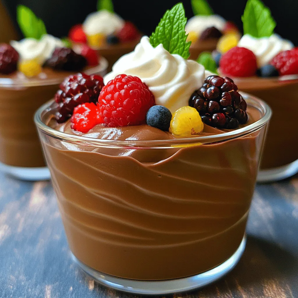 - 1 cup silken tofu, drained - 1 cup dairy-free dark chocolate chips - 1/4 cup maple syrup - 1 teaspoon vanilla extract - A pinch of sea salt To make a rich and creamy mousse, you need some key ingredients that blend beautifully. Start with silken tofu. This ingredient acts as the base. It gives the mousse a smooth texture without any dairy. Next, grab dairy-free dark chocolate chips. They add that rich chocolate flavor we all love. Use maple syrup for sweetness. It gives a nice touch and balances the flavors. Vanilla extract adds depth. Just a little enhances the overall taste. Finally, a pinch of sea salt brings out the chocolate notes. - Fresh berries (for garnish) - Coconut whipped cream (for topping) For an extra touch, consider adding fresh berries. They not only look great but add freshness. You can also top the mousse with coconut whipped cream. This adds a light and fluffy element. It makes your dessert feel even more indulgent. These optional ingredients help elevate your mousse, making it a hit for any occasion. This recipe is simple yet delicious and can impress anyone. For more details, check the Full Recipe. To start, we need to melt the dairy-free dark chocolate chips. You can use a double boiler or a microwave. If you choose the microwave: - Heat the chocolate in 30-second bursts. - Stir well after each round until it becomes smooth. For a double boiler, place a heat-safe bowl over simmering water. Stir constantly until the chocolate melts. Tip: Avoid overheating the chocolate. It should be glossy and smooth, with no lumps. Next, we blend the mousse ingredients. In a blender or food processor, add: - 1 cup of drained silken tofu - The melted chocolate - 1/4 cup of maple syrup - 1 teaspoon of vanilla extract - A pinch of sea salt Blend until smooth and creamy. Stop to scrape down the sides if needed. This helps mix everything well. Texture Tip: The mousse should be airy and light. If it feels too thick, add a splash of water or more maple syrup for sweetness. Now, pour the blended mousse into serving dishes. You can use cups or bowls. Once filled, place them in the fridge. Let them chill for at least two hours. This helps the mousse set and become fluffy. Refrigeration Tip: Keep the mousse covered if you plan to store it for longer. This keeps it fresh and tasty. For a perfect finish, top the mousse with coconut whipped cream and fresh berries right before serving. Enjoy this rich and creamy delight! To make your mousse just right, start with sweetness. Maple syrup is the best choice. It adds a rich flavor and works well with chocolate. Taste as you mix. If you want it sweeter, add more syrup a little at a time. Using quality chocolate is key too. Look for dairy-free dark chocolate chips that have rich cocoa flavor. Good chocolate makes a huge difference in taste. It gives your mousse that deep, luscious flavor we all love. Presentation can elevate your mousse. Use decorative cups for serving. Clear cups show off the creamy layers. You can also use wine glasses for a fancy look. Garnishing adds visual appeal. Try fresh berries on top for color. A mint leaf can add a nice touch too. Drizzle melted chocolate over the mousse for an extra treat. Watch out for common mistakes. Overheating chocolate is a big one. If you heat it too much, it can burn. Use a double boiler or microwave in short bursts to keep it smooth. Another mistake is not blending enough. You want a silky texture. Blend until smooth and creamy. Scrape down the sides of your blender or processor to mix it all well. This ensures every bite is perfect. {{image_2}} You can easily change the taste of your mousse. Adding espresso gives a nice mocha flavor. Just mix in about one tablespoon of espresso powder with the melted chocolate. For a fresh twist, try adding a few drops of orange or peppermint extracts. Both flavors pair well with chocolate and make your mousse even more special. Want a creamier mousse? Mixing in avocado can help. Use one ripe avocado and blend it with the other ingredients. This adds healthy fats and smoothness without changing the flavor much. For some crunch, layer your mousse with crushed cookies. It adds a fun texture and makes each bite exciting. This recipe is great for vegans, but you can also make it nut-free. Use a nut-free chocolate option to keep it safe for those with allergies. Opt for a seed-based milk, like oat or rice milk, if you want to change the base. This way, everyone can enjoy your rich and creamy delight. For the full recipe, check the main section above. To keep your mousse fresh, use an airtight container. This prevents air from getting in. Store the mousse in the fridge for up to three days. Be sure to cover the mousse to keep it from drying out. The texture remains creamy if you follow this step. You can freeze the mousse for longer storage. Pour it into a freezer-safe container. Leave some space at the top for expansion. Cover it with plastic wrap before sealing the lid. This helps to prevent freezer burn. To enjoy your mousse, thaw it in the fridge overnight. This keeps the taste and texture just right. Yes, you can! Dairy-free milk chocolate works well in this mousse. It adds a sweet and creamy touch. Look for brands that are labeled dairy-free. You can also try dark chocolate with different cocoa percentages. Higher cocoa gives a richer flavor, while lower cocoa yields a milder taste. Experiment to find your favorite! The mousse can last about three to five days in the fridge. Store it in an airtight container to keep it fresh. If you notice any change in texture or smell, it’s best to toss it. Always check before serving. Enjoy it chilled for the best experience! Absolutely! To make this mousse nut-free, choose dairy-free chocolate that does not contain nuts. You can also use sunflower seed butter instead of nut-based options. This keeps the creamy texture while staying safe for nut allergies. Always read labels to ensure safety. Enjoy your delicious mousse! This blog post covered how to make a simple, dairy-free chocolate mousse. You learned about the main and optional ingredients, like silken tofu and dairy-free chocolate chips. I shared step-by-step instructions for melting, blending, and setting the mousse. You also got tips to perfect your dish and variations to try. In closing, making this mousse is fun and easy. With a little practice, you’ll create a dessert that impresses everyone. Enjoy experimenting and making this recipe your own!