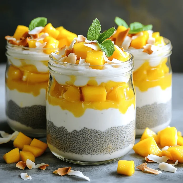To make Mango Coconut Chia Pudding, you need a few key ingredients. Each one plays a vital role in flavor and texture. Here’s what you will need: - 1 cup coconut milk (canned or carton) - 1 cup fresh ripe mango, diced (plus extra for topping) - 1/4 cup chia seeds - 2 tablespoons honey or maple syrup (adjust based on sweetness preference) - 1/2 teaspoon vanilla extract - A pinch of salt - Toasted coconut flakes, for garnish - Fresh mint leaves, for garnish These ingredients blend together to create a creamy, fruity delight. Coconut milk adds richness, while mango brings natural sweetness. You can customize your pudding with optional ingredients. This allows you to cater to your taste. Here are some ideas: - A splash of lime juice for a tangy twist - A sprinkle of cinnamon for warmth - Additional fruits like berries or pineapple for layered flavors Feel free to mix and match. The pudding remains delicious with or without these extras. If you don’t have an ingredient, there are simple swaps. Here are some useful substitutions: - Use almond milk or oat milk instead of coconut milk for a different flavor. - Maple syrup can be swapped with agave nectar or sugar. - Fresh mango can be replaced with peach or banana for a similar texture. These substitutions keep your pudding tasty while fitting your pantry. You can check the Full Recipe for more details on making this delicious treat! First, grab a medium mixing bowl. Pour in 1 cup of coconut milk. You can use canned or carton coconut milk. Next, add 2 tablespoons of honey or maple syrup. This sweetens the pudding. Then, add 1/2 teaspoon of vanilla extract for flavor. Don't forget a pinch of salt. Whisk everything together until it blends well. Now it’s time for the chia seeds. Add 1/4 cup of chia seeds into the coconut milk mixture. Stir slowly to distribute the seeds evenly. Next, take 1 cup of fresh ripe mango. Dice it into small pieces. Gently fold the diced mango into the bowl. This adds a burst of flavor. Cover the bowl with plastic wrap. You can also use individual jars if you prefer. Put it in the fridge for at least 4 hours, or overnight if you can. This allows the chia seeds to swell and thicken the pudding. When you're ready to serve, give the pudding a good stir. If it seems too thick, add a splash of coconut milk. Spoon the pudding into bowls or jars. Top with extra diced mango, toasted coconut flakes, and fresh mint leaves for a bright finish. Enjoy your Mango Coconut Chia Pudding! You can find the full recipe above. To get the best texture in your pudding, use the right amount of chia seeds. A good rule is to use 1/4 cup of chia seeds for every cup of liquid. Mix well to avoid clumps. After stirring in the chia seeds, let the mixture sit for 5 minutes. This allows the seeds to absorb liquid. If the pudding seems too thick, add a little more coconut milk. It helps create a smooth, creamy feel. You can change the taste of your mango coconut chia pudding easily. Try adding different fruits. Pineapple or passion fruit pairs well with mango. You can also add a splash of lime juice for a zesty kick. For a spice twist, sprinkle in some cinnamon or nutmeg. If you like it sweeter, mix in more honey or maple syrup. Experimenting makes each serving unique. Make your pudding visually appealing with simple tricks. Layer the pudding in clear glasses. This shows off the bright yellow mango and creamy white chia mix. Top it with extra mango cubes and toasted coconut flakes. They add texture and color. Don’t forget fresh mint leaves for a pop of green. This makes your dish look fresh and inviting. For the full recipe, check the earlier section. {{image_2}} To make your mango coconut chia pudding even more exciting, try adding other fruits. Pineapple, kiwi, and passion fruit blend well. You can also mix in berries for a burst of color and flavor. Each fruit adds its own unique taste. This keeps your pudding fresh and fun. You can experiment with what you love! While coconut milk is creamy and rich, you can try other types of milk. Almond milk gives a nutty flavor. Oat milk offers a smooth texture. Cashew milk is also a great choice for creaminess. Each option changes the taste but keeps the pudding healthy. Choose what fits your diet or taste preference! If you want a vegan version, use maple syrup instead of honey. For sugar-free options, try using stevia or erythritol. They sweeten without added calories. You can still enjoy the delightful taste without sugar. This helps if you're watching your sugar intake. These swaps make this recipe fit your needs! For the full recipe, check the ingredients and instructions above. To keep your mango coconut chia pudding fresh, store it in airtight containers. Glass jars work great for this. Make sure the lids are tight to avoid any odors from your fridge. Avoid letting it sit out at room temperature for too long. This can spoil the pudding. Mango coconut chia pudding can last up to five days in the fridge. After making it, let it chill for at least four hours. The chia seeds will absorb liquid and thicken. Check for any changes in smell or texture before eating. If it looks or smells off, toss it out. Freezing is an option if you want to keep the pudding longer. Use freezer-safe containers or bags. Leave some space at the top, as the pudding may expand when frozen. You can keep it frozen for up to three months. When you want to eat it, thaw it in the fridge overnight. Stir well before serving, as it may separate. For the full recipe, refer to the section above. Chia seed pudding is a simple mix of chia seeds and liquid. You soak the seeds in milk or juice until they swell. This creates a thick, creamy texture. Chia seeds are tiny but packed with nutrients. They offer fiber, protein, and omega-3 fatty acids. You can flavor this pudding with fruits, like in Mango Coconut Chia Pudding. The result is a tasty, healthy treat. Yes, you can make Mango Coconut Chia Pudding ahead of time. In fact, it tastes better after a few hours in the fridge. I suggest making it the night before. This allows the chia seeds to fully absorb the liquid. You can enjoy it for breakfast or a snack the next day. Chia seeds are nutritious and good for you. They are high in fiber, which helps digestion. They also provide protein, keeping you full longer. Chia seeds are rich in antioxidants, which help fight free radicals. Plus, they contain omega-3 fatty acids, which are good for heart health. Adding them to your diet can boost your overall wellness. To make your pudding less sweet, reduce the honey or maple syrup. You can also skip sweeteners entirely if you prefer. The natural sweetness from fresh mango can add flavor. Adding a pinch of salt can enhance the taste without extra sugar. Always taste your mixture before chilling to get the right balance. Yes, frozen mango works well in this recipe. Just thaw the mango first to make it easier to mix. You can blend it into a puree or chop it into pieces. The flavor will still be sweet and tropical. Using frozen mango can be a great time-saver and still taste delicious. Mango Coconut Chia Pudding is perfect for meal prep. You can store it in jars in the fridge. It will last about five days. This makes it easy to grab for breakfast or a quick snack. Just add your favorite toppings like toasted coconut or fresh mint before serving. Enjoy your healthy and refreshing delight! Mango Coconut Chia Pudding is easy to make and enjoy. We covered essential and optional ingredients, along with useful substitutions. The step-by-step guide makes preparation simple. Tips help you perfect the pudding's texture and flavor. You can even personalize it with tropical fruit or alternative milks. In summary, this dish is versatile and fun to make. Enjoy your creamy creation and share it with friends!