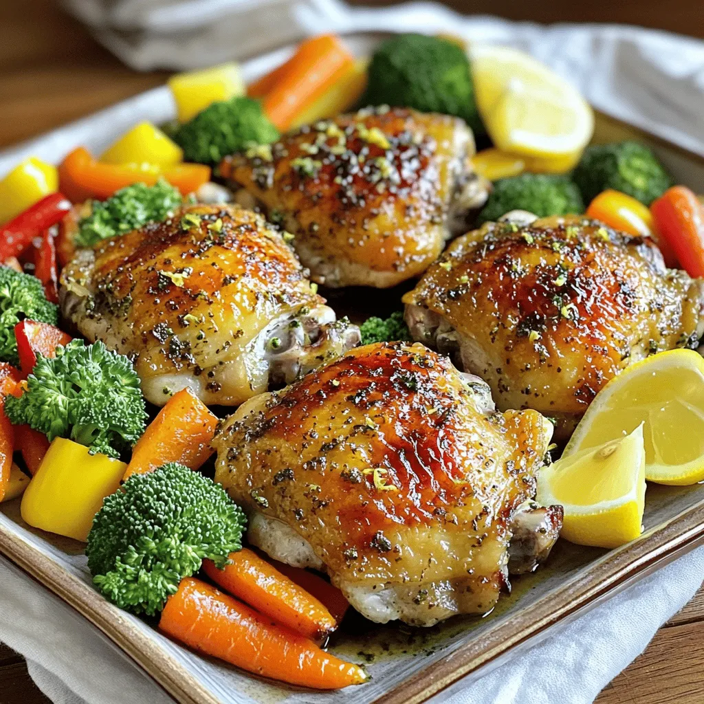 - 4 boneless, skinless chicken thighs - 1 lemon (zested and juiced) - 3 tablespoons olive oil - 2 teaspoons dried oregano - 1 teaspoon dried thyme The chicken thighs give this dish a nice, juicy texture. I love using fresh lemon because it adds bright flavor. The olive oil helps the chicken stay moist as it cooks. Oregano and thyme bring warmth and depth to each bite. - 1 cup baby carrots, halved - 1 cup broccoli florets - 1 cup bell peppers (red and yellow), sliced I choose colorful veggies for this recipe. Baby carrots add sweetness and crunch. Broccoli florets offer great color and nutrition. Red and yellow bell peppers add a lovely visual appeal and a mild sweetness. - 1 teaspoon garlic powder - 1 teaspoon onion powder - Salt and pepper to taste Garlic powder and onion powder enhance the dish's flavor. Salt brings out the taste of all the ingredients. Pepper adds just the right amount of heat to balance the flavors. When you mix these together, you create a simple yet delicious seasoning blend. For the full recipe, check the detailed instructions so you can create this tasty dish with ease. To start, gather your mixing bowl. Combine the lemon zest, lemon juice, olive oil, oregano, thyme, garlic powder, onion powder, salt, and pepper. Whisk them together until you blend them well. This marinade gives your chicken and veggies a burst of flavor. Next, take your chicken thighs and place them in a zip-top bag or a shallow dish. Pour half of the marinade over the chicken. Make sure it coats each piece evenly. Seal the bag or cover the dish. Let the chicken marinate for at least 30 minutes. For more flavor, marinate it for up to 2 hours in the fridge. While the chicken marinates, prepare your veggies. Toss the baby carrots, broccoli florets, and sliced bell peppers in the remaining marinade. Make sure they are well coated too. Spread the veggies evenly on a sheet pan lined with parchment paper. This helps with easy cleanup later. Now it’s time to bake. Preheat your oven to 425°F (220°C). After marinating, take the chicken out of the fridge. Place it on the sheet pan with the veggies. Drizzle any leftover marinade over both. Bake for 25-30 minutes. To ensure it’s safe to eat, check the chicken's internal temperature with a meat thermometer. It needs to reach 165°F (75°C). If you want, broil for 2-3 minutes at the end for extra crispiness. Enjoy this easy and tasty dish! Marinating chicken adds deep flavor. I suggest marinating for at least 30 minutes. For the best taste, try overnight marinating. This allows the flavors to soak in well. The ideal internal temperature for chicken thighs is 165°F (75°C). Use a meat thermometer to check. This helps avoid undercooking or overcooking. To keep veggies crisp, check them a few minutes before the chicken is done. For a beautiful presentation, serve the chicken and veggies on a warm platter. Drizzle the pan juices over them. Add lemon wedges on the side for extra zest. Pair this dish with rice or a fresh salad for a complete meal. Check out the Full Recipe for more great ideas! {{image_2}} You can use chicken breasts or thighs for this dish. Chicken thighs stay juicy, while breasts are leaner. If you prefer a seafood option, use fish like salmon or tilapia. Tofu is a great choice for a vegetarian dish. Just make sure to press the tofu to remove excess moisture. This helps it absorb the marinade well. Feel free to switch up the veggies based on what's in season. Asparagus, zucchini, or Brussels sprouts work well. You can also use frozen vegetables if fresh ones aren’t available. Just be sure to thaw them first for even cooking. Want to spice things up? Try adding paprika or chili flakes to the marinade. These give the dish a nice kick. You can also mix in herbs like rosemary or sage. They add depth and a lovely aroma to the meal. Experimenting with flavors can lead to tasty surprises! To keep your Sheet Pan Lemon Herb Chicken and Veggies fresh, store leftovers in an airtight container. Make sure to let the dish cool before sealing it. This helps keep moisture in. In the fridge, your meal stays good for about 3 to 4 days. If you want to enjoy it longer, freezing is a great option. Freezing leftovers takes a few easy steps. First, let the chicken and veggies cool completely. Then, portion them into freezer-safe bags or containers. Squeeze out any air to prevent freezer burn. You can freeze the dish for up to 3 months. When you’re ready to eat, thaw it overnight in the fridge. To reheat, place the meal in the oven at 350°F (175°C) until hot. For busy weeks, make-ahead meals save time. You can marinate the chicken in advance and store it in the fridge for up to 2 days. This adds flavor and makes cooking easier. If you want to freeze individual portions, separate the chicken and veggies into smaller containers. This way, you can grab just what you need for a quick meal. You can enjoy a delicious dish anytime with these simple strategies! If you don’t have chicken thighs, you can use chicken breasts. They cook well and stay juicy. For a vegetarian option, try firm tofu or tempeh. Both absorb flavors nicely and provide protein. To make this dish gluten-free, check your ingredient labels. Use gluten-free soy sauce if you add it. Ensure your olive oil and spices are gluten-free. Most of the ingredients in this recipe are already gluten-free. Yes, you can prepare this meal in advance. Marinate the chicken the night before. Store it in the fridge. You can also chop the veggies ahead of time. Just keep them in a sealed container. If you lack fresh herbs, use dried ones. Use one-third the amount of dried herbs. For example, if the recipe calls for one tablespoon of fresh oregano, use one teaspoon of dried oregano. Dried herbs still add great flavor! You now know how to make sheet pan lemon herb chicken. You have the main ingredients, veggies, and seasonings outlined. Following simple steps, you can create a tasty meal. Remember to marinate for flavor and check the chicken’s temperature. Feel free to try different proteins and veggies to keep things fresh. Store leftovers wisely for future meals. This dish is easy to adapt and perfect for busy days. Enjoy cooking and sharing your tasty creation!
