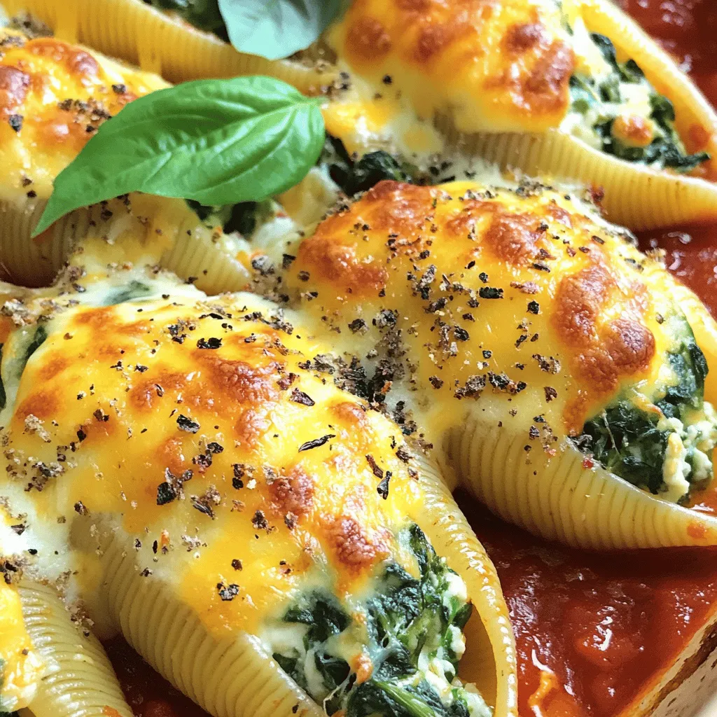 To create cheesy spinach stuffed shells, you will need the following ingredients: - 20 jumbo pasta shells - 2 cups ricotta cheese - 1 cup shredded mozzarella cheese - 1 cup grated Parmesan cheese - 2 cups fresh spinach, chopped - 1 egg, beaten - 2 cloves garlic, minced - 1 teaspoon dried oregano - 1 teaspoon salt - 1/2 teaspoon black pepper - 3 cups marinara sauce - Fresh basil leaves for garnish (optional) These ingredients blend together to make a delicious and satisfying dish. The jumbo shells serve as the perfect vessel for the creamy cheese and fresh spinach mix. Ricotta and mozzarella add rich flavors, while Parmesan brings a nice saltiness. Fresh spinach adds a healthy touch and great color. The egg helps bind the mixture, making it easier to stuff the shells. Garlic and oregano add depth to the flavor. Marinara sauce ties everything together, adding moisture and tang. Finally, fresh basil can enhance the presentation and taste. This recipe is not only simple but also versatile. You can customize it to suit your tastes while keeping the core flavors intact. For the full recipe, check out the complete cooking instructions. Start by preheating your oven to 375°F (190°C). This step is key as it gets your oven ready for baking. Next, bring a large pot of salted water to a boil. Add 20 jumbo pasta shells and cook them for 8-10 minutes. You want them to be al dente, so they hold their shape. After cooking, drain and rinse the shells under cold water. Set them aside for later. In a mixing bowl, combine 2 cups of ricotta cheese, half of the mozzarella cheese, 1 cup of grated Parmesan cheese, and 2 cups of chopped fresh spinach. Add 1 beaten egg, 2 minced garlic cloves, 1 teaspoon of dried oregano, 1 teaspoon of salt, and 1/2 teaspoon of black pepper. Mix well until everything is smooth and creamy. Now it’s time to fill those shells! Use a small spoon or a piping bag to scoop the cheese and spinach mixture into each shell. Don’t be shy; make sure each shell is packed full of stuffing. Grab a 9x13-inch baking dish and spread 1 cup of marinara sauce evenly on the bottom. Place the stuffed shells in a single layer on top of the sauce. Pour the rest of the marinara sauce over the shells, making sure they are fully covered. Next, sprinkle the remaining mozzarella cheese evenly over the top of the stuffed shells. This will create a delicious, gooey layer when baked. Cover the dish with aluminum foil and bake for 25 minutes. After that, carefully remove the foil and bake for another 10-15 minutes. Look for bubbly, golden-brown cheese on top. Once done, take the dish out of the oven and let it cool for a few minutes. If you like, add fresh basil leaves for a lovely garnish. Serve the stuffed shells warm and enjoy each cheesy bite. For the full recipe, check out the details provided. To stuff the shells well, use a small spoon or a piping bag. This makes filling easy and quick. Fill each shell generously, making sure not to overfill. A well-stuffed shell gives you the best taste and texture. To prevent the pasta from sticking, rinse the shells in cold water after cooking. This helps stop the cooking process. You can also add a drizzle of olive oil to the water while boiling. Stir the shells gently during cooking to keep them separated. Fresh herbs can boost the flavor of your dish. Try adding chopped basil or parsley to the cheese mix. This gives a fresh taste. You can also sprinkle fresh herbs on top before serving for a nice touch. One common mistake is not cooking the shells long enough. They should be al dente. If they are too soft, they might tear when you stuff them. Also, don’t skip the marinara sauce layer. It keeps the shells moist and adds flavor. {{image_2}} You can easily make Cheesy Spinach Stuffed Shells vegetarian. Focus on the cheese and spinach filling. Use more veggies like mushrooms, zucchini, or bell peppers. These add flavor and texture. You can also swap the marinara sauce for a rich tomato basil sauce. This keeps the dish hearty and plant-based. If you want extra protein, consider adding cooked chicken or sausage. Cook the meat first, then chop it small. Mix it into the cheese and spinach filling. This adds a nice bite to the shells. It also makes the dish more filling for a hungry crowd. For a gluten-free version, choose gluten-free pasta shells. Many brands offer this option now. You can still use the same filling recipe. Just check the sauce for hidden gluten. Marinara sauce is usually safe, but always read the label to be sure. Try different sauces to change the flavor of the dish. Instead of marinara, use Alfredo sauce. This makes a creamy, rich taste. Pesto is another great choice. It adds a fresh, herby flavor to the cheesy filling. Both options give you a chance to play with tastes. Get creative and enjoy! After you enjoy your cheesy spinach stuffed shells, you may have some left. To store them, let the dish cool completely. Then, place the leftovers in an airtight container. You can keep them in the fridge for about 3 to 5 days. Make sure to label the container with the date. This helps you stay organized and know when to eat them. When it's time to eat your leftovers, reheating is simple. You can use the oven or microwave. If using the oven, preheat to 350°F (175°C). Place the shells in a baking dish and cover with foil. Bake for about 20 minutes or until hot. If you prefer the microwave, put a few shells on a microwave-safe plate. Heat for 1 to 2 minutes, checking to make sure they are warm all the way through. Want to save some cheesy spinach stuffed shells for later? Freezing them is a great option. First, let the dish cool. Then, wrap each shell in plastic wrap and place them in a freezer bag. You can also freeze the whole dish. Use a freezer-safe container and cover it tightly. These can last for up to 3 months. When you're ready to eat, thaw in the fridge overnight, then reheat as mentioned above. Enjoy your tasty meal anytime! Yes, you can swap cheeses. Try using goat cheese or feta for a tangy twist. You can mix and match cheeses to suit your taste. Just keep in mind that the texture may change. Mozzarella melts well, while Parmesan adds a nice flavor kick. To prep in advance, assemble the shells but do not bake them. Cover the dish tightly with plastic wrap or foil. You can store it in the fridge for up to 24 hours. When you are ready, bake it directly from the fridge. You may need to add a few extra minutes to the cooking time. Cheesy Spinach Stuffed Shells pair well with a fresh green salad or garlic bread. A side of steamed veggies or a light soup also works great. These sides can add color and balance to your meal. Absolutely! Kids usually love cheesy dishes. The fun shape of the stuffed shells makes it more appealing. You can even let kids help stuff the shells. It’s a fun way to get them involved in cooking, which can spark their interest in food. This recipe for Cheesy Spinach Stuffed Shells offers a simple guide to a delicious dish. You learned the key ingredients, step-by-step instructions, and even tips for success. You can tweak it for different diets and store leftovers easily. Use your creativity to enhance flavor and mix in protein. This meal is not just tasty; it’s fun to make. Enjoy cooking, and share this dish with family and friends! You won’t regret it.