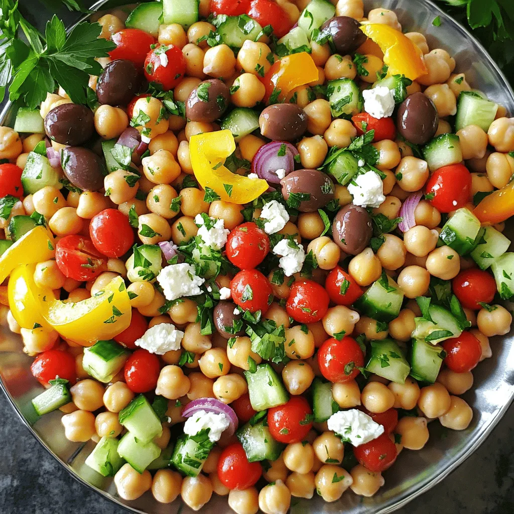 The Mediterranean Chickpea Salad is a bright and easy dish. It takes only 15 minutes to prep. You can serve it as a side or main meal. Packed with flavor, it is perfect for any gathering. Here is what you need for this tasty salad: - 1 can (15 oz) chickpeas, rinsed and drained - 1 cucumber, diced - 1 cup cherry tomatoes, halved - 1 bell pepper (any color), diced - 1/4 red onion, finely chopped - 1/2 cup Kalamata olives, pitted and halved - 1/4 cup feta cheese, crumbled - 1/4 cup fresh parsley, finely chopped - Juice of 1 lemon - 3 tablespoons extra virgin olive oil - 1 teaspoon dried oregano - Salt and pepper to taste These ingredients blend together for a great taste. You can easily swap out some ingredients. If you don’t like feta, try goat cheese. For a vegan option, skip the cheese. If you want a crunch, add radishes. You can use any beans instead of chickpeas too, like black beans or kidney beans. This salad is flexible, so use what you have! To start, gather your ingredients. You need a large bowl and a few simple tools. Here’s what you do: 1. Drain the chickpeas. Use a can opener to open the chickpeas. Rinse them well under cold water. This gets rid of extra salt and makes them clean. 2. Dice the cucumber. Cut it into small cubes. This gives a nice crunch. 3. Halve the cherry tomatoes. This adds sweetness. 4. Dice the bell pepper. Pick any color you like. It adds color and taste. 5. Chop the red onion. Cut it finely for a strong flavor. 6. Prepare the Kalamata olives. Slice them in half and set aside. 7. Crumble the feta cheese. It adds a creamy texture. Mix all these ingredients in the large bowl. This step is quick and easy, taking about 10 minutes. Now, let’s make the dressing. This adds flavor to your salad. Here’s how: 1. Grab a small bowl. You’ll need this to mix the dressing. 2. Squeeze the lemon. Use a juicer or your hands to get the juice. Watch out for seeds! 3. Add the olive oil. Use extra virgin for the best taste. 4. Sprinkle in the dried oregano. This gives a nice Mediterranean flavor. 5. Season with salt and pepper to taste. Whisk these ingredients together until they blend well. This takes about 2 minutes. Finally, it’s time to combine everything! 1. Pour the dressing over the salad. Make sure to coat all the ingredients. 2. Toss gently. Use a large spoon or your hands. You want everything mixed but not smashed. 3. Fold in the fresh parsley. This adds a burst of freshness. Taste your salad and adjust the seasoning if needed. You can add more salt, pepper, or lemon juice. Enjoy your Mediterranean Chickpea Salad! For full details and timing, check the Full Recipe. To make your Mediterranean chickpea salad perfect, always taste as you go. Start with the basic recipe, then adjust. You might want more lemon juice or a pinch of salt. If you love garlic, try adding a small amount of minced garlic to the dressing. This will give your salad a richer flavor. Remember, everyone's taste is different. Fine-tuning helps you create a salad just right for you. Store your salad in an airtight container. It stays fresh in the fridge for about three days. If you want to meal prep, mix all ingredients except for the dressing. Keep the dressing separate to prevent sogginess. When you're ready to eat, just mix it all together. This way, your salad always tastes fresh. You can also use small jars for easy grab-and-go lunches. Serving your salad nicely makes it more enjoyable. Use a large platter for a family-style meal. Garnish with extra parsley and a few whole olives on top. This adds color and makes it look appealing. You can drizzle more olive oil before serving for a shiny finish. For a fun touch, use different colored bell peppers. They add vibrancy and will impress your friends and family. {{image_2}} You can make your Mediterranean chickpea salad heartier by adding protein. Grilled chicken works well. Simply chop it into bite-sized pieces and mix it in. Tuna also adds a nice flavor. Use canned tuna, drained. It blends well with the chickpeas and veggies. Both options boost the nutrition of your salad. If you want a vegetarian or vegan twist, skip the feta cheese. You can replace it with avocado for creaminess. Another option is to add hemp seeds for a nutty flavor. Both choices keep the salad fresh and tasty. You can also add more legumes like black beans to increase protein. Change up your ingredients based on the season. In spring, add fresh asparagus or peas for crunch. In summer, toss in some sliced radishes or sweet corn. These ingredients bring different textures and flavors. You can also add seasonal herbs like basil or mint for a fresh taste. Enjoy the variety with each season's harvest! Each serving of Mediterranean Chickpea Salad has about 250 calories. Most of these calories come from healthy fats and protein. The chickpeas and feta cheese add both flavor and nourishment. This salad gives you a balanced mix of macronutrients: - Protein: 10 grams, mainly from chickpeas and feta. - Fat: 12 grams, mostly from olive oil and olives. - Carbohydrates: 30 grams, which includes fiber from chickpeas and veggies. Chickpeas are high in fiber and protein. They keep you full and satisfied. Cucumbers add hydration and crunch. Tomatoes are rich in vitamins and antioxidants. Bell peppers boost your vitamin C intake. Kalamata olives offer healthy fats and taste. Feta cheese adds calcium and protein. Olive oil supports heart health and adds flavor. Together, these ingredients create a tasty and healthy dish. Check out the Full Recipe to make your own Mediterranean Chickpea Salad! Mediterranean Chickpea Salad lasts about 3 to 5 days in the fridge. Make sure to store it in an airtight container. The flavors will meld and get better over time. If you notice any changes in smell or color, it’s best to toss it out. Yes, you can make this salad in advance. I often prepare it a day before a meal. This way, the flavors have time to blend. Just keep the dressing separate until you’re ready to serve. This helps keep the salad fresh and crunchy. You can serve this salad with grilled chicken or fish for a full meal. It also pairs well with pita bread or a side of hummus. For a lighter option, enjoy it on its own as a snack. You can even use it as a filling for wraps. Explore these options to create your perfect meal! For the complete recipe, check the Full Recipe section. This blog post walked you through making a Mediterranean Chickpea Salad. We covered ingredients, preparation, tips, and variations. You learned about swaps and proteins to add for a tasty twist. Remember to taste as you go to get it just right. Store it well for meal prep, and enjoy it fresh. With these ideas, you can always impress at your next meal. Now, go make your salad fun and healthy!