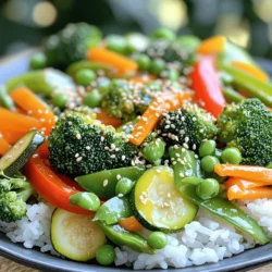 For a tasty stir-fry, use fresh veggies. Here’s what you need: - 1 cup broccoli florets - 1 bell pepper (any color), sliced - 1 medium carrot, julienned - 1 cup snap peas - 1 small zucchini, sliced These veggies bring color and crunch. You can mix and match based on what you like. The right sauces add flavor. For this stir-fry, gather: - 2 tablespoons soy sauce (or tamari for gluten-free) - 1 tablespoon sesame oil - 1 tablespoon vegetable oil These oils and sauces give a rich taste. They help the veggies shine in your dish. Adding a few garnishes makes your dish pop. Consider: - 1 teaspoon sesame seeds (for garnish) - Salt and pepper to taste These little touches make your stir-fry look great and taste even better. Check out the Full Recipe for more details! First, wash your veggies well. Cut the broccoli into small florets. Slice the bell pepper into strips. Julienning the carrot makes it cook fast. For the snap peas, just trim the ends. Finally, slice the zucchini. Mince the garlic and grate the ginger. Having everything ready helps cook faster and taste better. Heat the vegetable oil in a large skillet or wok on medium-high heat. When the oil is hot, add the minced garlic and grated ginger. Stir for about 30 seconds. You want to smell the garlic, but don’t burn it. Next, toss in the broccoli and carrots. Stir-fry for 3-4 minutes until they soften a bit. Now, add the bell pepper, snap peas, and zucchini. Keep stir-frying for another 3-4 minutes. All the veggies should be tender-crisp at this point. Pour in the soy sauce and sesame oil. Stir well to coat all the veggies evenly. Cook for 1-2 more minutes. Once your veggies are cooked, remove the pan from heat. Transfer the stir-fry to a serving dish. Now, sprinkle sesame seeds on top for a nice finish. Serve your stir-fry over steamed rice or quinoa for a complete meal. This Easy Veggie Stir-Fry is not just quick; it looks great too! To make your stir-fry quick and easy, cut your veggies right. Use a sharp knife for clean cuts. I like to slice bell peppers into thin strips. For broccoli, cut the florets into bite-sized pieces. Julienning carrots gives a nice texture and cooks them fast. Keep your cuts even so all the veggies cook at the same time. A large skillet or wok works best for stir-frying. The shape allows heat to spread evenly. I prefer a non-stick surface for easy cooking and cleaning. This way, you can stir and toss without worry. Make sure your pan is hot before adding oil. This helps the veggies sear nicely and keeps them crisp. Taste is key when making a stir-fry. Start with the basics: soy sauce and sesame oil. Add them near the end to avoid burning. If you like heat, try adding red pepper flakes or sriracha. Fresh herbs like basil or cilantro can brighten the dish. Always taste and adjust as you go, so your stir-fry is just how you like it. For the full recipe, check the Easy Veggie Stir-Fry section above. {{image_2}} Want to make your stir-fry more filling? You can add protein. Chicken, beef, or shrimp work well. For a plant-based option, try tofu or tempeh. Simply cube your protein and cook it first. Once it’s browned, remove it from the pan. Then stir-fry your veggies as usual. Add the protein back in before serving. This method keeps everything juicy and flavorful. If you need gluten-free options, switch soy sauce for tamari. Tamari is a great choice and tastes similar. Make sure to check labels for gluten-free products. You can also use coconut aminos as a soy sauce alternative. Both options keep your stir-fry tasty and safe for those with gluten allergies. Using seasonal veggies can change the flavor of your stir-fry. In spring, try asparagus or snap peas. In summer, use zucchini or bell peppers for a fresh taste. Fall offers great choices like squash and carrots. In winter, root veggies like carrots and beets can add sweetness. Feel free to mix and match based on what you have. This keeps your stir-fry exciting and fresh all year round. For the complete recipe, check the Full Recipe section. To keep your veggie stir-fry fresh, place it in an airtight container. Let it cool first, then seal it. Store it in the fridge for up to three days. This keeps the flavors and crunch intact. If you notice any moisture, use a paper towel to absorb it before sealing. When you're ready to enjoy your leftovers, reheating is simple. You can use a skillet or microwave. If using a skillet, heat it over medium heat. Add a splash of water or oil to prevent sticking. Stir gently until warmed through, about 3-5 minutes. If using a microwave, cover the bowl and heat for 1-2 minutes. Stir halfway to ensure even heating. Freezing is a great option for meal prep. Use freezer-safe containers or bags. Portion out the stir-fry for easy meals. Make sure to remove as much air as possible to avoid freezer burn. It can last for up to three months in the freezer. When ready to eat, thaw in the fridge overnight. Reheat in a skillet or microwave as mentioned earlier. For best taste, do not freeze with sauces added; add those fresh when reheating. It takes about 10 minutes to prep and 15 minutes to cook. In total, you need about 25 minutes from start to finish. This makes it a great option for a quick weeknight meal. You can have a delicious dish ready in under half an hour. Yes, you can use frozen vegetables if you want. They cook faster than fresh veggies. Just keep in mind that frozen veggies may release extra water. This can change the texture a bit. If you choose frozen, add them to the skillet a little later to avoid overcooking. You can serve veggie stir-fry over rice or quinoa. Adding a protein like tofu or chicken works great too. You can also pair it with a side salad or spring rolls for a full meal. If you want to keep it light, enjoy it on its own. You can find the full recipe above for more ideas. In this blog post, we explored how to make a delicious veggie stir-fry. We discussed fresh vegetables, essential sauces, and tasty garnishes. I shared step-by-step instructions, tips for cutting and cooking, and ways to vary the dish. We also covered storing leftovers and answering common questions. Remember, stir-fry is fun and flexible. Enjoy trying your own mix of flavors and ingredients. Happy cooking!