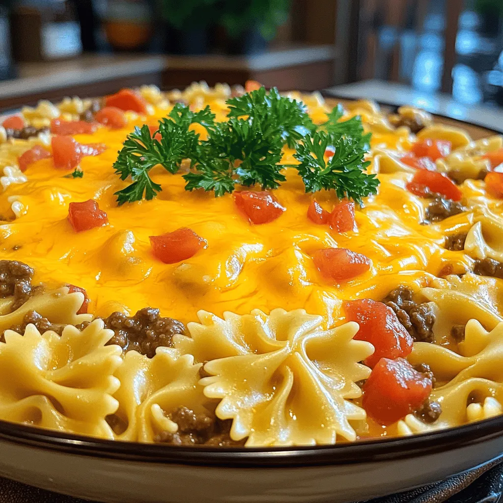 - 12 oz bowtie pasta - 1 lb ground beef - 1 medium onion, diced - 2 cloves garlic, minced - 1 cup diced tomatoes (canned or fresh) - 1 cup beef broth - 1 cup shredded cheddar cheese - 1/2 cup cream cheese, softened - 1 tablespoon Italian seasoning - Salt and pepper to taste - 2 tablespoons olive oil - Fresh parsley, chopped (for garnish)