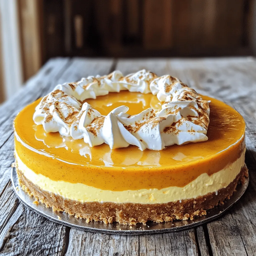 - 1 ½ cups graham cracker crumbs - ½ cup unsalted butter, melted - 1 cup sugar, divided - 4 (8-ounce) packages cream cheese, softened - 1 cup canned pumpkin puree - 3 large eggs - 1 teaspoon vanilla extract - 2 teaspoons ground cinnamon - ½ teaspoon ground nutmeg - ½ teaspoon ground ginger - ½ teaspoon salt - 1 cup sour cream - Whipped cream and pumpkin spice for garnish (optional) This list holds the key to making a great pumpkin cheesecake. The graham cracker crumbs give the crust a sweet crunch. The melted butter binds it all together. Use sugar to sweeten the filling and balance the pumpkin flavor. Cream cheese acts as the base, while pumpkin puree brings in that lovely fall taste. Eggs help to set the cheesecake, making it smooth and rich. Vanilla adds depth, while spices like cinnamon, nutmeg, and ginger create warmth. Salt enhances all the flavors. Lastly, sour cream gives a nice tang and creaminess. With these simple ingredients, you can create a dessert that shines at any gathering. If you want the full details on how to bring it all together, check the full recipe. 1. Preheat the oven and grease the pan: Start by setting your oven to 325°F (160°C). Grab a 9-inch springform pan and grease it with cooking spray or butter to prevent sticking. 2. Mixing graham cracker crumbs and melted butter: In a mixing bowl, combine 1 ½ cups of graham cracker crumbs and ½ cup of melted butter. Add ¼ cup of sugar to the mix. Stir until it looks like wet sand. 3. Forming the crust and baking: Press the crumb mixture firmly into the bottom of your pan. Make sure it is even. Bake this crust for 10 minutes, then set it aside to cool. 1. Beating the cream cheese and sugar mixture: In a large bowl, use an electric mixer to beat 4 packages of softened cream cheese until smooth. Slowly add in the remaining ¾ cup of sugar and mix until blended. 2. Incorporating pumpkin puree and other ingredients: Add 1 cup of canned pumpkin puree to the cream cheese. Mix in 3 large eggs and 1 teaspoon of vanilla extract. Blend until everything is well combined. 3. Pouring batter into the crust: Gently stir in 2 teaspoons of ground cinnamon, ½ teaspoon each of ground nutmeg, ground ginger, and salt. Carefully pour this batter over the cooled crust. Use a spatula to smooth the top. 1. Baking time and temperature: Place the cheesecake in the preheated oven. Bake for 60 to 70 minutes. The center should be set but still slightly jiggly. The edges need to be firm. 2. Tips for preventing cracks during baking: To avoid cracks, turn off the oven and crack the door open. Let the cheesecake cool slowly for about an hour inside the oven. 3. Cooling and refrigerating for best results: Once cooled to room temperature, spread 1 cup of sour cream over the top. Refrigerate for at least 4 hours, or better yet, overnight. This helps the cheesecake set perfectly. For the full recipe, check out the details above! To get a smooth cheesecake, all your ingredients must be at room temperature. Cold cream cheese can lead to lumps. Let the cream cheese sit out for about 30 minutes before mixing. When you mix, use a low speed on your mixer. This helps blend everything without adding too much air. Too much air can cause cracks as the cheesecake bakes and cools. For a richer flavor, use fresh spices instead of the ground ones. Freshly grated nutmeg or cinnamon sticks give a warm, bold taste. If you don’t have fresh spices, the ground ones work well too. You can add options like chocolate chips or caramel for extra fun. These can make your cheesecake even more special. Garnishing is key for a great presentation. Top your slices with whipped cream and a sprinkle of pumpkin spice. You can also add pecans or caramel drizzle for flair. Pair your cheesecake with warm cider or coffee. These drinks complement the pumpkin flavor. For a light touch, serve with fresh fruit like berries or slices of apple. For the full recipe, check out the Full Recipe section. {{image_2}} If you want to skip baking, try a no-bake version. Here’s a quick outline: - Use the same crust ingredients: graham cracker crumbs and melted butter. - For the filling, mix cream cheese, sugar, and pumpkin puree until smooth. - Add vanilla, cinnamon, nutmeg, and ginger. Mix well. - Instead of eggs, use 1 cup of whipped cream for lightness. - Pour the filling into the crust and chill for at least 4 hours. This method saves time and keeps it creamy and rich. For a plant-based treat, swap out key ingredients. Here’s how: - Replace the cream cheese with vegan cream cheese or blended cashews. - Use flax eggs instead of regular eggs. Mix 1 tablespoon of flaxseed meal with 2.5 tablespoons of water; let it sit for 5 minutes. - Follow the same steps as the original recipe, ensuring to mix well. This vegan cheesecake still offers great flavor and smooth texture. You can change the crust for different tastes and diets: - Nut-based crusts: Combine ground almonds or walnuts with melted coconut oil. This option is gluten-free. - Chocolate crust: Use chocolate cookies instead of graham crackers for a rich twist. - Cookie crust: Try crushed Oreos or gingersnaps for a fun flavor change. These crusts add a unique touch and can make your cheesecake stand out. To keep your pumpkin cheesecake fresh, store it in the fridge. Wrap it in plastic wrap or place it in an airtight container. This helps to lock in moisture and flavor. Ensure your fridge is set below 40°F (4°C) for best results. If you want to keep it longer, you can freeze it. Slice the cheesecake into pieces and wrap each slice in plastic wrap. Place the wrapped slices in a freezer bag. This method keeps it tasty for up to three months. When you're ready to eat, thaw the slices in the fridge overnight. Pumpkin cheesecake lasts about 5-7 days in the fridge. Always check for signs of spoilage. Look for an off smell, mold, or changes in texture. If any of these occur, it’s best to toss it. To reheat individual slices, place them on a microwave-safe plate. Heat for about 10-15 seconds at a time. Check after each interval. This prevents overheating, which can change the texture. For the best results, you can also use an oven. Preheat to 250°F (121°C) and warm the slices for 15-20 minutes. This keeps the cheesecake creamy and delicious. The best time to make pumpkin cheesecake is during fall. This is when pumpkin is in season and flavors shine. Many people enjoy it for Thanksgiving too. It pairs well with the holiday spirit and warm flavors. You can serve it at gatherings or cozy family dinners. Yes, you can use fresh pumpkin. Fresh pumpkin gives a rich flavor and nice texture. However, it requires more prep time. You must roast and puree the pumpkin beforehand. Canned pumpkin is easy and saves time. It also has a consistent taste. Choose what fits your schedule best. To avoid cracks, follow a few key steps. First, mix your ingredients gently. Overmixing can create air bubbles. Second, allow the cheesecake to cool in the oven. After baking, crack the oven door for an hour. This gradual cooling helps prevent cracks. Finally, chill the cheesecake overnight for the best results. Yes, you can make this cheesecake ahead of time. It keeps well in the fridge for about five days. Just be sure to cover it tightly with plastic wrap. For longer storage, you can freeze it for up to three months. Thaw it in the fridge overnight before serving. This makes it easy for parties or special occasions. Check the [Full Recipe] for more details. In this article, we explored the best ingredients for pumpkin cheesecake, step-by-step instructions, and tips for perfecting your recipe. We also discussed variations like no-bake and vegan options, plus storage tips to keep your cheesecake fresh. Whether you're a beginner or a pro baker, you can create a delicious pumpkin cheesecake. Enjoy experimenting with flavors and impressing your friends and family. Remember, baking is both an art and a science. Have fun with it!