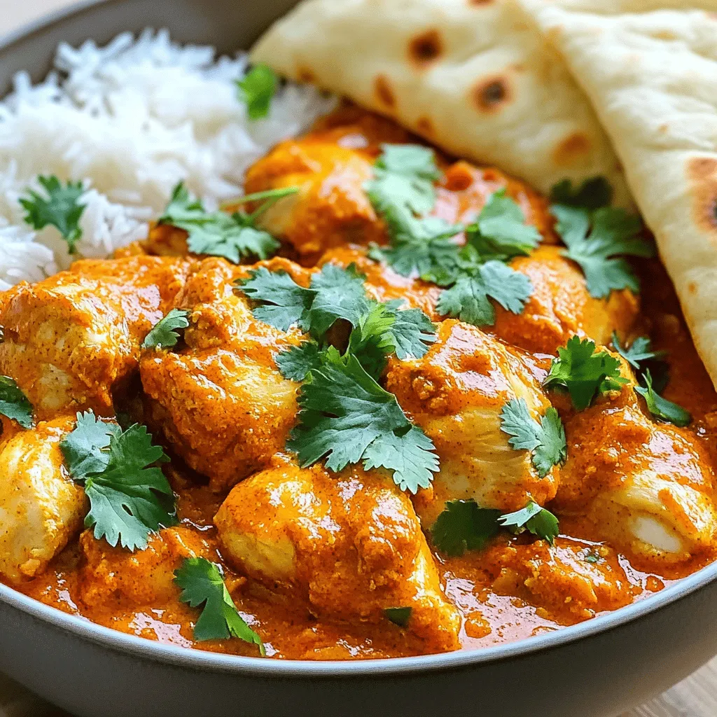 To make a great chicken tikka masala, you need the right ingredients. Here’s what I always use: - 1.5 lb boneless, skinless chicken thighs, cut into bite-sized pieces - 1 medium onion, finely chopped - 4 cloves garlic, minced - 1-inch piece ginger, grated - 1 can (14 oz) coconut milk - 1 can (14 oz) crushed tomatoes - 3 tablespoons tikka masala paste - 1 tablespoon olive oil - 1 teaspoon garam masala - Salt, to taste - Fresh cilantro, for garnish - Cooked basmati rice or naan, for serving These items form the base of the dish. They all work well together to create a rich flavor. You can add more ingredients for a deeper taste. Here are some that I recommend: - 1 tablespoon lemon juice for brightness - 1 teaspoon chili powder for heat - 1 cup peas for added texture - 1/2 cup plain yogurt for creaminess These extras can take your dish to the next level. Just be careful not to overpower the main flavors. Sometimes, you might not have all the ingredients. Here are a few substitutes: - Chicken thighs can be swapped for chicken breasts, but they may dry out. - Coconut milk can be replaced with heavy cream for a richer taste. - If you cannot find tikka masala paste, you can use curry powder instead. These swaps can work well, but they might change the overall flavor a bit. Always adjust your spices to taste. For the full recipe, check out the detailed instructions. To start, gather your ingredients. You need chicken thighs, onion, garlic, ginger, coconut milk, crushed tomatoes, tikka masala paste, olive oil, and garam masala. Chop the onion finely and mince the garlic. Grate the ginger. This helps release all the great flavors. In your slow cooker, add the olive oil, chopped onion, minced garlic, and grated ginger. Stir them together until they mix well. Next, add the tikka masala paste and garam masala. Stir again to coat the onion mix with the spices. Now, add the bite-sized chicken pieces. Make sure they are well coated with the spice mix. After mixing, pour in the crushed tomatoes and coconut milk. Don’t forget to add salt to taste. Stir everything well to blend all the ingredients. Cover your slow cooker and set it to low for 6-7 hours or high for 3-4 hours. The chicken will become tender and soak up all the flavors. Once the cooking is done, taste the dish and adjust the seasoning if you wish. Serve the Chicken Tikka Masala over fluffy basmati rice or with warm naan. For a bright touch, sprinkle fresh cilantro on top. This adds color and flavor. Enjoy your meal with family and friends! For the complete recipe, check out the Full Recipe. To get the best flavor in your slow cooker chicken tikka masala, use fresh spices. Fresh spices have more aroma and taste. When you add the tikka masala paste, ensure it covers the chicken well. This helps the spices blend into the meat. I also like to let the dish cook low and slow. This method makes the chicken very tender and flavorful. One common mistake is using too much salt too early. Taste your dish after cooking. Adjust the salt at the end for the best balance. Another mistake is not cutting the chicken into even pieces. This can lead to uneven cooking. Make sure you chop the chicken into similar sizes. Lastly, avoid opening the lid while cooking. This lets heat escape and can change the cooking time. Serve your slow cooker chicken tikka masala over fluffy basmati rice. The rice soaks up the sauce well. You can also serve it with warm naan for a nice touch. For added color and taste, sprinkle fresh cilantro on top before serving. This not only looks pretty but adds a fresh flavor too. Enjoy your dish with a side of yogurt for cooling relief against the spices. Check out the Full Recipe for more details! {{image_2}} You can make a tasty vegetarian version of chicken tikka masala. Swap the chicken for chickpeas or tofu. Both options soak up the spices well. Use the same cooking steps. You’ll enjoy a rich, creamy dish without meat. Add more veggies too, like bell peppers or spinach. They add color and nutrients. Do you like it spicy? You can easily adjust the heat. Add more tikka masala paste for a kick. If you prefer milder flavors, use less paste. You can also add diced green chilies for extra heat. Conversely, a dollop of yogurt can cool down the dish. Balance the spice to fit your taste. Want to mix it up? You can use other proteins too. Try shrimp or lamb for a change. They cook well in the slow cooker. Just remember to adjust cooking times. Shrimp cooks faster than chicken, so check it often. Lamb adds a rich flavor that pairs well with the sauce. Enjoy exploring different proteins to find your favorite! For the full recipe and more ideas, check out the [Full Recipe]. To store leftovers, let the chicken tikka masala cool. Then, transfer it to an airtight container. You can keep it in the fridge for up to four days. Make sure to label the container with the date. This way, you’ll know when to use it. When you are ready to enjoy your leftovers, you can reheat them easily. Place the tikka masala in a pot over medium heat. Stir it often until it warms through. If you want to use the microwave, place it in a safe bowl. Heat in short bursts, stirring in between, until hot. Always check the temperature before serving. Freezing is a great option for longer storage. After cooling, place the chicken tikka masala in a freezer-safe container. Make sure to leave some space at the top for expansion. It can last in the freezer for up to three months. When you are ready to eat it, thaw it in the fridge overnight before reheating. Enjoy the flavors of your slow cooker chicken tikka masala again! You can find the full recipe for more tips. Yes, you can! You can cook Chicken Tikka Masala on the stovetop. Start by sautéing the onion, garlic, and ginger in a pot. Add the spices, then the chicken pieces. Pour in the crushed tomatoes and coconut milk. Simmer until the chicken is cooked through, about 20-30 minutes. This method saves time and still gives you great flavor. You have many delicious options! Here are a few ideas: - Basmati rice: Fluffy rice soaks up the sauce well. - Naan: Soft bread perfect for dipping. - Cucumber salad: A cool side that adds crunch. - Yogurt: A dollop of plain yogurt can balance the spice. Each choice pairs well and enhances the meal's flavor. Slow Cooker Chicken Tikka Masala lasts about 3-4 days in the fridge. Store it in an airtight container to keep it fresh. When you're ready to eat, reheat it on the stovetop or in the microwave. Make sure it heats through to ensure it tastes great! You now know the key ingredients for the perfect Slow Cooker Chicken Tikka Masala. Use substitutes and extras for more flavor. Follow the steps for easy cooking, and avoid common mistakes to get great results. Try the variations for new twists, and store leftovers wisely. In conclusion, this dish is simple and delicious. With a few tips, you can impress anyone who eats it. Enjoy making your Chicken Tikka Masala perfect every time!
