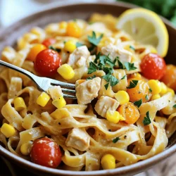 To make Cowboy Butter Chicken Pasta, gather these items: - 8 ounces fettuccine pasta - 2 tablespoons olive oil - 2 boneless, skinless chicken breasts, diced - 1 teaspoon smoked paprika - 1 teaspoon garlic powder - 1 teaspoon onion powder - ½ teaspoon cayenne pepper (adjust for spice preference) - Salt and pepper to taste - 3 cloves garlic, minced - 1 cup cherry tomatoes, halved - 1 cup corn (fresh or frozen) - ½ cup unsalted butter, softened - 2 tablespoons Dijon mustard - 2 tablespoons Worcestershire sauce (or coconut aminos for a gluten-free option) - Juice of 1 lemon - Fresh parsley, chopped (for garnish) You can play with flavors and textures by adding: - Spinach or kale for more greens - Bell peppers for crunch and sweetness - A sprinkle of cheese, like Parmesan or feta - Extra herbs like thyme or basil for fresh notes If you have dietary needs, here are some swaps: - Use gluten-free pasta for a gluten-free meal - Swap chicken for tofu or chickpeas for a vegetarian dish - Replace butter with olive oil or vegan butter for dairy-free options - Use low-sodium broth instead of Worcestershire sauce for lower sodium meals This recipe is flexible and allows you to make it your own! If you want the full details of how to cook this dish, check out the Full Recipe. Start by filling a large pot with water. Add a good amount of salt. Bring the water to a boil. Once boiling, add 8 ounces of fettuccine pasta. Cook it according to the package instructions until it is al dente. This usually takes about 8-10 minutes. When done, drain the pasta and set it aside. Make sure to save about ½ cup of the pasta water for later. In a large skillet, heat 2 tablespoons of olive oil over medium-high heat. While the oil heats, dice 2 boneless, skinless chicken breasts. Season the diced chicken with 1 teaspoon of smoked paprika, 1 teaspoon of garlic powder, 1 teaspoon of onion powder, and ½ teaspoon of cayenne pepper. Add salt and pepper to taste. Once the oil is hot, add the chicken to the skillet. Sauté the chicken for 7-9 minutes. Cook it until it is golden brown and no longer pink inside. While the chicken cooks, grab a separate bowl. Mix together ½ cup of softened butter, 2 tablespoons of Dijon mustard, 2 tablespoons of Worcestershire sauce, and the juice of 1 lemon. Stir until the mixture is creamy and well combined. After the chicken is done, add 3 cloves of minced garlic to the skillet. Cook for about 1 minute until it smells great. Then, add 1 cup of halved cherry tomatoes and 1 cup of corn. Sauté for another 3-4 minutes until the tomatoes soften and the corn heats through. Now, return to the bowl with the cowboy butter sauce. Pour it over the chicken and veggies, tossing everything together. If the pasta seems dry, use a little of that reserved pasta water to loosen the sauce. Make sure every strand of pasta is coated in that delicious sauce! To cook chicken well, start with even pieces. Dice the chicken into uniform cubes. This helps them cook evenly. Season the chicken with smoked paprika, garlic powder, onion powder, salt, and pepper. This mix adds great taste. Sauté over medium-high heat until the chicken is golden and cooked through. Use a meat thermometer if you like. Chicken should reach 165°F to be safe. When cooking pasta, use a large pot. Fill it with water and add a good pinch of salt. Bring the water to a rapid boil. Add the fettuccine and stir it gently. Cook according to the package instructions for al dente texture. This keeps it from getting mushy. Remember to save some pasta water before draining. It helps loosen the sauce later. You can change the flavors to fit your taste. Want more spice? Add more cayenne pepper or even some red pepper flakes. For a tangy twist, mix in extra lemon juice. You can also try different herbs, like basil or thyme. If you like more veggies, toss in bell peppers or spinach. This dish is all about your personal touch. Check out the Full Recipe for even more ideas! {{image_2}} You can easily add vegetables to this dish. Vegetables add color and nutrients. I love using spinach or bell peppers. They cook quickly and fit well with the pasta. Just toss them in with the cherry tomatoes. You can also add broccoli for a crunch. The more veggies, the better the meal! Want some heat? You can adjust the spice level. If you love spice, add more cayenne pepper. Start with a little, then taste. You can always add more! If you prefer mild, skip the cayenne. Instead, use sweet paprika. This keeps the dish tasty without too much heat. You can swap chicken for other proteins. For a lighter meal, use shrimp. It cooks fast and tastes great with the sauce. If you want a vegetarian option, try chickpeas or tofu. Both soak up flavors well. Just cook them until golden for the best taste. Each option gives you a new twist on cowboy butter chicken pasta. Find the full recipe to start cooking! To keep your cowboy butter chicken pasta fresh, let it cool first. Place it in an airtight container. This will help prevent moisture loss. Store it in the fridge for up to three days. Make sure to label the container with the date. This way, you know when it was made. When you're ready to enjoy leftovers, reheat them gently. Use a skillet over low heat. Add a splash of water or broth to prevent drying out. Stir often until it’s warmed through. You can also use a microwave. Heat in short bursts, stirring in between. This ensures even heating. If you want to save some for later, freezing works well. Place cooled pasta in a freezer-safe bag or container. Remove as much air as possible to prevent freezer burn. It can last up to three months in the freezer. When you’re ready to eat, thaw it overnight in the fridge. Reheat as described above. Enjoy your cowboy butter chicken pasta again without the fuss! Cowboy Butter Chicken Pasta has roots in Southern cooking. It combines rich flavors with a fun twist. The idea came from the need for comfort food that is quick to prepare. The buttery sauce adds a creamy texture that many love. Over time, this dish gained popularity for its bold taste and ease of cooking. Yes, you can make this recipe gluten-free. Simply swap regular fettuccine with gluten-free pasta. Also, use coconut aminos instead of Worcestershire sauce. This keeps the dish flavorful without gluten. Make sure to check all labels for gluten content. To know if the chicken is done, check its color and temperature. Cooked chicken should be golden brown and no longer pink inside. Use a meat thermometer for accuracy. The safe internal temperature for chicken is 165°F. Cut into a piece to check if it’s white throughout. Serve Cowboy Butter Chicken Pasta in wide bowls. This gives a rustic look that feels homey. Garnish with fresh parsley for a pop of color. A lemon wedge on the side adds a nice touch. This dish looks great and tastes even better, making it perfect for sharing. You can find the full recipe in the earlier section. This blog covered making Cowboy Butter Chicken Pasta. You learned about the key ingredients and some optional ones too. I shared tips for perfect pasta and chicken and how to prepare the rich sauce. You can customize flavors and try variations with vegetables or different proteins. Don't forget the best storage tips to keep leftovers fresh. Enjoy your cooking journey! This dish is fun, tasty, and easy to make.