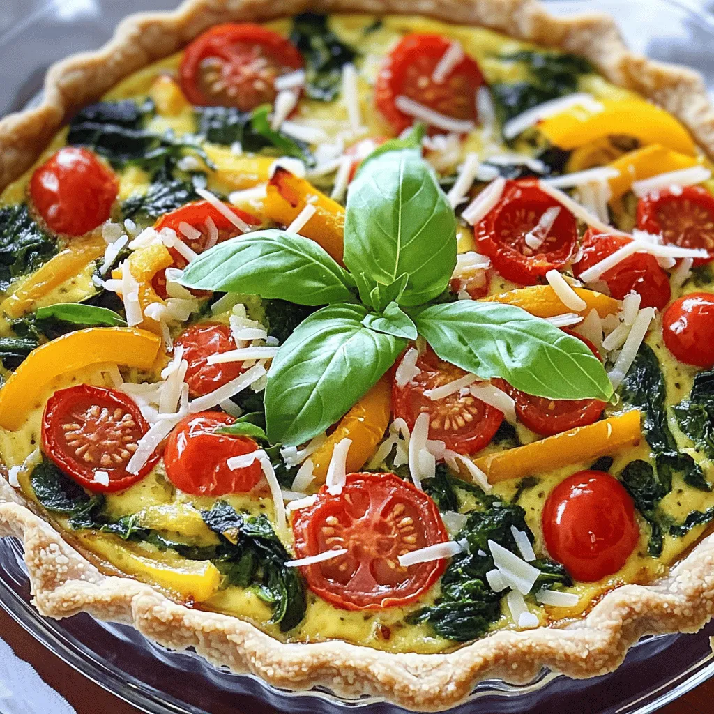 - 1 pre-made pie crust (9-inch) - 1 cup fresh spinach, chopped - 1/2 cup bell peppers (red, yellow, or green), diced - 1/2 cup cherry tomatoes, halved - 1/4 cup red onion, finely chopped - 1 cup shredded cheddar cheese (or a cheese of your choice) - 4 large eggs - 1 cup heavy cream - 1 teaspoon dried thyme - 1/2 teaspoon garlic powder - Salt and pepper to taste - Fresh basil leaves for garnish (optional)