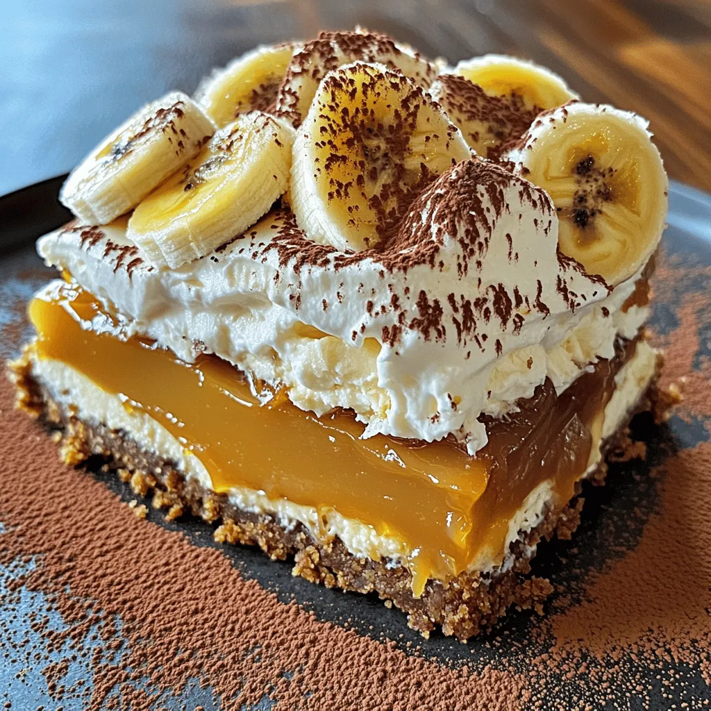 - 200g digestive biscuits - 100g unsalted butter - 400g sweetened condensed milk - 2 large ripe bananas - 300ml heavy cream - 2 tablespoons powdered sugar - 1 teaspoon vanilla extract - Cocoa powder or chocolate shavings If you want to change things up, you can use graham crackers instead of digestive biscuits. They create a nice crust too! For the whipped cream, you can use coconut cream for a dairy-free option. It tastes great and is easy to find. When choosing bananas, look for ones that are ripe but not overripe. They should have a few brown spots. This means they are sweet and soft, perfect for your pie. For sweetened condensed milk, pick a brand that uses pure milk. This will give your pie a creamy and rich flavor. To start, grab a mixing bowl. Combine the crushed digestive biscuits with melted butter. Mix well until all the biscuits are coated. This step gives the base a rich flavor. Next, take your pie dish. Press the biscuit mixture firmly into the bottom. Make sure it is even across the dish. Refrigerate this for 30 minutes. This helps it set properly. While the base chills, it’s time to make the caramel. In a saucepan, pour in the sweetened condensed milk. Cook it over medium heat while stirring constantly. This is key! Keep stirring for about 15 to 20 minutes. You want it to turn a nice golden color. Watch closely to avoid burning it. Once it reaches the right color, remove it from heat. After the caramel cools, pour it over the chilled biscuit base. Spread it evenly so every bite has caramel. Let it cool for another 30 minutes. Now, slice your ripe bananas. Layer them over the caramel. In another bowl, whip the heavy cream with powdered sugar and vanilla extract. Whip until you see soft peaks. Spread this whipped cream over the bananas. Smooth it out with a spatula. Finally, sprinkle cocoa powder or chocolate shavings on top. This adds a lovely touch. Chill the pie for at least 2 hours. This helps all the flavors come together. For a full recipe, check out the [Full Recipe]. For the best Banoffee Pie, timing matters. Chill the biscuit base for 30 minutes. This helps it set well. After pouring the caramel, let it cool for another 30 minutes. This step ensures a smooth texture. When cooking the caramel, look for a golden color. If it turns too dark, it may burn. Stir constantly while it cooks to keep it smooth. You can prepare parts ahead of time. Crush the biscuits and melt the butter a day before. Store them in the fridge. You can also make the caramel in advance. Just let it cool and then cover it. For quick cleanup, use a mixing bowl and a spatula. These tools help reduce mess. Wipe down surfaces as you go to keep the kitchen tidy. Pair your Banoffee Pie with fresh whipped cream or vanilla ice cream. These flavors enhance the pie’s sweetness. For presentation, slice the pie and place it on dessert plates. Add banana slices on top for a pop of color. A sprinkle of cocoa powder looks nice, too. You can also use chocolate shavings to impress your guests. Serve immediately after chilling for the best taste. {{image_2}} You can make your Banoffee pie even more exciting with different flavors. Adding nuts gives a nice crunch. Chopped walnuts or pecans work well. They add texture and flavor that contrast with the creamy filling. You can also add chocolate layers. Melt some dark chocolate and pour it over the caramel before adding bananas. This makes the pie richer and more indulgent. If you need gluten-free options, use gluten-free biscuits for the base. Many brands offer these, so you can enjoy the same great taste. For vegan adaptations, swap the sweetened condensed milk with coconut cream. You can blend it with sugar for sweetness. Use coconut whipped cream instead of heavy cream. This keeps the dessert creamy and delicious without dairy. Switching up the fruits can make your pie fit the season. In the summer, add fresh berries like strawberries or raspberries. They give a nice tartness that balances the sweetness. In winter, try using spiced apples. This adds warmth to the dessert. You can also change garnishes for holidays. Use candy canes for Christmas or edible flowers for spring. These small touches can make the pie festive and fun. For the full recipe, check out the Banoffee Bliss Pie 🥧 section. To keep your Banoffee Pie fresh, store it in the fridge. Use an airtight container or cover the pie with plastic wrap. This will help prevent it from drying out. The pie is best enjoyed within three days. After that, the bananas may start to brown and lose flavor. You might wonder if you can warm up Banoffee Pie. I don’t recommend reheating it. The crust can get soggy, and the whipped cream won’t hold up well. Instead, enjoy it cold right out of the fridge for the best taste and texture. Want to make your pie last longer? You can freeze Banoffee Pie! Start by slicing it into pieces. Wrap each slice tightly in plastic wrap. Then, place them in a freezer-safe bag or container. This keeps them fresh for up to two months. To enjoy, take a slice out and let it thaw in the fridge overnight. This way, the texture stays nice and creamy. Banoffee pie is a tasty dessert. It has a crunchy base, sweet caramel, fresh bananas, and whipped cream. The crunchy base is made from crushed digestive biscuits mixed with melted butter. The caramel layer comes from cooking sweetened condensed milk until it turns golden. Then, you add sliced bananas on top of the caramel. Finally, you finish it with light whipped cream. This pie is rich and creamy, making it a favorite for many. To keep bananas fresh, slice them just before serving. You can also brush the slices with lemon juice. The acid in lemon juice slows down the browning. If you want to prepare them earlier, try using a little pineapple juice as well. This also adds a nice flavor. Another trick is to store the bananas in the fridge after slicing. They might change color but will stay fresh longer. Yes, you can make Banoffee pie ahead of time. Prepare the base and caramel layer first. Store these in the fridge for up to two days. When you're ready to serve, slice the bananas and add them on top. Then, whip the cream and spread it over the bananas. This way, your pie stays fresh and tasty. Cover it with plastic wrap to protect it while in the fridge. If you need a substitute for condensed milk, try using coconut cream. It has a similar texture and adds a nice flavor. You could also use a mixture of regular milk and sugar. Simmer them together until thickened. This takes longer but works well. For a healthier touch, consider using maple syrup or honey. These alternatives can provide sweetness and a unique taste. In this blog post, we explored how to create a delicious Banoffee Pie from simple ingredients. We covered everything from choosing the best bananas to assembling the pie and storage tips. You can customize this dessert with various flavors and dietary options to suit your needs. Making Banoffee Pie is fun and rewarding. With practice, you can impress your friends and family with this delightful treat. Enjoy every step of the process and the sweet results!