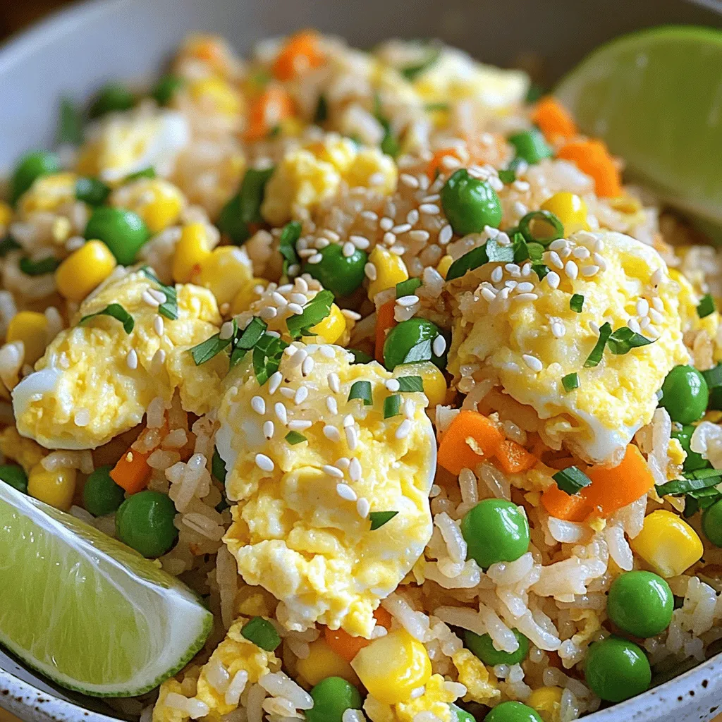 To make a delicious fried rice, you need a few key items. Here’s what you will need: - 2 cups jasmine rice (cooked and cooled) - 1 cup mixed vegetables (peas, carrots, corn) - 2 large eggs, beaten - 1/2 cup green onions, chopped - 2 cloves garlic, minced - 3 tablespoons soy sauce - 1 tablespoon sesame oil - 1 tablespoon vegetable oil - 1 teaspoon ginger, grated - Salt and pepper to taste These ingredients work together to create a tasty and satisfying dish. The jasmine rice gives a nice texture, while the mixed veggies add color and nutrients. Garlic and ginger bring great aromas that enhance the flavor. You can easily change this recipe by adding a few extras. Here are some optional ingredients you might try: - 1/2 cup cooked chicken or shrimp, diced - Bell peppers, diced - Mushrooms, sliced - Peanuts or cashews for crunch - A dash of hot sauce for heat These ingredients let you personalize your fried rice. You can use any leftover proteins or veggies you have. This makes the dish fun and unique! If you don’t have some items on hand, don’t worry! Here are a few substitutions you can use: - Brown rice or quinoa can replace jasmine rice. - Any frozen mixed veggies work well in place of fresh ones. - Tamari or coconut aminos can substitute for soy sauce. - For a vegan option, use tofu instead of eggs or meat. These alternatives keep the recipe flexible and accessible. You can still enjoy a great fried rice even if you lack some ingredients. Just remember to adjust the cooking time based on what you use! To make great fried rice, start with the right rice. I recommend jasmine rice. Cook it according to the package. Once done, let it cool. For the best texture, refrigerate it overnight. This helps the rice dry out. Dry rice fries better and won’t get mushy. Next, let’s cook the eggs. Heat a large skillet or wok over medium heat. Add one tablespoon of vegetable oil. Once it’s hot, pour in the beaten eggs. Scramble them gently until fully cooked. This should take about 2 minutes. Then, transfer the eggs to a plate. Keep them aside for later. Now, it’s time to make it smell amazing! In the same skillet, add a bit more oil. Pour in the sesame oil and let it heat up. Then, add minced garlic and grated ginger. Stir these for about 30 seconds. They should be fragrant but not burnt. After that, toss in your mixed veggies. Stir them for 2-3 minutes until they soften. Once your veggies are ready, add the cooled rice to the skillet. Break up any clumps as you mix. Heat the rice for about 2-3 minutes. Then, pour soy sauce over everything and stir well. It’s time to add the scrambled eggs back in. Mix everything together and season with salt and pepper. Finally, add the chopped green onions and any proteins if you like. Stir again for about a minute. Your fried rice is now ready to serve hot! Enjoy it in vibrant bowls, maybe with sesame seeds and lime wedges for an extra pop. You can find the Full Recipe above. To make the best fried rice, use cooled jasmine rice. Freshly cooked rice can be too wet. Chill it overnight in the fridge. This helps keep the grains separate. For flavor, add soy sauce and sesame oil. They give a rich taste. Always taste your rice for salt. Adjust if needed. Avoid using too much oil. It can make the rice greasy. Also, don’t overcrowd the pan. This can lead to steaming instead of frying. Stir often but gently. Over-stirring can break the rice and make it mushy. Lastly, skip the frozen veggies if you can. Fresh veggies taste better and add texture. Use a large skillet or wok for even cooking. A spatula is great for mixing without breaking rice. A cutting board and knife will help chop veggies. If you like, a rice cooker can save time. Finally, have measuring spoons handy for soy sauce and sesame oil. For a complete guide, see the Full Recipe. {{image_2}} You can easily switch up the protein in your fried rice. Chicken and shrimp are two popular choices. For chicken, use cooked, diced pieces. For shrimp, peel and devein them first. Add these proteins when you sauté the veggies. This way, they warm up and blend in well. You can also use pork or beef if you like. Each option brings a unique flavor to the dish. If you prefer a meat-free dish, you have great options. Tofu is an excellent protein source. Opt for firm tofu and sauté it until golden. You can also use tempeh for a nutty flavor. For a vegan twist, skip the eggs and use more veggies. Try adding mushrooms, bell peppers, or even broccoli. This keeps your fried rice colorful and tasty while staying plant-based. Fried rice varies widely across cultures. In Thailand, you may find pineapple fried rice, which adds a sweet touch. In Indonesia, nasi goreng often features sweet soy sauce and spicy sambal. Chinese fried rice might include ingredients like soy sauce and sesame oil. Each region has its own spin, making fried rice a fun dish to explore. Try these twists to discover new flavors and styles. Enjoy creating your own version of fried rice! Check out the Full Recipe for a classic take. Store leftover fried rice in an airtight container. Let it cool down first. Place it in the fridge. It will stay fresh for about three to four days. If you want to keep it longer, freezing is a great option. When reheating fried rice, use a skillet or wok. Add a splash of water or broth to help steam the rice. Heat it over medium heat. Stir often to ensure even warming. This keeps the rice from drying out. You can also use the microwave, but the skillet gives better texture. Yes, you can freeze fried rice! Allow it to cool completely. Portion it into freezer-safe bags or containers. Remove as much air as possible. This helps prevent freezer burn. It can last in the freezer for about one month. When ready to eat, thaw it overnight in the fridge and reheat as mentioned above. For a complete guide, check out the Full Recipe. Yes, you can use leftover rice for fried rice. In fact, it works best! Cold rice has less moisture. This helps prevent stickiness. The grains stay separate, leading to a better texture. If you have fresh rice, cool it first. Spread it on a tray and let it sit for a bit. The best vegetables for fried rice include: - Peas - Carrots - Corn - Bell peppers - Broccoli - Green onions These veggies add color and taste. You can mix and match based on what you like. Frozen mixed vegetables are also a great choice. They are quick and easy to use. To make fried rice less sticky, use cold rice. Cook the rice a day before if you can. Also, make sure not to overcook your rice. When frying, avoid adding too much liquid. Keep the heat high to fry the rice quickly. Stir it gently to keep the grains separate. Fried rice can be healthy, depending on what you add. Using lots of vegetables boosts nutrition. You can also use brown rice for more fiber. If you limit oil and soy sauce, you keep calories lower. Adding protein like chicken or shrimp helps balance the dish. Always keep portion sizes in check for a healthy meal. In this post, we covered how to make delicious fried rice. We discussed key ingredients, step-by-step instructions, and tips for great flavor. You learned about variations and how to store leftovers too. Fried rice is versatile and can fit any taste. Use these ideas to create your perfect dish. With practice, your fried rice will always turn out great!