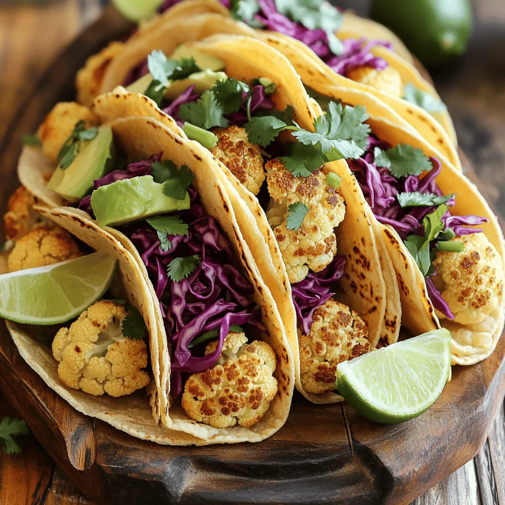 - 1 medium head of cauliflower, cut into small florets - 8 small corn tortillas - 1 cup shredded red cabbage - 2 tablespoons olive oil - 1 teaspoon smoked paprika - 1 teaspoon ground cumin - Additional toppings: avocado, cilantro, lime, and optional vegan sour cream Each serving of these vegan cauliflower tacos contains about 200 calories. You get around 10 grams of fat, 30 grams of carbs, and 5 grams of protein. This meal is balanced and satisfying. These ingredients create a colorful dish. The roasted cauliflower brings a deep flavor. The spices add warmth and depth. Fresh toppings enhance the taste and add crunch. With just a few simple items, you can make a delicious meal. To see the full recipe, refer to the [Full Recipe]. This meal is not just tasty; it’s also healthy. Each bite is packed with nutrients, and it’s easy to share with friends and family. - Preheat the oven to 425°F (220°C). - Toss cauliflower florets with 2 tablespoons olive oil and spices: - 1 teaspoon smoked paprika - 1 teaspoon ground cumin - 1 teaspoon garlic powder - 1 teaspoon onion powder - Salt and pepper to taste These spices give the cauliflower a rich flavor. The olive oil helps the spices stick and crisp the florets. - Spread the seasoned cauliflower on a baking sheet. - Roast in the oven for about 25-30 minutes. Stir halfway for even cooking. This step makes the cauliflower golden and crispy. The high heat brings out the natural sweetness of the cauliflower. - Warm 8 small corn tortillas in a skillet for about 30 seconds on each side. - Place a generous amount of roasted cauliflower on each tortilla. Once the cauliflower is ready, you can add toppings. Try adding shredded red cabbage, sliced avocado, and fresh cilantro. - Drizzle with vegan sour cream or cashew cream, if using. - Squeeze fresh lime juice over each taco to enhance the flavors. These steps create a tasty meal. You can find the Full Recipe for more details. To get crispy cauliflower, follow these tips: - Cut the cauliflower into small florets. - Toss the florets well with olive oil and spices. - Spread them evenly on the baking sheet. This helps them cook better. Even spacing is key. If they touch too much, they will steam, not roast. Aim for a single layer. Stir the cauliflower halfway through cooking to ensure all sides get brown and crispy. You can make these tacos your own! Here are some topping ideas: - Add sliced jalapeños for heat. - Include diced tomatoes or corn for sweetness. - Try different sauces like a spicy salsa or a creamy dressing. Mixing textures can add excitement. Use crunchy toppings like radishes or crispy onions. A sprinkle of nuts or seeds can also enhance the flavor. Pair your tacos with great sides. Here are some ideas: - Serve with a fresh salad or rice. - Add beans for protein and fiber. For a fun presentation, stack the tacos in a tall tower. Use a large platter for a colorful display. Add lime wedges and fresh herbs for an inviting look. For the full recipe, check out the entire guide! {{image_2}} You can use many vegetables in tacos. Sweet potatoes add a sweet flavor. Just cube them and roast like cauliflower. Mushrooms bring a rich, earthy taste. Slice them thin and sauté before adding to your tacos. Other great options include bell peppers, zucchini, or even carrots. Each veggie gives a twist to your meal. So feel free to mix and match! Changing spices can change the whole dish. Try adding chili powder for heat or curry powder for warmth. Marinades can also add depth. Consider a lime-garlic marinade for a fresh kick. Don't forget about toppings! Swap avocado for guacamole or add pico de gallo for a spicy twist. You can also use pickled onions or jalapeños for extra zing. These small changes can create a new flavor profile each time! Tacos can be more than just traditional wraps. Mini tacos are fun for parties. Just use smaller tortillas and fill them with the same tasty cauliflower. You can also create taco bowls with rice or quinoa as a base. Top bowls with roasted cauliflower and your favorite toppings. If you're avoiding carbs, use lettuce wraps instead of tortillas. They are crunchy and refreshing! Each serving style can add a unique flair to your meal. Check out the Full Recipe for more ideas! To store your tacos and ingredients in the fridge, first, let everything cool. Place the roasted cauliflower in an airtight container. Keep the tortillas wrapped in a damp paper towel and then in a plastic bag. For toppings like cabbage and avocado, store them in separate containers. This way, they stay fresh longer. To maintain freshness, try to eat leftovers within three days. For the best taste, avoid mixing ingredients until you are ready to eat. Yes, you can freeze roasted cauliflower! Just let it cool completely, then place it in a freezer-safe bag. Try to remove as much air as you can. This helps prevent freezer burn. When you’re ready to eat, take the cauliflower out and let it thaw overnight in the fridge. To reheat frozen tacos, warm them in an oven or skillet. This will help keep them crispy. The expected shelf life of stored ingredients varies. Roasted cauliflower lasts about four days in the fridge. Tortillas can stay fresh for about a week if stored properly. Cabbage and cilantro also last around three days when kept in airtight containers. Always check for freshness before using! Yes, vegan cauliflower tacos can be gluten-free. The main ingredient, cauliflower, is naturally gluten-free. If you use corn tortillas, your tacos will remain gluten-free. Always check the label on tortillas to ensure they are gluten-free. If you want to make your tacos even more gluten-free, consider using lettuce wraps instead of tortillas. You can make corn tortillas from scratch with just two ingredients: masa harina and water. Mix 2 cups of masa harina with about 1.5 cups of warm water. Knead it until smooth. Divide the dough into small balls. Use a tortilla press or a rolling pin to flatten each ball. Cook them on a hot skillet for about 30 seconds on each side. Homemade tortillas add a fresh taste to your tacos. You can serve many tasty sides with vegan cauliflower tacos. Here are some ideas: - Black beans or refried beans for protein - Mexican rice for a filling option - A fresh salad with lime dressing - Guacamole for a creamy touch - Salsa or pico de gallo for extra flavor Yes, you can prepare the cauliflower filling ahead of time. Just roast the cauliflower as directed in the Full Recipe. After roasting, let it cool, then store it in an airtight container in the fridge. It will stay fresh for about 3-4 days. Reheat it in the oven or microwave before serving in your tacos. Spicing up your vegan tacos is easy! Here are some ideas: - Add chopped jalapeños or serrano peppers for heat - Use chipotle powder for a smoky flavor - Drizzle hot sauce on top before serving - Mix in fresh herbs like cilantro for brightness - Experiment with different spices, like cumin or chili powder, to create your own blend Try these tips to make your vegan cauliflower tacos even more delicious! In this blog post, I covered how to make delicious vegan cauliflower tacos. We looked at key ingredients, seasoning, and how to assemble the perfect taco. I also shared tips for roasting cauliflower, customizing toppings, and serving suggestions. These tacos are versatile and easy to make. With different veggies and spices, you can create a new twist. Enjoy exploring these options and make them your own! Your next meal can be both tasty and healthy.