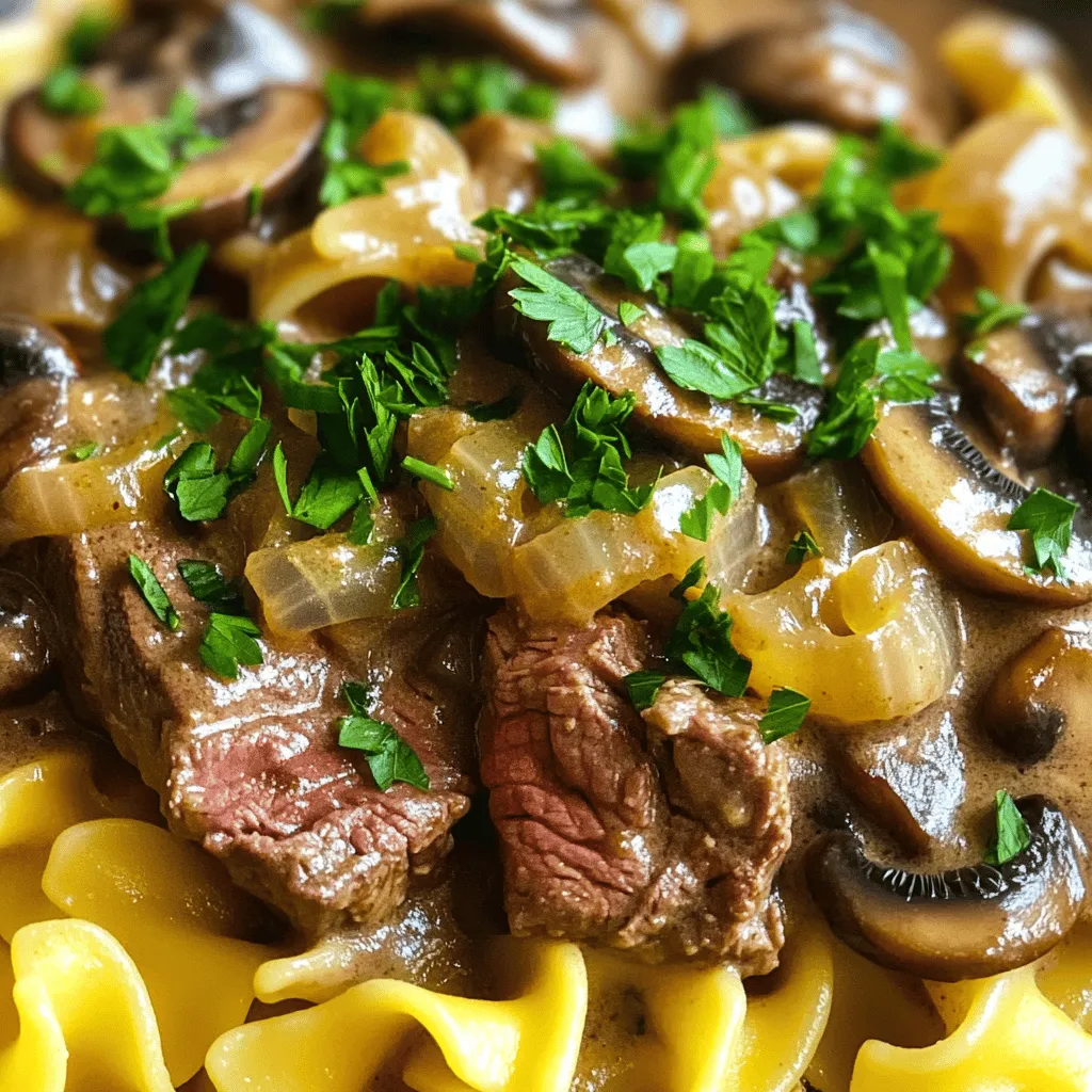 - 1.5 lbs beef sirloin, thinly sliced - 1 medium onion, finely chopped - 3 cloves garlic, minced - 8 oz button mushrooms, sliced - 1 cup beef broth - 1 tablespoon Worcestershire sauce - 1 teaspoon Dijon mustard - 2 tablespoons olive oil - 1 tablespoon soy sauce - 1 teaspoon paprika - 1 cup sour cream - 2 tablespoons all-purpose flour - Salt and pepper to taste - Chopped fresh parsley, for garnish - 8 oz egg noodles (for serving) Getting the right ingredients is key for your Instant Pot beef stroganoff. You want to pick quality beef sirloin. Thin slices help it cook fast and stay tender. A medium onion adds sweetness and depth. Fresh garlic gives a lovely aroma. Use button mushrooms for their mild taste. For the broth, choose a good beef broth. It adds rich flavor. Worcestershire sauce and Dijon mustard bring umami notes. The soy sauce and paprika enhance the dish's overall taste. Sour cream adds creaminess, while flour thickens the sauce. Seasoning with salt and pepper is vital to balance flavors. Fresh parsley makes a nice garnish and adds color. Don't forget the egg noodles; they are the perfect base for this meal. Check out the full recipe for more tips and tricks to make this dish shine! - Set the Instant Pot to sauté mode. - Add olive oil and let it heat up. Start by heating the olive oil in your Instant Pot. This step is crucial. It helps to create a nice base for your dish. The oil should shimmer but not smoke. - Sauté onions and garlic until translucent. - Incorporate mushrooms, sauté until moisture is released. - Add beef sirloin and sear on all sides. Next, toss in the chopped onion and minced garlic. Stir them until the onions turn soft and clear. This takes about three minutes. Then, add the sliced mushrooms. Keep stirring until they give off their moisture. After that, mix in the beef sirloin. Season with salt, pepper, and paprika. Cook until the beef is browned on all sides, which usually takes five to seven minutes. - Pour in broth and sauces; close lid and cook on high pressure. - Natural release pressure, then quick release remaining pressure. Now, it’s time for the magic of pressure cooking. Pour in the beef broth, Worcestershire sauce, soy sauce, and Dijon mustard. Stir well to combine everything. Secure the lid and set the pot to high pressure for ten minutes. After the timer goes off, let it sit for five minutes. This is called natural release. Then, carefully do a quick release to let out any remaining steam. - Whisk sour cream and flour; temper with hot beef mixture. - Combine back into Instant Pot and simmer to thicken. - Cook egg noodles as directed and serve over noodles. In a small bowl, whisk together the sour cream and flour until smooth. Scoop out some hot beef mixture and slowly mix it into the sour cream. This step is important to avoid lumps. Pour this mixture back into the Instant Pot and stir it well. Let it simmer for a few minutes to thicken. While that’s happening, cook your egg noodles according to the package. Once everything is ready, serve the beef stroganoff over the noodles. Enjoy your meal! For the full recipe, check the provided details. - Use thinly sliced beef for even cooking. This helps all pieces cook the same way. - Avoid overcrowding the pot for better browning. This keeps the meat juicy and tasty. - Add a splash of red wine for richer flavor. It deepens the taste and adds complexity. - Stir in fresh herbs like thyme or rosemary for aroma. These herbs bring freshness to the dish. - If sauce is too thin, simmer uncovered for a few minutes. This will help it thicken nicely. - Adjust salt and pepper to personal taste preferences. Always taste as you go to get it just right. {{image_2}} You can easily make this dish gluten-free. Just swap the egg noodles for gluten-free pasta or zucchini noodles. This keeps the meal light and tasty. I love using spiralized zucchini for a fresh twist. It absorbs the sauce well and adds a nice crunch. If you prefer a vegetarian meal, simply replace the beef with mushrooms. Use a mix of cremini and portobello for great flavor. Add vegetable broth instead of beef broth to keep it rich and savory. This will give you a hearty dish that everyone will enjoy. For a lighter option, you can use chicken or turkey instead of beef. Thinly slice the meat and follow the same cooking steps. Both chicken and turkey absorb the flavors nicely, making a delicious alternative. You will end up with a dish that’s just as comforting but with a different taste. Store your beef stroganoff in an airtight container in the refrigerator. It will stay fresh for up to 3 days. Make sure to let it cool before you seal it up. This helps maintain its flavor and texture. You can freeze the stroganoff if you want to save it for later. Use portioned containers and freeze for up to 2 months. When you want to eat it, just take it out and let it thaw in the fridge overnight. To reheat, do it gently. You can use the stove or microwave. If it looks a bit thick, add a splash of broth to bring it back to life. Stir well as you reheat to ensure even warmth. Enjoy it just like the first time! Total cooking time is approximately 35 minutes, including preparation and pressure release. This quick cooking method makes it easy to enjoy a hearty meal without spending hours in the kitchen. Yes, you can prepare it ahead and store it in the fridge for up to 3 days. Just make sure to keep it in an airtight container. This makes it easy to have a delicious meal ready to go for busy days. Serve with egg noodles, rice, or mashed potatoes, along with a side of vegetables. These sides soak up the tasty sauce, making each bite even better. You can also add some fresh bread for a complete meal. You can whisk in additional flour or let it simmer longer until desired thickness. If you want a creamier sauce, try adding more sour cream at the end. This gives that rich flavor we all love in beef stroganoff. This recipe shows how to make a tasty Instant Pot Beef Stroganoff. You’ve learned about the main ingredients, cooking steps, and tips to enhance flavor. I included variations like gluten-free and vegetarian options to suit your needs. Remember, storing leftovers properly can save time later. Enjoy your meal on noodles or rice for a satisfying dish. Happy cooking and experimenting with your own flavors!