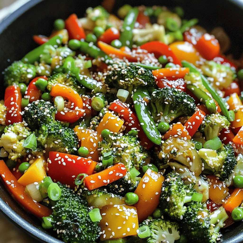 - 2 tablespoons vegetable oil - 1 cup broccoli florets - 1 bell pepper (red or yellow), sliced - 1 medium carrot, julienned - 1 cup snap peas - 2 cloves garlic, minced - 1-inch piece of ginger, grated - 3 tablespoons soy sauce (low sodium) - 1 tablespoon sesame oil - 1 tablespoon sesame seeds (toasted) - Salt and pepper to taste - 2 green onions, chopped (for garnish) Choosing fresh veggies makes a big difference in taste. Look for bright colors and firm textures. When picking broccoli, ensure the florets are tight and green. For bell peppers, choose ones that feel heavy for their size. Carrots should be firm with a vibrant hue. Snap peas need to be crisp and bright. - Pick firm, bright vegetables for the best flavor. - Store veggies in a cool, dark place to keep them fresh longer. - Use them within a few days for the best taste and nutrients. - Add sliced mushrooms for earthiness. - Top with crushed peanuts for crunch. - Drizzle extra soy sauce or a splash of hot sauce for more kick. Feel free to explore and mix your favorite veggies. You can find the full recipe for this dish to guide you through the steps. Enjoy cooking! Start by washing the vegetables well. Rinse broccoli and snap peas under cold water. Use a clean cutting board to chop. Cut broccoli into bite-sized florets. Slice the bell pepper thinly. Julienne the carrot into long strips. Mince the garlic and grate the ginger. Having all the veggies ready makes cooking easy. Heat the vegetable oil in a large skillet or wok. Turn the heat to medium-high until the oil shimmers. This signals it's ready for cooking. Add the minced garlic and grated ginger. Stir them quickly in the hot oil for about 30 seconds. This step releases their aroma. Watch closely to avoid burning. Now, toss in the broccoli, bell pepper, carrot, and snap peas. Stir-fry these vegetables for about 5-7 minutes. You want them to be tender but still crisp. Pour in the soy sauce and sesame oil next. Stir well to coat all the veggies evenly. Cook for another 2 minutes to heat through. Finally, sprinkle sesame seeds on top. Season with salt and pepper to taste. Stir once more to blend all the flavors. For the full recipe, check the earlier section. To save time, prep your veggies ahead of time. Wash and chop them into bite-sized pieces. You can store them in the fridge for up to three days. This way, when you're ready to cook, everything is at your fingertips. Also, consider using pre-cut vegetables from the store. They can cut down your prep time significantly. Seasonings and sauces can make your stir-fry burst with flavor. I recommend using low-sodium soy sauce for a savory taste. Sesame oil adds a nice nutty flavor. You can also experiment with chili flakes for some heat or a splash of rice vinegar for tanginess. Feel free to mix and match according to your preferences! For stir-frying, I suggest using a large skillet or a wok. A wok heats evenly and allows the food to cook quickly. If you don’t have a wok, a sturdy skillet will work just fine. Make sure it's big enough to hold all your veggies without overcrowding. This helps them cook evenly and maintain that nice, crisp texture. For the full recipe, check out the Quick Veggie Stir-Fry section above. {{image_2}} You can add protein to your veggie stir-fry for a filling meal. Tofu is a great choice. Choose firm tofu for the best texture. Press it to remove water, then cut it into cubes. Sauté the cubes until golden brown before adding vegetables. Chicken is another option. Use boneless, skinless chicken breast. Cut it into small pieces and cook it first in the hot oil. Once it’s no longer pink, add your veggies. Shrimp cooks quickly and adds a nice flavor. Peel and devein the shrimp. Toss them in the skillet after the garlic and ginger. Cook until they turn pink, then add your veggies. Feel free to swap in your favorite vegetables. Zucchini, asparagus, or mushrooms work well. You can also use seasonal veggies like squash in the summer or Brussels sprouts in the fall. Try adding leafy greens, like spinach or kale, for extra nutrients. Just throw them in near the end of cooking. They wilt quickly and add a lovely color. You can easily make this dish gluten-free. Use tamari instead of soy sauce. This swap keeps the flavor while removing gluten. If you want a vegan option, use tofu and skip any animal proteins. You can also add nuts for extra crunch. For a low-carb meal, skip the rice and serve the stir-fry alone. Enjoy this quick meal any night of the week. For the full recipe, check out the instructions above. To keep your Quick Veggie Stir-Fry fresh, store it in an airtight container. Let it cool to room temperature before sealing. This prevents moisture build-up. Place the container in the fridge. Your stir-fry will stay good for about 3 to 4 days. If you have leftovers, label the container with the date. This way, you won't forget when you made it. You can freeze this stir-fry if you want a quick meal later. First, let it cool completely. Then, place it in a freezer-safe bag or container. Squeeze out as much air as possible before sealing. This helps prevent freezer burn. The stir-fry can be frozen for up to 3 months. When ready to eat, just thaw it in the fridge overnight. Reheating your stir-fry is easy. You can use a microwave or a skillet. If using a microwave, place the stir-fry in a bowl and cover it. Heat in 30-second intervals until hot. Stir between intervals to heat evenly. If using a skillet, add a splash of water or oil. Heat it on low, stirring until warmed through. This way, you keep the texture and flavor intact. Enjoy your meal! You can make a veggie stir-fry without oil by using water or broth. Start by heating a non-stick pan or wok over medium heat. Add your chopped vegetables directly to the pan. Then, pour in a little water or vegetable broth, just enough to create steam. Cover the pan to help the vegetables cook through. Stir occasionally to prevent sticking. This method keeps the veggies crisp and full of nutrients. Yes, you can make this recipe ahead of time. Cook the stir-fry as instructed and let it cool completely. Store it in an airtight container in the fridge for up to three days. When you're ready to eat, simply reheat it in a pan or microwave. The flavors will blend nicely, making it even tastier. For a complete meal, serve your veggie stir-fry with rice or soba noodles. Both options pair well and add heartiness to your dish. You can also add some protein like tofu or chicken to enhance the meal's nutrition. Enjoy your colorful plate with a splash of soy sauce for extra flavor. In this blog post, I shared how to make a delicious veggie stir-fry using fresh ingredients. We covered the important veggies to choose, step-by-step cooking methods, and tips to save time. I shared ideas for protein additions and variations for different diets. Remember to store leftovers properly and use the right reheating methods to keep your meal tasty. With these tips, you can enjoy a great stir-fry any time, using what you love. Happy cooking!