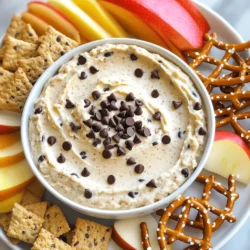 - 1 cup all-purpose flour (heat-treated for safety) - 1/2 cup unsalted butter, softened - 1/2 cup brown sugar, packed - 1/4 cup granulated sugar - 1 teaspoon vanilla extract - 1/4 teaspoon salt - 1/4 cup heavy cream - 1/2 cup mini chocolate chips The first ingredient is all-purpose flour. Heat-treating it makes the dip safe to eat. You can heat-treat flour by baking it at 350°F for five minutes. Next, we need unsalted butter. It should be soft to mix well. Brown sugar adds a nice depth of flavor. Granulated sugar gives the dip sweetness. Vanilla extract enhances the rich taste. A pinch of salt balances the sweetness. Heavy cream makes the dip smooth and creamy. Finally, mini chocolate chips add fun bursts of chocolate. This combination creates a rich and sweet dip. - Graham crackers - Apple slices - Pretzels Dippers make this treat even more fun. Graham crackers add crunch and sweetness. Apple slices offer a fresh and juicy contrast. Pretzels bring a salty flavor that pairs well with the dip. You can mix and match these options. Each dipper gives a different taste and texture experience. For the full recipe, check out the complete instructions to make this dip. Enjoy creating your own tasty and simple Chocolate Chip Cookie Dough Dip! 1. Creaming the butter and sugars To start, take a medium bowl. Add the softened butter, brown sugar, and granulated sugar. Mix them together until the blend is light and fluffy. This step adds air, making your dip soft. 2. Mixing in vanilla and salt Next, stir in the vanilla extract and salt. Make sure these ingredients are well combined. The vanilla gives a nice flavor, while the salt enhances the sweetness. 3. Incorporating flour and cream Gradually add the heat-treated flour into the mixture. Alternate this with the heavy cream. Keep mixing until the dip is smooth and creamy. If you want a thinner dip, just add more cream until it reaches your liking. 1. Folding in chocolate chips Now it's time to add the mini chocolate chips. Gently fold them into the dip. This ensures an even spread of chocolate in every bite. 2. Chilling the dip Transfer your dip to a serving bowl. Place it in the fridge for about 30 minutes. This helps the flavors blend better and makes the dip even tastier. 3. Serving suggestions Serve your dip with fun dippers like graham crackers, apple slices, or pretzels. You can arrange them around the dip for a colorful display. This makes it look inviting and ready to enjoy! To make the best Chocolate Chip Cookie Dough Dip, focus on the dip's texture. You want it smooth and creamy. If it feels too thick, add more cream. Just a splash will do! If it’s too runny, mix in a bit more heat-treated flour. Heat-treating flour is key for safety. To do this, spread the flour on a baking sheet. Bake it at 350°F (175°C) for about five minutes. Let it cool before using. This step makes your dip safe and tasty. Garnishing your dip adds a fun touch. Sprinkle mini chocolate chips on top for a sweet look. You can also add a drizzle of chocolate sauce for extra flair. It makes the dip look fancy and inviting. For serving, arrange your dippers around the dip. Use colorful options like apple slices and pretzels. This not only looks great but also offers fun choices for everyone. Make sure to have a mix of sweet and salty dippers to please all tastes. {{image_2}} You can change the flavor of your dip with fun add-ins. Try mixing in chopped nuts like walnuts or pecans for a nice crunch. If you love a certain flavor, add a splash of flavored extract. Almond or maple extracts can add a special twist. To make it healthier, swap some ingredients. Use a low-fat cream cheese instead of butter for a lighter texture. You can also use coconut sugar instead of brown sugar for a lower glycemic index. Greek yogurt can replace heavy cream for a protein boost and a creamy taste. Your dip can fit any holiday with themed dippers. For Halloween, use ghost-shaped cookies or orange and black fruit like tangerines and blueberries. In spring, fresh strawberries or bunny-shaped crackers can brighten up your table. Get creative with dippers beyond the usual options. Instead of graham crackers, try crunchy pretzels for a salty-sweet combo. Apple slices add a fresh crunch, while banana chips bring a chewy texture. The Full Recipe gives you a solid base, but feel free to mix and match! To store your leftover Chocolate Chip Cookie Dough Dip, place it in an airtight container. This keeps it fresh and tasty. Make sure to seal the lid tightly. In the fridge, this dip lasts about 3 to 5 days. If you notice any change in smell or texture, it's best to throw it away. Yes, you can freeze Chocolate Chip Cookie Dough Dip! Just scoop it into a freezer-safe container. Leave some space at the top, as it may expand. It will keep well for up to 3 months. When you're ready to enjoy it, move the container to the fridge overnight. After thawing, stir the dip gently to bring back its creamy texture. Serve it cold with your favorite dippers. What is Chocolate Chip Cookie Dough Dip made of? Chocolate Chip Cookie Dough Dip contains simple ingredients. You will need: - 1 cup all-purpose flour (heat-treated for safety) - 1/2 cup unsalted butter, softened - 1/2 cup brown sugar, packed - 1/4 cup granulated sugar - 1 teaspoon vanilla extract - 1/4 teaspoon salt - 1/4 cup heavy cream - 1/2 cup mini chocolate chips This mix creates a sweet and creamy dip that tastes like cookie dough! How do you heat-treat flour? Heat-treating flour is easy. Spread flour on a baking sheet. Bake it at 350°F for about 5 minutes. This kills any bacteria and makes it safe to eat raw. Let it cool before using it in your dip. Can I make this dip ahead of time? Yes, you can make this dip ahead of time! Prepare it and store it in the fridge for up to three days. The flavors will blend well and taste even better. What can I dip in Chocolate Chip Cookie Dough Dip? You can dip many tasty things! Some fun options include: - Graham crackers - Apple slices - Pretzels Feel free to get creative and try other snacks! Is this dip safe to eat raw? Yes, it is safe to eat! Just make sure to heat-treat the flour first. This step ensures that your dip is safe to enjoy. Can I substitute ingredients for vegan or gluten-free options? Absolutely! For a vegan dip, use vegan butter and a dairy-free cream. For gluten-free, swap regular flour with a gluten-free blend. These changes will keep the dip tasty and safe for everyone! For the full recipe, check the ingredients and instructions above. Enjoy your delicious Chocolate Chip Cookie Dough Dip! This blog post explored how to make delicious Chocolate Chip Cookie Dough Dip. We discussed the key ingredients and how to prepare them. You learned tips to perfect the dip and variations to tailor it to your taste. Lastly, we covered storage methods to keep it fresh. Enjoy making this fun treat for any gathering. With easy steps and flavorful choices, your dip will impress everyone.