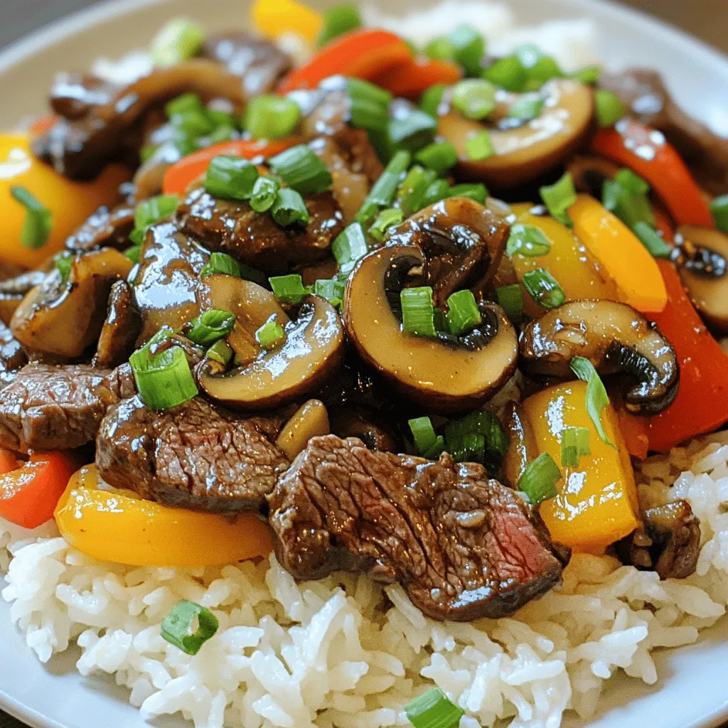 - 1 lb (450g) beef sirloin, thinly sliced against the grain - 1 cup shiitake mushrooms, sliced - 1 bell pepper, thinly sliced (any color) To make this dish shine, I choose beef sirloin for its tender texture. It cooks quickly and holds flavor well. Shiitake mushrooms add a rich, earthy taste and chewy texture. You can pick any color bell pepper, but red or yellow adds sweetness. - 3 tablespoons soy sauce - 1 tablespoon oyster sauce - 1 tablespoon hoisin sauce These sauces bring depth to the dish. Soy sauce adds saltiness and umami. Oyster sauce gives it a hint of sweetness. Hoisin sauce complements with its rich flavor profile. Together, they create a savory base that pulls all the flavors together. - 2 green onions, sliced for garnish - Cooked jasmine rice or noodles, for serving Green onions add a fresh crunch and a pop of color. Serve this stir-fry over fluffy jasmine rice or noodles. They soak up the sauce and balance the dish nicely. For more tips on serving, check out the Full Recipe. To start, you need to marinate the beef. In a bowl, combine the sliced beef with 1 tablespoon of soy sauce, 1 teaspoon of sesame oil, and a pinch of salt and pepper. Mix it well. Let the beef marinate for at least 15 minutes. This step adds flavor and helps tenderize the meat. Next, you will prepare the stir-fry sauce. Gather these ingredients: 2 tablespoons of soy sauce, 1 tablespoon of oyster sauce, and 1 tablespoon of hoisin sauce. In a small bowl, whisk together these sauces and add a dash of pepper. Make sure to mix it until it’s smooth. Set the sauce aside for later. Now, it’s time to cook the beef. Heat vegetable oil in a large pan or wok over medium-high heat. Once the oil is hot, add the marinated beef. Spread it out into a single layer. Sear the beef for about 2-3 minutes until it turns brown. Flip the beef and cook for another 2 minutes. Once cooked, remove the beef from the pan and set it aside. In the same pan, add a little more oil if needed. Toss in the sliced onions, bell pepper, shiitake mushrooms, minced garlic, and ginger. Stir-fry everything for about 5 minutes. You want the vegetables to be tender but still crisp. Now, return the cooked beef to the pan with the vegetables. Pour the stir-fry sauce over the mixture. Toss everything together until well mixed. Cook for an additional 2-3 minutes. This helps the flavors blend well, making your dish more delicious. For serving, plate the beef and mushroom stir-fry over a bed of jasmine rice or noodles. This adds a nice base to your dish. Finally, sprinkle sliced green onions on top for garnish. This adds a fresh touch that enhances the look and flavor of your meal. For stir-frying, I recommend using beef sirloin. It is tender and flavorful. You can also use flank steak or ribeye. When slicing beef, always cut against the grain. This keeps the meat tender and easy to chew. Aim for thin slices, about 1/4 inch thick. Use a sharp knife for the best results. Feel free to switch up the vegetables! You can use broccoli, snap peas, or carrots. Each adds unique flavors and texture. If you like it spicy, add sliced chili peppers or a dash of hot sauce. You can even adjust the sauce to make it sweeter or saltier. Personalize it to your taste! To get tender beef, don’t overcrowd the pan. Cook in small batches if needed. This helps the beef sear nicely. For crisp vegetables, stir-fry them over high heat. Keep them moving in the pan to avoid overcooking. Aim for a bright color and slight crunch. This way, your dish stays fresh and vibrant! {{image_2}} To store leftovers, place them in an airtight container. This helps keep the dish fresh and tasty. The beef stir-fry will last about 3 to 4 days in the fridge. Make sure to let it cool before sealing it up. For reheating, use a skillet or microwave. If using a skillet, add a splash of water or soy sauce. This keeps the beef juicy and the veggies crisp. Heat on medium until warmed through. In the microwave, cover the dish with a damp paper towel. This traps steam and helps keep the dish moist. To freeze the dish, let it cool completely. Place it in a freezer-safe container and seal it tightly. This dish can be frozen for up to 3 months. When you’re ready to eat, thaw it in the fridge overnight. Reheat it in a skillet for the best texture. You can easily make this dish vegetarian. Just swap the beef with tofu. Use firm tofu for better texture. Cut it into bite-sized pieces. Marinate it just like you would the beef. For the sauce, switch to plant-based options like soy sauce and mushroom sauce. This keeps the umami flavor without meat. If you need a gluten-free meal, avoid soy sauce with wheat. Use tamari instead. Check other sauces too. Some may have gluten. Use cornstarch to thicken your sauce if needed. It gives the same texture without the gluten. Want heat? Add chili flakes or hot sauce to your stir-fry. Start with a little, then taste. You can always add more. Balance the heat with a touch of honey or sugar. This gives the dish a nice kick without losing flavor. Yes, you can use other mushrooms in this dish. If you can't find shiitake, try these options: - Button mushrooms - Cremini mushrooms - Portobello mushrooms (slice thinly) Each type brings its unique flavor. For instance, cremini mushrooms add a deeper taste. Feel free to mix and match to find your favorite combo! For this stir-fry, jasmine rice is a great choice. It’s fragrant and fluffy. If you prefer noodles, try these options: - Rice noodles - Soba noodles - Udon noodles These accompaniments soak up the sauce nicely. Choose what you enjoy most! Making this dish ahead is easy. You can prep the beef and veggies in advance. Follow these tips: - Marinate the beef the night before. This adds flavor. - Chop the vegetables and store them in the fridge. - Cook the dish just before serving for the best taste. This way, you save time and enjoy fresh flavors! For the complete recipe, check the Full Recipe section above. In this blog post, we explored a tasty stir-fry dish. We covered key ingredients like beef sirloin and shiitake mushrooms. Flavor enhancers such as soy sauce added depth. I shared step-by-step instructions for marinating, cooking, and serving. You learned tips for perfect texture and variations to suit your dietary needs. Remember, cooking is about creativity and fun. With these tips, you can make a delicious meal every time. Enjoy your cooking adventure!