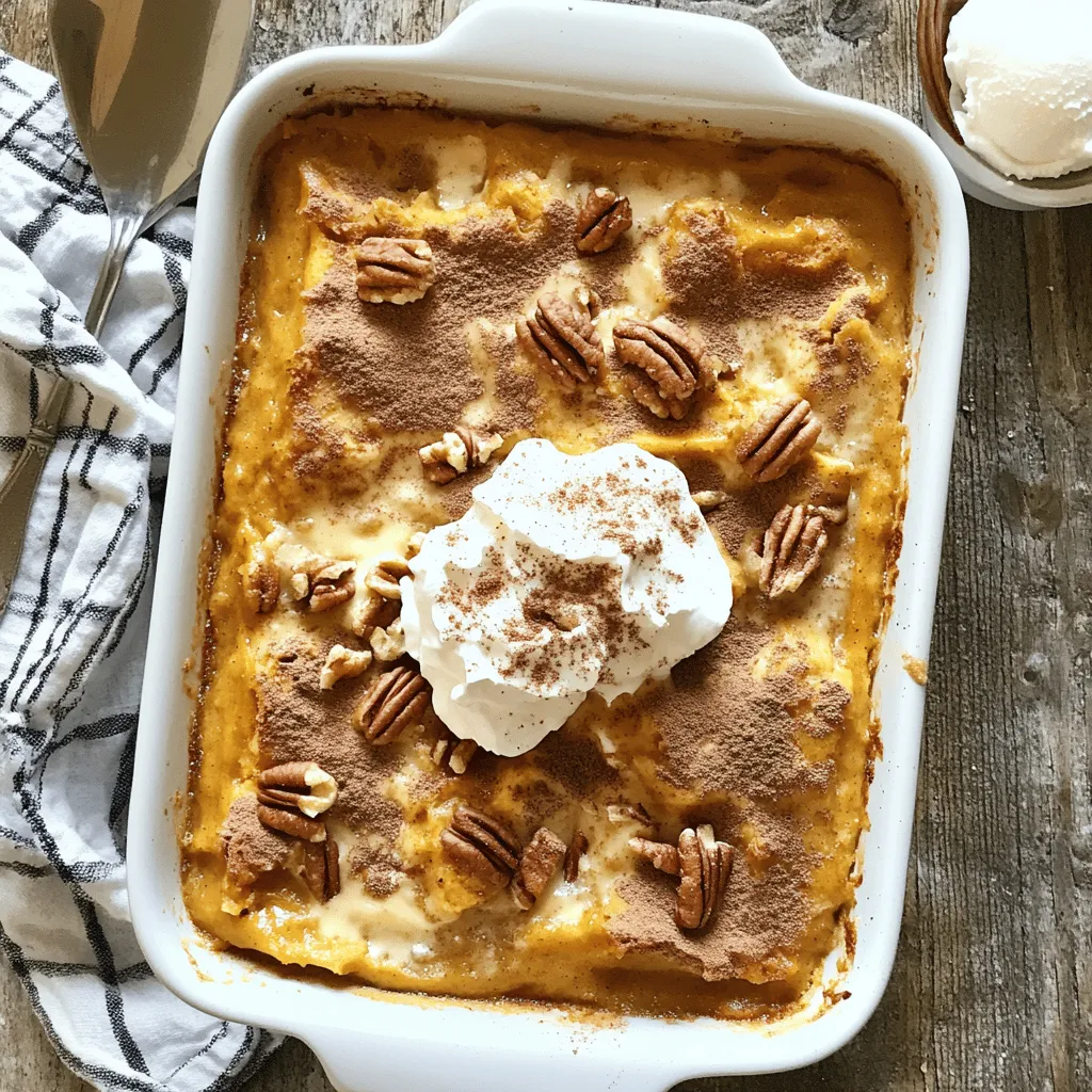 To make the best pumpkin pie dump cake, you need a few key items: - 1 can (15 oz) pumpkin puree - 1 can (14 oz) sweetened condensed milk - 2 large eggs - 1 teaspoon vanilla extract - 1 tablespoon pumpkin pie spice - 1 teaspoon cinnamon - 1 box yellow cake mix - 1 cup unsalted butter, melted These ingredients create the sweet and creamy base that makes this dessert shine. The pumpkin puree gives it that classic pumpkin flavor, while the sweetened condensed milk adds a rich creaminess. Eggs help bind everything together. You can also add some extras for more taste: - 1 cup chopped pecans (optional) Adding pecans gives a lovely crunch. They also add a nutty flavor that pairs well with pumpkin. If you want to make it even more special, consider a scoop of whipped cream or vanilla ice cream to serve on top. To make this dessert easy, gather these tools: - 9x13 inch baking dish - Mixing bowls - Spatula - Measuring cups and spoons - Whisk or electric mixer These tools make the process smooth. You’ll mix the ingredients, layer them, and bake everything in the baking dish. Following this setup helps create a lovely, golden brown cake that will impress everyone. For the full recipe, check out the details provided earlier. First, grab a big bowl. Add one can of pumpkin puree, one can of sweetened condensed milk, and two large eggs. Then, pour in one teaspoon of vanilla extract. Next, add one tablespoon of pumpkin pie spice and one teaspoon of cinnamon. Mix everything until it’s smooth and creamy. This mixture gives your dump cake its rich flavor. Now, take your greased baking dish and spread the pumpkin mixture evenly in it. Next, open the box of yellow cake mix. Sprinkle the dry cake mix evenly over the pumpkin layer. Make sure to cover it all. Then, drizzle the melted butter over the cake mix. Use a spatula to help moisten all the mix. If you like nuts, you can sprinkle one cup of chopped pecans on top. Set your oven to 350°F (175°C) to preheat. Once it’s hot, place your dish inside. Bake for 40 to 45 minutes. The top should turn golden brown. To check if it's done, insert a toothpick. If it comes out clean, your cake is ready. When the cake is done, pull it out and let it cool for a bit. It’s best served warm. Add a dollop of whipped cream or a scoop of vanilla ice cream on the side. For a pretty touch, sprinkle a little more cinnamon or pumpkin pie spice on top. This makes your dessert even more inviting. Enjoy your Pumpkin Pie Dump Cake! For the full recipe, check out the details above. To get the perfect texture in your Pumpkin Pie Dump Cake, focus on the layering. Start with the pumpkin mixture. It should be smooth and creamy. Make sure you mix it well. This ensures even spreading. When you add the cake mix, do it gently. You want to keep some air in the layers. Drizzling melted butter evenly helps achieve that nice, golden top. Bake until the top is brown and a toothpick comes out clean. This means your cake is fluffy and moist. You can make this cake a day ahead. Just follow the recipe, then cool it completely. Cover it well and store it in the fridge. When you are ready to serve, warm it slightly in the oven. Do not bake it again; it can dry out. If you want to store it longer, freeze it instead. Just remember to wrap it tightly in plastic wrap. For best taste, eat it within three months. This cake shines at any gathering! Serve it warm for a cozy feel. Add a scoop of vanilla ice cream or a dollop of whipped cream on top. You can also sprinkle extra cinnamon or pumpkin pie spice for flair. For a fun twist, pair it with coffee or chai tea. Your guests will love this tasty treat. Plus, it looks beautiful on the table! For the full recipe, check back to enjoy all the flavors. {{image_2}} You can make a gluten-free version of this dump cake. Start by swapping the yellow cake mix with a gluten-free cake mix. Many brands offer great gluten-free options. Just check the label to ensure it fits your needs. The rest of the recipe stays the same. You will still enjoy that rich pumpkin flavor, but without gluten. If you want a vegan version, you can easily switch some ingredients. Use coconut milk instead of sweetened condensed milk. This gives a nice creamy texture. For the eggs, replace them with flax eggs. Just mix one tablespoon of flaxseed meal with three tablespoons of water for each egg. Let it sit for a few minutes to thicken. With these swaps, your pumpkin pie dump cake will be plant-based and still delicious! Want to spice things up? Try adding chocolate or caramel! You can mix in chocolate chips right into the pumpkin mixture. Dark chocolate or semi-sweet works well for this. For caramel, drizzle some over the top before baking. You can also swirl it into the pumpkin mixture for added sweetness. These flavors bring a new twist to the classic cake. Each bite will be a tasty surprise! Check out the Full Recipe to get started on making this delightful dessert today! To keep your Pumpkin Pie Dump Cake fresh, store it in an airtight container. If you don't have one, cover the dish tightly with plastic wrap or aluminum foil. This helps to keep moisture in and prevents the cake from drying out. Make sure to let it cool to room temperature before storing. When stored properly, your dump cake lasts about 3 to 5 days in the fridge. If you want to keep it longer, consider freezing it. It can stay good for up to 2 months in the freezer. Just remember to wrap it well to avoid freezer burn. When you're ready to enjoy your Pumpkin Pie Dump Cake again, preheat your oven to 350°F (175°C). Place the cake in an oven-safe dish. Warm it for about 15 to 20 minutes. If you're in a hurry, you can microwave slices for about 30 seconds. Just be careful not to overheat, as it can make the cake tough. For the best taste, serve it warm with whipped cream or vanilla ice cream on the side. A dump cake is a simple dessert. You combine ingredients in one dish, then bake. It is quick and easy. The name comes from how you "dump" everything in. For Pumpkin Pie Dump Cake, you mix pumpkin puree, sweetened condensed milk, and spices. Then, you top it with cake mix and butter. It creates a moist cake with a crisp top. Yes, you can make Pumpkin Pie Dump Cake ahead of time. Prepare the cake and bake it as usual. Once it cools, cover it and store it in the fridge. It stays fresh for about three days. You can also freeze it for longer storage. Just make sure to thaw it in the fridge before serving. You can change some ingredients in this recipe. For example, if you want a lighter option, use low-fat condensed milk. You can also swap the yellow cake mix for a spice cake mix for more flavor. If you have nut allergies, leave out the pecans. Just be sure to keep the main ingredients, like pumpkin and eggs, for the best result. This blog post showed you how to make a tasty Pumpkin Pie Dump Cake. We covered the key ingredients, tools, and step-by-step instructions. I shared tips for the best texture and how to prepare ahead. You learned about flavor variations and how to store it well. Enjoy this easy dessert for any festive occasion. With these tips, you can impress everyone with your baking skills!